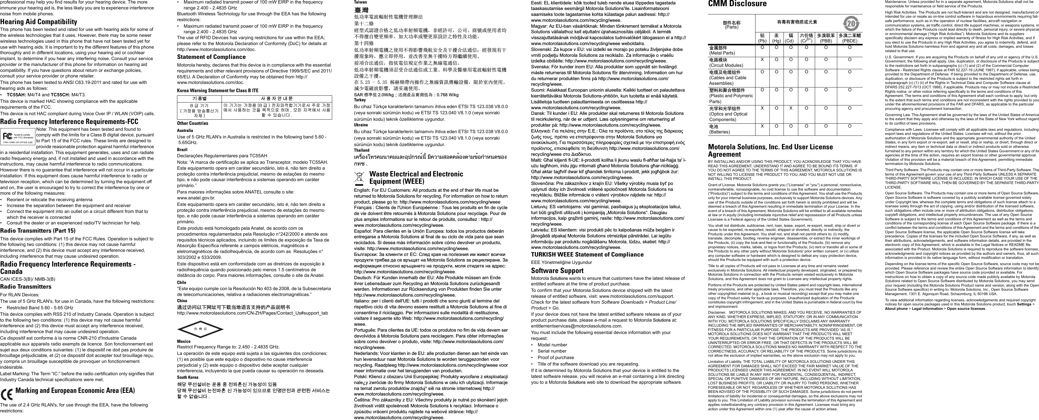 professional may help you find results for your hearing device. The more immune your hearing aid is, the less likely you are to experience interference noise from mobile phones.Hearing Aid CompatibilityThis phone has been tested and rated for use with hearing aids for some of the wireless technologies that it uses. However, there may be some newer wireless technologies used in this phone that have not been tested yet for use with hearing aids. It is important to try the different features of this phone thoroughly and in different locations, using your hearing aid or cochlear implant, to determine if you hear any interfering noise. Consult your service provider or the manufacturer of this phone for information on hearing aid compatibility. If you have questions about return or exchange policies, consult your service provider or phone retailer.This phone has been tested to ANSI C63.19-2011 and rated for use with hearing aids as follows:•TC55AH: M4/T4 and TC55CH: M4/T3.This device is marked HAC showing compliance with the applicable requirements of the FCC.This device is not HAC compliant during Voice Over IP / WLAN (VOIP) calls.Radio Frequency Interference Requirements-FCCNote: This equipment has been tested and found to comply with the limits for a Class B digital device, pursuant to Part 15 of the FCC rules. These limits are designed to provide reasonable protection against harmful interference in a residential installation. This equipment generates, uses and can radiate radio frequency energy and, if not installed and used in accordance with the instructions, may cause harmful interference to radio communications. However there is no guarantee that interference will not occur in a particular installation. If this equipment does cause harmful interference to radio or television reception, which can be determined by turning the equipment off and on, the user is encouraged to try to correct the interference by one or more of the following measures:• Reorient or relocate the receiving antenna• Increase the separation between the equipment and receiver• Connect the equipment into an outlet on a circuit different from that to which the receiver is connected• Consult the dealer or an experienced radio/TV technician for help.Radio Transmitters (Part 15)This device complies with Part 15 of the FCC Rules. Operation is subject to the following two conditions: (1) this device may not cause harmful interference, and (2) this device must accept any interference received, including interference that may cause undesired operation.Radio Frequency Interference Requirements -CanadaCAN ICES-3(B)/ NMB-3(B)Radio TransmittersFor RLAN Devices:The use of 5 GHz RLAN&apos;s, for use in Canada, have the following restrictions:• Restricted Band 5.60 - 5.65 GHzThis device complies with RSS 210 of Industry Canada. Operation is subject to the following two conditions: (1) this device may not cause harmful interference and (2) this device must accept any interference received, including interference that may cause undesired operation.Ce dispositif est conforme à la norme CNR-210 d&apos;Industrie Canada applicable aux appareils radio exempts de licence. Son fonctionnement est sujet aux deux conditions suivantes: (1) le dispositif ne doit pas produire de brouillage préjudiciable, et (2) ce dispositif doit accepter tout brouillage reçu, y compris un brouillage susceptible de provoquer un fonctionnement indésirable.Label Marking: The Term “IC:” before the radio certification only signifies that Industry Canada technical specifications were met.The use of 2.4 GHz RLAN&apos;s, for use through the EEA, have the following restrictions:• Maximum radiated transmit power of 100 mW EIRP in the frequency range 2.400 - 2.4835 GHzBluetooth Wireless Technology for use through the EEA has the following restrictions:• Maximum radiated transmit power of 100 mW EIRP in the frequency range 2.400 - 2.4835 GHzThe use of RFID Devices has varying restrictions for use within the EEA; please refer to the Motorola Declaration of Conformity (DoC) for details at http://www.motorolasolutions.com/doc.Statement of ComplianceMotorola hereby, declares that this device is in compliance with the essential requirements and other relevant provisions of Directive 1999/5/EC and 2011/65/EU. A Declaration of Conformity may be obtained from http://www.motorolasolutions.com/doc.Korea Warning Statement for Class B ITEOther CountriesAustraliaUse of 5 GHz RLAN&apos;s in Australia is restricted in the following band 5.60 - 5.65GHz.BrazilDeclarações Regulamentares para TC55AHNota: “A marca de certificação se aplica ao Transceptor, modelo TC55AH. Este equipamento opera em caráter secundário, isto é, não tem direito a proteção contra interferência prejudicial, mesmo de estações do mesmo tipo, e não pode causar interferência a sistemas operando em caráter primário.”Para maiores informações sobre ANATEL consulte o site: www.anatel.gov.br.Este equipamento opera em caráter secundário, isto é, não tem direito a proteção contra interferência prejudicial, mesmo de estações do mesmo tipo, e não pode causar interferência a sistemas operando em caráter primário.Este produto está homologado pela Anatel, de acordo com os procedimentos regulamentados pela Resolução n°242/2000 e atende aos requisitos técnicos aplicados, incluindo os limites de exposição da Taxa de Absorção Específica referente a campos elétricos, magnéticos e eletromagnéticos de radiofrequência, de acordo com as  Resoluções n° 303/2002 e 533/2009.Este dispositivo está em conformidade com as diretrizes de exposição à radiofrequência quando posicionado pelo menos 1.5 centímetros de distância do corpo. Para maiores informações, consulte o site da Anatel.Chile“Este equipo cumple con la Resolución No 403 de 2008, de la Subsecretaria de telecomunicaciones, relativa a radiaciones electromagnéticas.”China䙐䗽䇵䰤ԛс㖇൶ਥс䖳ᖉ൦䈣䀶᭥ᤷⲺӝ૷䈪᱄Ҝhttp://www.motorolasolutions.com/CN-ZH/Pages/Contact_Us#support_tabMexicoRestrict Frequency Range to: 2.450 - 2.4835 GHz.La operación de este equipo está sujeta a las siguientes dos condiciones: (1) es posible que este equipo o dispositivo no cause interferencia perjudicial y (2) este equipo o dispositivo debe aceptar cualquier interferencia, incluyendo la que pueda causar su operación no deseada.South Korea뼩鲮 ꓩ꫕꫙ꟹ鱉끩끞닆놹볁뿱겕閵鱚ꫦ넩넽넁鲮뼩ꓩ꫕꫙ꟹ鱉놹볁뿱겕閵鱚ꫦ넩넽냱ꕵꈑ넭ꐺ껽놹隱隵ꇝ鷑꫑ꟹ걙鱉뼕ꯍ꽻걪鱽鲙 Taiwan咉䋲վ࣏⦷䴫⌒䕫ሴᙗ䴫₏㇑⨶䗖⌅ㅜॱҼọ㏃රᔿ䂽䅹ਸṬѻվ࣏⦷ሴ乫䴫₏ˈ䶎㏃䁡ਟˈޜਨǃ୶㲏ᡆ֯⭘㘵൷нᗇ᫵㠚䆺ᴤ乫⦷ǃ࣐བྷ࣏⦷ᡆ䆺ᴤ৏䁝䀸ѻ⢩ᙗ৺࣏㜭Ǆㅜॱഋọվ࣏⦷ሴ乫䴫₏ѻ֯⭘нᗇᖡ丯伋㡚ᆹޘ৺ᒢᬮਸ⌅䙊ؑ˗㏃Ⲭ⨮ᴹᒢᬮ⨮䊑ᱲˈ៹・ণڌ⭘ˈі᭩ழ㠣❑ᒢᬮᱲᯩᗇ㒬㒼֯⭘Ǆࡽ丵ਸ⌅䙊ؑˈᤷ׍䴫ؑ㾿ᇊ֌ᾝѻ❑㐊䴫䙊ؑǄվ࣏⦷ሴ乫䴫₏丸ᗽਇਸ⌅䙊ؑᡆᐕᾝǃ、ᆨ৺䟛Ⱳ⭘䴫⌒䕫ሴᙗ䴫₏䁝ۉѻᒢᬮǄ൘ 〝䎛乫ᑦޗ᫽֌ѻ❑㐊䋷䀺ۣ䕨䁝ۉˈ䲀ᯬᇔޗ֯⭘Ǆ⑋ቁ䴫⻱⌒ᖡ丯ˈ䃻࿕䚙֯⭘Ǆ6$5 ⁉Ⓠ٬ :NJ᧷䘱⑜⭒૱ሖ⑜٬⛪᧶ :NJTurkeyBu cihaz Türkçe karakterlerin tamamını ihtiva eden ETSI TS 123.038 V8.0.0 (veya sonraki sürümün kodu) ve ETSI TS 123.040 V8.1.0 (veya sonraki sürümün kodu) teknik özelliklerine uygundur.UkraineBu cihaz Türkçe karakterlerin tamamını ihtiva eden ETSI TS 123.038 V8.0.0 (veya sonraki sürümün kodu) ve ETSI TS 123.040 V8.1.0 (veya sonraki sürümün kodu) teknik özelliklerine uygundur.Thailandࡳ࠻࡚࡮ࡻࡤ࠾ࡵࡎ࡚࠻ࡘࡐࡩ࠻ࡘࡴ࡜ࡧࡤ࡯ࡒ࠸࡚ࡊࡿࡐ࡬ࡼࡘ࡬࠻࡞ࡩࡘࡡࡤࡋ࠻࡜ࡼࡤ࠾ࡌࡩࡘ࠹ࡼࡤ࠸ࡪࡢࡐࡋ࠹ࡤ࠾࠸ࡎࡁ (QJOLVK)RU(8&amp;XVWRPHUV$OOSURGXFWVDWWKHHQGRIWKHLUOLIHPXVWEHUHWXUQHG WR 0RWRUROD 6ROXWLRQV IRU UHF\FOLQJ )RU LQIRUPDWLRQ RQ KRZ WR UHWXUQSURGXFWSOHDVHJRWRKWWSZZZPRWRURODVROXWLRQVFRPUHF\FOLQJZHHH)UDQ©DLV &amp;OLHQWVGHO8QLRQ(XURS«HQQH 7RXVOHVSURGXLWVHQILQGHF\FOHGHYLHGRLYHQW¬WUHUHWRXUQ«V¢0RWRUROD 6ROXWLRQVSRXUUHF\FODJH3RXUGHSOXVDPSOHVLQIRUPDWLRQVVXUOHUHWRXUGHSURGXLWVFRQVXOWH] KWWSZZZPRWRURODVROXWLRQVFRPUHF\FOLQJZHHH(VSD³RO3DUDFOLHQWHVHQOD8QLµQ(XURSHDWRGRVORVSURGXFWRVGHEHU£QHQWUHJDUVHD0RWRUROD 6ROXWLRQVDOILQDOGHVXFLFORGHYLGDSDUDTXHVHDQUHFLFODGRV6LGHVHDP£VLQIRUPDFLµQVREUHFµPRGHYROYHUXQSURGXFWRYLVLWHKWWSZZZPRWRURODVROXWLRQVFRPUHF\FOLQJZHHH̨͇͒͊͗͑͘͡͏̮͇͑͒͏͔͙͌͏͕͙̸̬̸͒͌͋͇͑͗ͦ͔͇͖͕͎͔͒͌͏ͦ͏͓͍͏͉͕͙͉͘͏͑͞͏͖͕͚͙͗͋͑͏ ͙͈͉͇͗ͦ ͇͋ ͌͘ ͉͇͙͗͡͠ ͔͇ 0RWRUROD 6ROXWLRQV ͎͇ ͗͌͝͏͑͒͏͇͔͗͌ ̮͇͏͔͕͓͇͛͗͝͏ͦ͕͙͔͕͔͕͘͉͇͔͙͕͗͌͡͠͔͇͖͕͚͙͗͋͑͏͓͕͒ͦ͕͙͏͙͋͌͌͔͇͇͋͗͌͘KWWSZZZPRWRURODVROXWLRQVFRPUHF\FOLQJZHHH.&apos;HXWVFK)¾U.XQGHQLQQHUKDOEGHU(8$OOH3URGXNWHP¾VVHQDP(QGHLKUHU/HEHQVGDXHU]XP5HF\FOLQJDQ0RWRUROD 6ROXWLRQV]XU¾FNJHVDQGWZHUGHQ,QIRUPDWLRQHQ]XU5¾FNVHQGXQJYRQ3URGXNWHQILQGHQ6LHXQWHUKWWSZZZPRWRURODVROXWLRQVFRPUHF\FOLQJZHHH,WDOLDQRSHULFOLHQWLGHOO8(WXWWLLSURGRWWLFKHVRQRJLXQWLDOWHUPLQHGHOULVSHWWLYRFLFORGLYLWDGHYRQRHVVHUHUHVWLWXLWLD0RWRUROD 6ROXWLRQVDOILQHGLFRQVHQWLUQHLOULFLFODJJLR3HULQIRUPD]LRQLVXOOHPRGDOLW¢GLUHVWLWX]LRQHYLVLWDUHLOVHJXHQWHVLWR:HEKWWSZZZPRWRURODVROXWLRQVFRPUHF\FOLQJZHHH3RUWXJX¬V 3DUD FOLHQWHV GD 8( WRGRV RV SURGXWRV QR ILP GH YLGD GHYHP VHUGHYROYLGRV¢0RWRUROD 6ROXWLRQVSDUDUHFLFODJHP3DUDREWHULQIRUPD©·HVVREUHFRPRGHYROYHURSURGXWRYLVLWHKWWSZZZPRWRURODVROXWLRQVFRPUHF\FOLQJZHHH1HGHUODQGV 9RRU NODQWHQ LQ GH (8 DOOH SURGXFWHQ GLHQHQ DDQ KHW HLQGH YDQKXQOHYHQVGXXUQDDU0RWRUROD 6ROXWLRQVWHZRUGHQWHUXJJH]RQGHQYRRUUHF\FOLQJ 5DDGSOHHJ KWWSZZZPRWRURODVROXWLRQVFRPUHF\FOLQJZHHH YRRUPHHULQIRUPDWLHRYHUKHWWHUXJ]HQGHQYDQSURGXFWHQ3ROVNL .OLHQFL ] REV]DUX 8QLL (XURSHMVNLHM 3URGXNW\ Z\FRIDQH ] HNVSORDWDFMLQDOH\ ]ZUµFL¨ GR ILUP\ 0RWRUROD 6ROXWLRQV Z FHOX LFK XW\OL]DFML ,QIRUPDFMHQDWHPDW]ZURWXSURGXNWµZ]QDMGXM{VL¬QDVWURQLHLQWHUQHWRZHMKWWSZZZPRWRURODVROXWLRQVFRPUHF\FOLQJZHHHÎHģWLQD 3UR]£ND]Q¯N\] (89ģHFKQ\SURGXNW\MHQXWQ«SRVNRQªHQ¯MHMLFKŀLYRWQRVWLYU£WLWVSROHªQRVWL0RWRUROD 6ROXWLRQVN UHF\NODFL,QIRUPDFHR]S»VREXYU£FHQ¯SURGXNWXQDMGHWHQDZHERY«VWU£QFHKWWSZZZPRWRURODVROXWLRQVFRPUHF\FOLQJZHHH(HVWL (/NOLHQWLGHOHN·LNWRRWHGWXOHEQHQGHHOXHDO·SSHGHVWDJDVWDGDWDDVNDVXWDPLVHHHVP¦UJLO0RWRUROD 6ROXWLRQVLOH/LVDLQIRUPDWVLRRQLVDDPLVHNVWRRWHWDJDVWDPLVHNRKWDN¾ODVWDJHSDOXQDDGUHVVLKWWSZZZPRWRURODVROXWLRQVFRPUHF\FOLQJZHHH0DJ\DU $](8EDQY£V£UOµNQDN0LQGHQW¸QNUHPHQWWHUP«NHWD0RWRUROD6ROXWLRQVY£OODODWKR]NHOOHOMXWWDWQL¼MUDKDV]QRV¯W£VF«OM£EµO$WHUP«NYLVV]DMXWWDW£V£QDN PµGM£YDO NDSFVRODWRV WXGQLYDOµN«UW O£WRJDVVRQ HO D KWWSZZZPRWRURODVROXWLRQVFRPUHF\FOLQJZHHHZHEROGDOUD6ORYHQVNL =DNXSFHY(8YVLL]GHONLVHPRUDMRSRSRWHNXŀLYOMHQMVNHGREHYUQLWLSRGMHWMX0RWRUROD 6ROXWLRQV]DUHFLNODŀR=DLQIRUPDFLMHRYUDªLOXL]GHONDRELģªLWHKWWSZZZPRWRURODVROXWLRQVFRPUHF\FOLQJZHHH6YHQVND )¸UNXQGHULQRP(8$OODSURGXNWHUVRPXSSQ§WWVLQOLYVO¦QJGP§VWHUHWXUQHUDVWLOO0RWRUROD 6ROXWLRQVI¸U§WHUYLQQLQJ,QIRUPDWLRQRPKXUGXUHWXUQHUDUSURGXNWHQILQQVS§KWWSZZZPRWRURODVROXWLRQVFRPUHF\FOLQJZHHH6XRPL $VLDNNDDW (XURRSDQ XQLRQLQ DOXHHOOD .DLNNL WXRWWHHW RQ SDODXWHWWDYDNLHUU¦WHWW¦Y¦NVL0RWRUROD 6ROXWLRQV\KWL¸¸QNXQWXRWHWWDHLHQ¦¦N¦\WHW¦/LV¦WLHWRMDWXRWWHHQSDODXWWDPLVHVWDRQRVRLWWHHVVDKWWSZZZPRWRURODVROXWLRQVFRPUHF\FOLQJZHHH&apos;DQVN 7LONXQGHUL(8$OOHSURGXNWHUVNDOUHWXUQHUHVWLO0RWRUROD 6ROXWLRQVWLOUHFLUNXOHULQJQ§UGHHUXGWMHQW/¨VRSO\VQLQJHUQHRPUHWXUQHULQJDISURGXNWHUS§KWWSZZZPRWRURODVROXWLRQVFRPUHF\FOLQJZHHH˃˨˨ˤ˪˦˧˙ˁ˦˞˭ˢ˨˙˱ˢ˯˰˱ˤ˪˃˃ʻ˨˞˱˞˭ˮˬ˷˹˪˱˞˰˱ˬ˱˚˨ˬ˯˱ˤ˯ˡ˦˙ˮ˧ˢ˦˞˯ˣ˶˛˯˱ˬ˲˯˭ˮ˚˭ˢ˦˪˞ˢ˭˦˰˱ˮ˚˳ˬ˪˱˞˦˰˱ˤ˪0RWRUROD 6ROXWLRQVˠ˦˞˞˪˞˧˺˧˨˶˰ˤ ˁ˦˞ ˭ˢˮ˦˰˰˹˱ˢˮˢ˯ ˭˨ˤˮˬ˳ˬˮ˜ˢ˯ ˰˴ˢ˱˦˧˙ ˩ˢ ˱ˤ˪ ˢ˭˦˰˱ˮˬ˳˛ ˢ˪˹˯˭ˮˬ˷˹˪˱ˬ˯ˢ˭˦˰˧ˢ˳˥ˢ˜˱ˢ˱ˤˡ˦ˢ˺˥˲˪˰ˤKWWSZZZPRWRURODVROXWLRQVFRPUHF\FOLQJZHHH˰˱ˬ˂˦˞ˡ˜˧˱˲ˬ0DOWL *éDO NOLMHQWL IO8( LOSURGRWWL NROOKD OL MNXQX ZDVOX IODééDU WDOéDMMD WD OXľXWDJéKRPLULGXMLãXUULWRUQDWLJéDQG0RWRUROD 6ROXWLRQVJéDUULÍLNODãã*éDODNWDUWDJéULIGZDUNLIJéDQGHNWLUULWRUQDOSURGRWWMHNNMRJéãERNľXUKWWSZZZPRWRURODVROXWLRQVFRPUHF\FOLQJZHHH6ORYHQÏLQD3UH]£ND]Q¯NRY]NUDM¯Q(89ģHWN\Y¿UREN\PXVLDE\ħSRXSO\QXW¯GRE\LFKŀLYRWQRVWLYU£WHQ«VSRORÏQRVWL0RWRUROD 6ROXWLRQVQDUHF\NO£FLX%OLŀģLHLQIRUP£FLHRYU£WHQ¯Y¿URENRYQ£MGHWHQDKWWSZZZPRWRURODVROXWLRQVFRPUHF\FOLQJZHHH/LHWXYLĵ(6YDUWRWRMDPVYLVLJDPLQLDLSDVLEDLJXVMĵHNVSORDWDFLMRVODLNXLWXULEĭWLJUÇŀLQWLXWLOL]XRWLñNRPSDQLMÇಱ0RWRUROD 6ROXWLRQVಯ&apos;DXJLDXLQIRUPDFLMRVNDLSJUÇŀLQWLJDPLQñUDVLWHKWWSZZZPRWRURODVROXWLRQVFRPUHF\FOLQJZHHH/DWYLHģX(6NOLHQWLHPYLVLSURGXNWLSÕFWRNDOSRģDQDVPĭŀDEHLJÃPLUMÃQRJÃGÃDWSDNDþ0RWRUROD 6ROXWLRQVRWUUHL]ÕMDLSÃUVWUÃGHL/DLLHJĭWXLQIRUPÃFLMXSDUSURGXNWXQRJÃGÃģDQX0RWRURODOĭG]XVNDWLHWKWWSZZZPRWRURODVROXWLRQVFRPUHF\FOLQJZHHHTURKISH WEEE Statement of ComplianceEEE Yönetmeliğine UygundurSoftware SupportMotorola 6ROXWLRQV wants to ensure that customers have the latest release of entitled software at the time of product purchase.To confirm that your Motorola Solutions device shipped with the latest release of entitled software, visit: www.motorolasolutions.com/support. Check for the latest software from Software Downloads &gt; Product Line/Product &gt; Go.If your device does not have the latest entitled software release as of your product purchase date, please e-mail a request to Motorola 6ROXWLRQV at: entitlementservices@motorolasolutions.com.You must include the following essential device information with your request:• Model number• Serial number• Proof of purchase• Title of the software download you are requesting.If it is determined by Motorola Solutions that your device is entitled to the latest software release, you will receive an e-mail containing a link directing you to a Motorola 6ROXWLRQV web site to download the appropriate software.CMM DisclosureMotorola Solutions, Inc. End User LicenseAgreementBY INSTALLING AND/OR USING THIS PRODUCT, YOU ACKNOWLEDGE THAT YOU HAVE READ THIS AGREEMENT, UNDERSTAND IT AND AGREE TO BE BOUND ITS TERMS. IF YOU DO NOT AGREE TO THE TERMS OF THIS AGREEMENT, MOTOROLA SOLUTIONS IS NOT WILLING TO LICENSE THE PRODUCT TO YOU, AND YOU MUST NOT USE OR INSTALL THIS PRODUCT.Grant of License. Motorola Solutions grants you (“Licensee” or “you”) a personal, nonexclusive, nontransferable, nonassignable, no cost license to use the software and documentation (“Product(s)”) subject to the terms and conditions of this Agreement. You shall use the Products only for your internal business purposes, exclusively to support Motorola Solutions devices. Any use of the Products outside of the conditions set forth herein is strictly prohibited and will be deemed a breach of this Agreement resulting in immediate termination of your License. In the event of a breach of this Agreement, Motorola Solutions will be entitled to all available remedies at law or in equity (including immediate injunctive relief and repossession of all Products unless Licensee is a Federal agency of the United States Government).You shall not distribute, sublicense, rent, loan, lease, export, re-export, resell, ship or divert or cause to be exported, re-exported, resold, shipped or diverted, directly or indirectly, the Products under this Agreement. You shall not, and shall not permit others to: (i) modify, translate, decompile, bootleg, reverse engineer, disassemble, or extract the inner workings of the Products, (ii) copy the look-and-feel or functionality of the Products; (iii) remove any proprietary notices, marks, labels, or logos from the Products; (iv) rent or transfer all or some of the Products to any other party without Motorola Solutions&apos; prior written consent; or (v) utilize any computer software or hardware which is designed to defeat any copy protection device, should the Products be equipped with such a protection device. Title to all copies of Products will not pass to Licensee at any time and remains vested exclusively in Motorola Solutions. All intellectual property developed, originated, or prepared by Motorola Solutions in connection with the Products remain vested exclusively in Motorola Solutions, and this Agreement does not grant to Licensee any intellectual property rights.Portions of the Products are protected by United States patent and copyright laws, international treaty provisions, and other applicable laws. Therefore, you must treat the Products like any other copyrighted material (e.g., a book or musical recording) except that you may make one copy of the Product solely for back-up purposes. Unauthorized duplication of the Products constitutes copyright infringement, and in the United States is punishable in federal court by fine and imprisonment.Disclaimer.   MOTOROLA SOLUTIONS MAKES, AND YOU RECEIVE, NO WARRANTIES OF ANY KIND, WHETHER EXPRESS, IMPLIED, STATUTORY, OR IN ANY COMMUNICATION WITH YOU. MOTOROLA SOLUTIONS SPECIFICALLY DISCLAIMS ANY WARRANTY INCLUDING THE IMPLIED WARRANTIES OF MERCHANTABILTY, NONINFRINGEMENT, OR FITNESS FOR A PARTICULAR PURPOSE. THE PRODUCTS ARE PROVIDED “AS IS.” MOTOROLA SOLUTIONS DOES NOT WARRANT THAT THE PRODUCTS WILL MEET YOUR REQUIREMENTS, OR THAT THE OPERATION OF THE PRODUCTS WILL BE UNINTERRUPTED OR ERROR FREE, OR THAT DEFECTS IN THE PRODUCTS WILL BE CORRECTED. MOTOROLA SOLUTIONS MAKES NO WARRANTY WITH RESPECT TO THE CORRECTNESS, ACCURACY, OR RELIABILITY OF THE PRODUCTS. Some jurisdictions do not allow the exclusion of implied warranties, so the above exclusion may not apply to you. Limitation of Liability. THE TOTAL LIABILITY OF MOTOROLA SOLUTIONS UNDER THIS AGREEMENT FOR DAMAGES SHALL NOT EXCEED THE FAIR MARKET VALUE OF THE PRODUCTS LICENSED UNDER THIS AGREEMENT. IN NO EVENT WILL MOTOROLA SOLUTIONS BE LIABLE IN ANY WAY FOR INCIDENTAL, CONSEQUENTIAL, INDIRECT, SPECIAL OR PUNITIVE DAMAGES OF ANY NATURE, INCLUDING WITHOUT LIMITATION, LOST BUSINESS PROFITS, OR LIABILITY OR INJURY TO THIRD PERSONS, WHETHER FORESEEABLE OR NOT, REGARDLESS OF WHETHER MOTOROLA SOLUTIONS HAS BEEN ADVISED OF THE POSSIBLITY OF SUCH DAMAGES. Some jurisdictions do not permit limitations of liability for incidental or consequential damages, so the above exclusions may not apply to you. This Limitation of Liability provision survives the termination of this Agreement and applies notwithstanding any contrary provision in this Agreement. Licensee must bring any action under this Agreement within one (1) year after the cause of action arises.Maintenance. Unless provided for in a separate agreement, Motorola Solutions shall not be responsible for maintenance or field service of the Products. High Risk Activities. The Products are not fault-tolerant and are not designed, manufactured or intended for use or resale as on-line control software in hazardous environments requiring fail-safe performance, such as in the operation of nuclear facilities, aircraft navigation or communication systems, air traffic control, direct life support machines, or weapons systems, in which the failure of the Products could lead directly to death, personal injury, or severe physical or environmental damage (“High Risk Activities”). Motorola Solutions and its suppliers specifically disclaim any express or implied warranty of fitness for High Risk Activities, and if you elect to use the Products in any High Risk Activities, you agree to indemnify, defend, and hold Motorola Solutions harmless from and against any and all costs, damages, and losses related to that use.U.S. Government. If you are acquiring the Products on behalf of any unit or agency of the U.S. Government, the following shall apply. Use, duplication, or disclosure of the Products is subject to the restrictions set forth in subparagraphs (c) (1) and (2) of the Commercial Computer Software - Restricted Rights clause at FAR 52.227-19 (JUNE 1987), if applicable, unless being provided to the Department of Defense. If being provided to the Department of Defense, use, duplication, or disclosure of the Products is subject to the restricted rights set forth in subparagraph (c) (1) (ii) of the Rights in Technical Data and Computer Software clause at DFARS 252.227-7013 (OCT 1988), if applicable. Products may or may not include a Restricted Rights notice, or other notice referring specifically to the terms and conditions of this Agreement. The terms and conditions of this Agreement shall each continue to apply, but only to the extent that such terms and conditions are not inconsistent with the rights provided to you under the aforementioned provisions of the FAR and DFARS, as applicable to the particular procuring agency and procurement transaction.Governing Law. This Agreement shall be governed by the laws of the United States of America to the extent that they apply and otherwise by the laws of the State of New York without regard to its conflict of laws provisions.Compliance with Laws. Licensee will comply with all applicable laws and regulations, including export laws and regulations of the United States. Licensee will not, without the prior authorization of Motorola Solutions and the appropriate governmental authority of the United States, in any form export or re-export, sell or resell, ship or reship, or divert, through direct or indirect means, any item or technical data or direct or indirect products sold or otherwise furnished to any person within any territory for which the United States Government or any of its agencies at the time of the action, requires an export license or other governmental approval. Violation of this provision will be a material breach of this Agreement, permitting immediate termination by Motorola Solutions.Third Party Software. The Products may contain one or more items of Third-Party Software. The terms of this Agreement govern your use of any Third-Party Software UNLESS A SEPARATE THIRD-PARTY SOFTWARE LICENSE IS INCLUDED, IN WHICH CASE YOUR USE OF THE THIRD-PARTY SOFTWARE WILL THEN BE GOVERNED BY THE SEPARATE THIRD-PARTY LICENSE.Open Source Software. The Products may contain one or more items of Open Source Software. Open Source Software is software covered by a publicly available license governed solely under Copyright law, whereas the complete terms and obligations of such license attach to a licensee solely through the act of copying, using and/or distribution of the licensed software, such obligations often include one or more of attribution obligations, distribution obligations, copyleft obligations, and intellectual property encumbrances. The use of any Open Source Software is subject to the terms and conditions of this Agreement as well as the terms and conditions of the corresponding license of each Open Source Software package. If there is a conflict between the terms and conditions of this Agreement and the terms and conditions of the Open Source Software license, the applicable Open Source Software license will take precedence. Copies of the licenses for the included Open Source Software, if any, as well as their attributions, acknowledgements, and software information details, are provided in the electronic copy of this Agreement, which is available in the Legal Notices or README file associated with the Product. Motorola Solutions is required to reproduce the software licenses, acknowledgments and copyright notices as provided by the authors and owners, thus, all such information is provided in its native language form, without modification or translation. Depending on the license terms of the specific Open Source Software, source code may not be provided. Please reference and review the entire Open Source Software information to identify which Open Source Software packages have source code provided or available. For instructions on how to obtain a copy of any source code made publicly available by Motorola Solutions related to Open Source Software distributed by Motorola Solutions, you may send your request (including the Motorola Solutions Product name and version, along with the Open Source Software specifics) in writing to: Motorola Solutions, Inc., Open Source Software Management, 1301 E. Algonquin Road, Schaumburg, IL 60196 USA.To view additional information regarding licenses, acknowledgements and required copyright notices for open source packages used in this Motorola Solutions product, touch Settings &gt; About phone &gt; Legal information &gt; Open source licenses.Marking and European Economic Area (EEA)韥눺ꙹ ꩡ끞녅껽驩ꓭi ἽGὤὤ O ᴴ㥉㟝Gⵝ㋕䋩㐔ὤ㣄㣠 P㢨Gὤὤ⏈Gᴴ㥉㟝 Oi Ἵ PG㤸㣄䑀㤵䚝ὤὤ⦐㉐G㨰⦐Gᴴ㥉㜄㉐G㇠㟝䚌⏈Gᶷ㡸G⯝㤵㡰⦐G䚌⮤ SG⯜☔G㫴㜡㜄㉐G㇠㟝䚔G㍌G㢼㏩⏼␘ .Waste Electrical and ElectronicEquipment (WEEE)䜞Ԭ੃〦(Parts) ᴿ∈ᴿᇩ⢟䍞ᡌݹ㍖䫻(Pb)⊔(Hg)䭿(Cd)ޣԭ䬢(Cr6+)ཐ⓪㚊㤥(PBB)ཐ⓪ӂ㤥䟐(PBDE)䠇ኔ䜞Ԭ(Metal Parts)OOO O O O⭫䐥⁗ඍ(Circuit Modules)XOO O O O⭫㔼਀⭫㔼㓺Ԭ(Cables and Cable Assemblies)OOO O O Oງᯏૂ㚐ਾ⢟䜞Ԭ(Plastic and Polymeric Parts)OOO O O Oݿᆜૂݿᆜ㓺Ԭ(Optics and Optical Components)XOX O O O⭫⊖(Batteries)XOO O O O