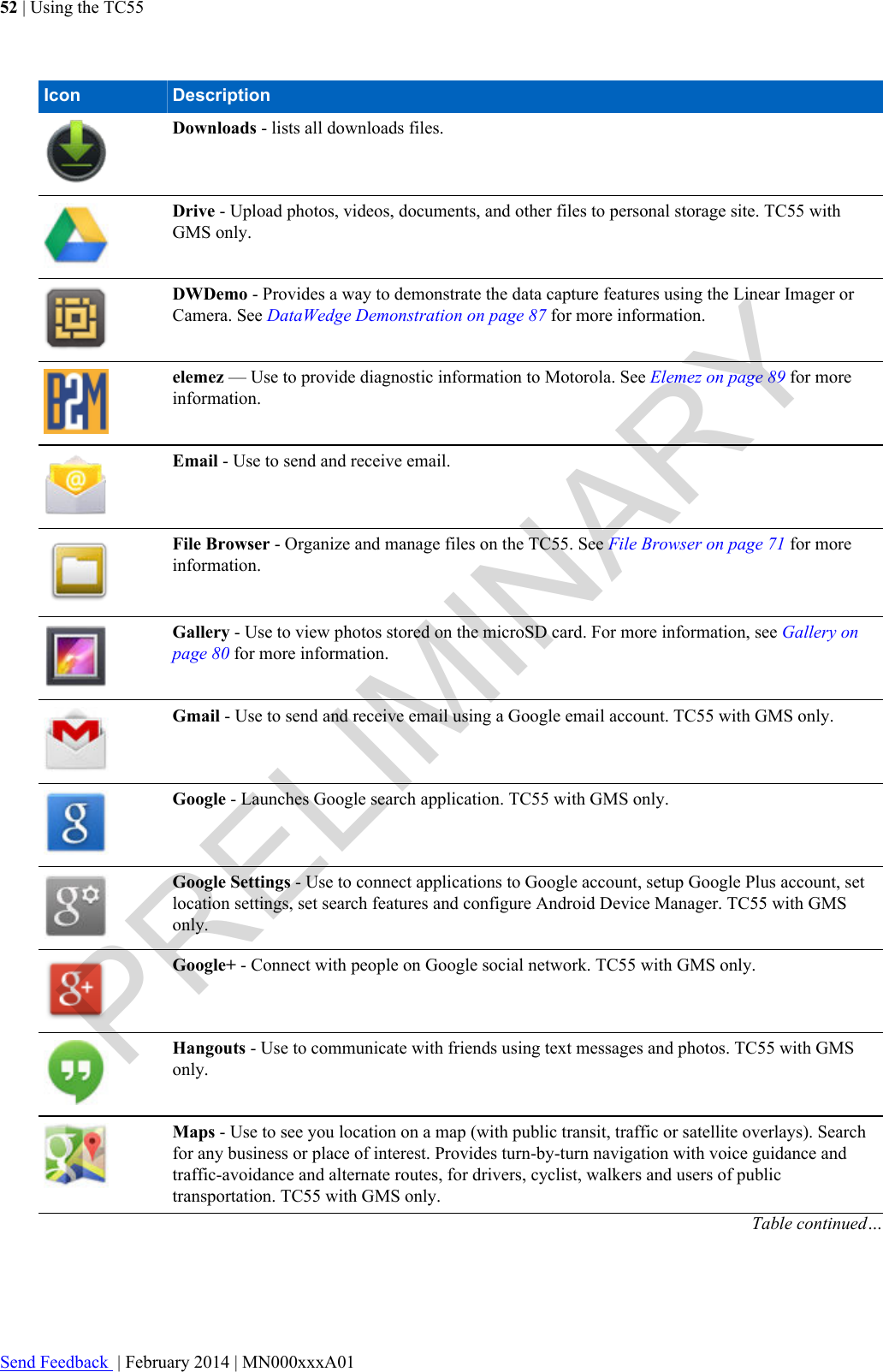 Icon DescriptionDownloads - lists all downloads files.Drive - Upload photos, videos, documents, and other files to personal storage site. TC55 withGMS only.DWDemo - Provides a way to demonstrate the data capture features using the Linear Imager orCamera. See DataWedge Demonstration on page 87 for more information.elemez — Use to provide diagnostic information to Motorola. See Elemez on page 89 for moreinformation.Email - Use to send and receive email.File Browser - Organize and manage files on the TC55. See File Browser on page 71 for moreinformation.Gallery - Use to view photos stored on the microSD card. For more information, see Gallery onpage 80 for more information.Gmail - Use to send and receive email using a Google email account. TC55 with GMS only.Google - Launches Google search application. TC55 with GMS only.Google Settings - Use to connect applications to Google account, setup Google Plus account, setlocation settings, set search features and configure Android Device Manager. TC55 with GMSonly.Google+ - Connect with people on Google social network. TC55 with GMS only.Hangouts - Use to communicate with friends using text messages and photos. TC55 with GMSonly.Maps - Use to see you location on a map (with public transit, traffic or satellite overlays). Searchfor any business or place of interest. Provides turn-by-turn navigation with voice guidance andtraffic-avoidance and alternate routes, for drivers, cyclist, walkers and users of publictransportation. TC55 with GMS only.Table continued…52 | Using the TC55Send Feedback  | February 2014 | MN000xxxA01PRELIMINARY