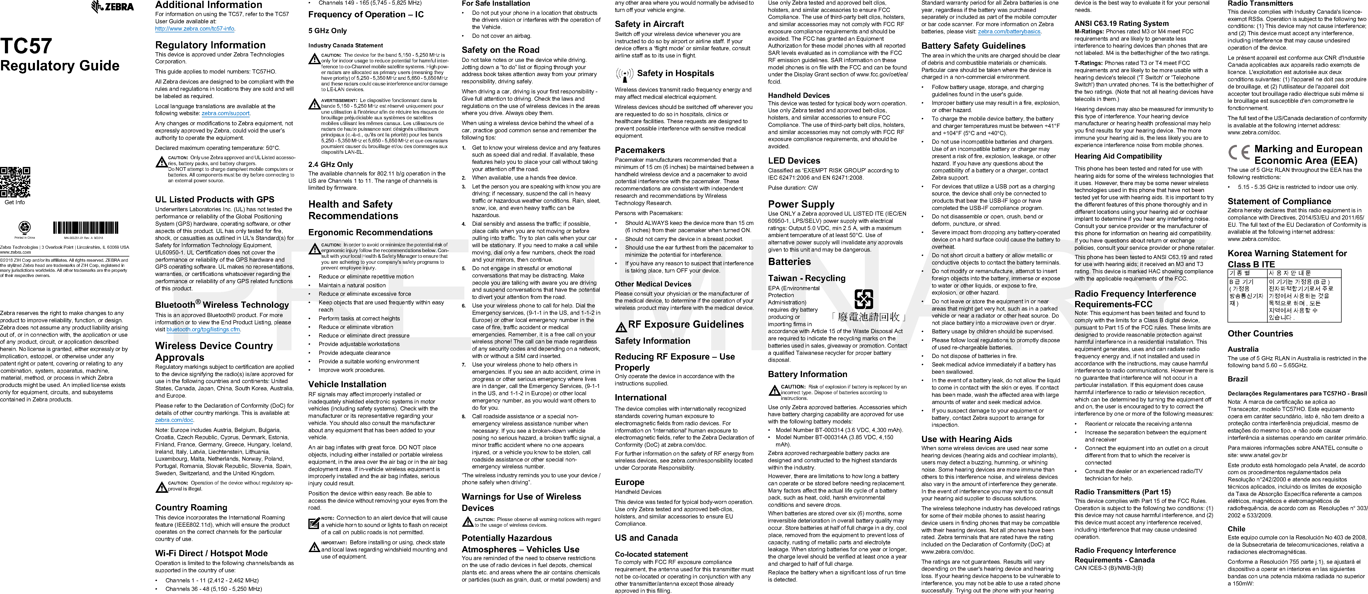 Zebra Technologies TC57HO Touch computer User Manual TC57 Regulatory