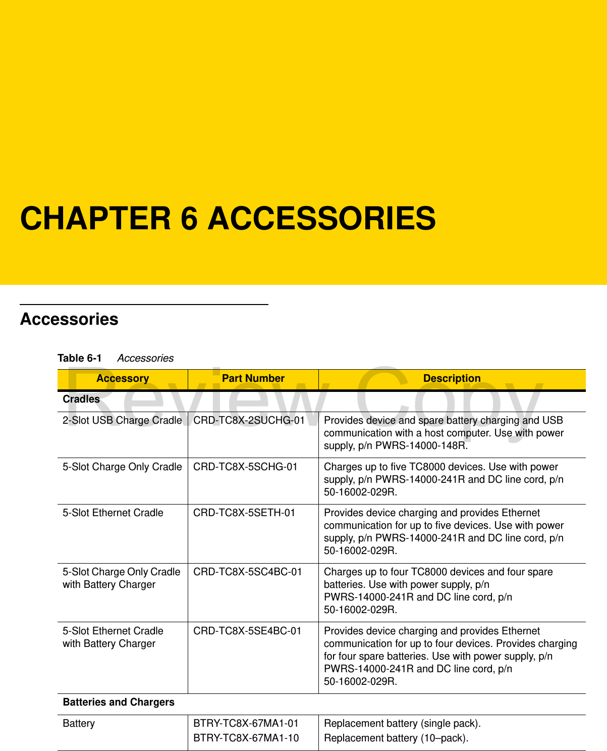 CHAPTER 6 ACCESSORIESAccessoriesTable 6-1     AccessoriesAccessory Part Number DescriptionCradles2-Slot USB Charge Cradle CRD-TC8X-2SUCHG-01 Provides device and spare battery charging and USB communication with a host computer. Use with power supply, p/n PWRS-14000-148R.5-Slot Charge Only Cradle CRD-TC8X-5SCHG-01 Charges up to five TC8000 devices. Use with power supply, p/n PWRS-14000-241R and DC line cord, p/n 50-16002-029R.5-Slot Ethernet Cradle CRD-TC8X-5SETH-01 Provides device charging and provides Ethernet communication for up to five devices. Use with power supply, p/n PWRS-14000-241R and DC line cord, p/n 50-16002-029R.5-Slot Charge Only Cradle with Battery Charger CRD-TC8X-5SC4BC-01 Charges up to four TC8000 devices and four spare batteries. Use with power supply, p/n PWRS-14000-241R and DC line cord, p/n 50-16002-029R.5-Slot Ethernet Cradle with Battery Charger CRD-TC8X-5SE4BC-01 Provides device charging and provides Ethernet communication for up to four devices. Provides charging for four spare batteries. Use with power supply, p/n PWRS-14000-241R and DC line cord, p/n 50-16002-029R.Batteries and ChargersBattery BTRY-TC8X-67MA1-01BTRY-TC8X-67MA1-10Replacement battery (single pack).Replacement battery (10–pack).Review Copy