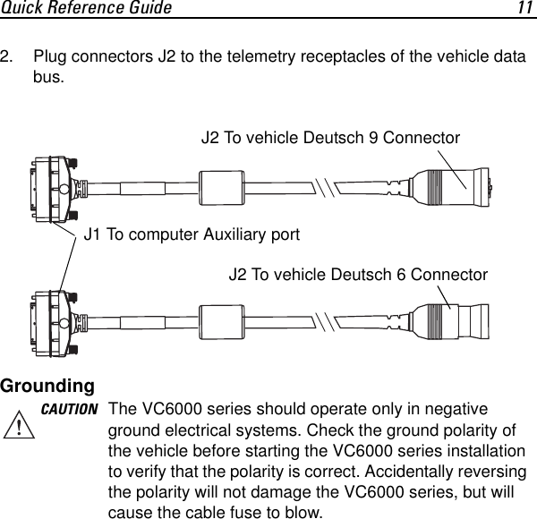 Quick Reference Guide 112. Plug connectors J2 to the telemetry receptacles of the vehicle data bus.GroundingCAUTION The VC6000 series should operate only in negative ground electrical systems. Check the ground polarity of the vehicle before starting the VC6000 series installation to verify that the polarity is correct. Accidentally reversing the polarity will not damage the VC6000 series, but will cause the cable fuse to blow.J1 To computer Auxiliary portJ2 To vehicle Deutsch 9 Connector J2 To vehicle Deutsch 6 Connector 