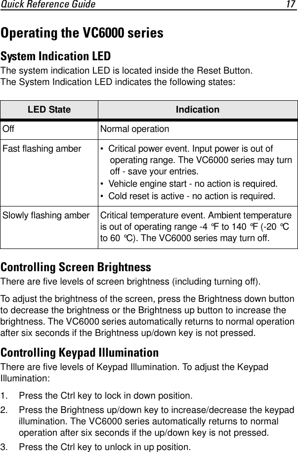Quick Reference Guide 17Operating the VC6000 seriesSystem Indication LEDThe system indication LED is located inside the Reset Button. The System Indication LED indicates the following states:Controlling Screen BrightnessThere are five levels of screen brightness (including turning off). To adjust the brightness of the screen, press the Brightness down button to decrease the brightness or the Brightness up button to increase the brightness. The VC6000 series automatically returns to normal operation after six seconds if the Brightness up/down key is not pressed.Controlling Keypad IlluminationThere are five levels of Keypad Illumination. To adjust the Keypad Illumination:1. Press the Ctrl key to lock in down position.2. Press the Brightness up/down key to increase/decrease the keypad illumination. The VC6000 series automatically returns to normal operation after six seconds if the up/down key is not pressed.3. Press the Ctrl key to unlock in up position.LED State IndicationOff Normal operationFast flashing amber •  Critical power event. Input power is out of operating range. The VC6000 series may turn off - save your entries.•  Vehicle engine start - no action is required.•  Cold reset is active - no action is required.Slowly flashing amber Critical temperature event. Ambient temperature is out of operating range -4 °F to 140 °F (-20 °C to 60 °C). The VC6000 series may turn off.