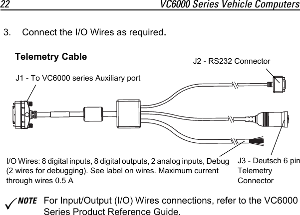 22 VC6000 Series Vehicle Computers3. Connect the I/O Wires as required.NOTE For Input/Output (I/O) Wires connections, refer to the VC6000 Series Product Reference Guide.J1 - To VC6000 series Auxiliary portJ2 - RS232 ConnectorJ3 - Deutsch 6 pin Telemetry ConnectorTelemetry CableI/O Wires: 8 digital inputs, 8 digital outputs, 2 analog inputs, Debug (2 wires for debugging). See label on wires. Maximum current through wires 0.5 A