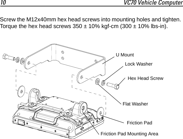 10 VC70 Vehicle ComputerScrew the M12x40mm hex head screws into mounting holes and tighten. Torque the hex head screws 350 ± 10% kgf-cm (300 ± 10% lbs-in).U MountFlat WasherLock WasherFriction PadHex Head ScrewFriction Pad Mounting Area