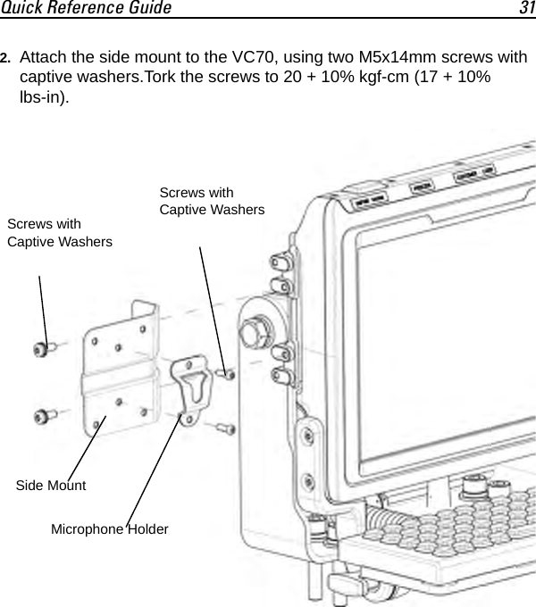 Quick Reference Guide 312. Attach the side mount to the VC70, using two M5x14mm screws with captive washers.Tork the screws to 20 + 10% kgf-cm (17 + 10% lbs-in).Side MountScrews with Captive WashersMicrophone HolderScrews with Captive Washers