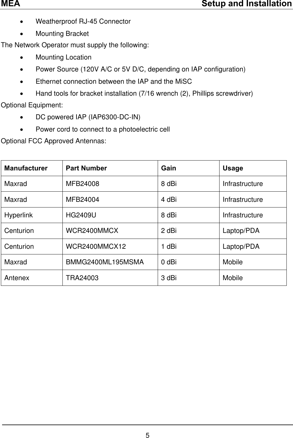 MEA    Setup and Installation •  Weatherproof RJ-45 Connector •  Mounting Bracket  The Network Operator must supply the following: •  Mounting Location •  Power Source (120V A/C or 5V D/C, depending on IAP configuration) •  Ethernet connection between the IAP and the MiSC •  Hand tools for bracket installation (7/16 wrench (2), Phillips screwdriver) Optional Equipment: •  DC powered IAP (IAP6300-DC-IN) •  Power cord to connect to a photoelectric cell Optional FCC Approved Antennas:  Manufacturer Part Number  Gain  Usage Maxrad  MFB24008  8 dBi   Infrastructure Maxrad MFB24004  4 dBi  Infrastructure Hyperlink HG2409U  8 dBi  Infrastructure Centurion WCR2400MMCX  2 dBi  Laptop/PDA Centurion WCR2400MMCX12  1 dBi  Laptop/PDA Maxrad BMMG2400ML195MSMA 0 dBi  Mobile Antenex TRA24003  3 dBi  Mobile  5 