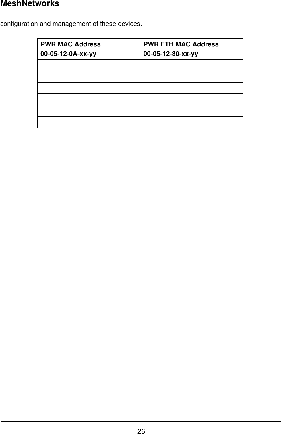 MeshNetworks configuration and management of these devices.  PWR MAC Address 00-05-12-0A-xx-yy PWR ETH MAC Address 00-05-12-30-xx-yy               26 