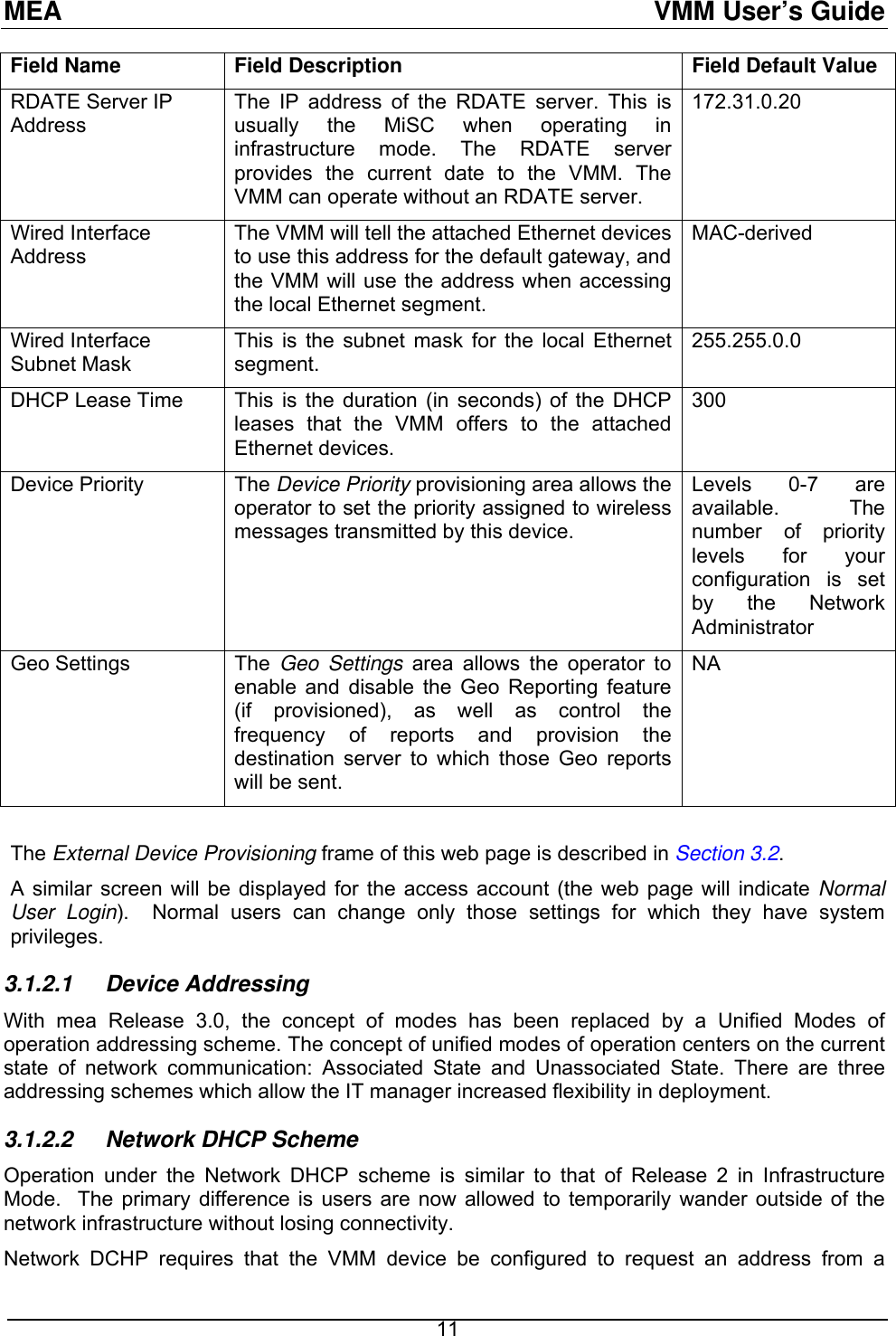 MEA  VMM User’s Guide Field Name  Field Description  Field Default Value RDATE Server IP Address The IP address of the RDATE server. This is usually the MiSC when operating in infrastructure mode. The RDATE server provides the current date to the VMM. The VMM can operate without an RDATE server. 172.31.0.20  Wired Interface Address The VMM will tell the attached Ethernet devices to use this address for the default gateway, and the VMM will use the address when accessing the local Ethernet segment. MAC-derived Wired Interface Subnet Mask This is the subnet mask for the local Ethernet segment.  255.255.0.0 DHCP Lease Time  This is the duration (in seconds) of the DHCP leases that the VMM offers to the attached Ethernet devices. 300 Device Priority  The Device Priority provisioning area allows the operator to set the priority assigned to wireless messages transmitted by this device. Levels 0-7 are available. The number of priority levels for your configuration is set by the Network Administrator Geo Settings  The  Geo Settings area allows the operator to enable and disable the Geo Reporting feature (if provisioned), as well as control the frequency of reports and provision the destination server to which those Geo reports will be sent. NA  The External Device Provisioning frame of this web page is described in Section 3.2. A similar screen will be displayed for the access account (the web page will indicate Normal User Login).  Normal users can change only those settings for which they have system privileges. 3.1.2.1 Device Addressing With mea Release 3.0, the concept of modes has been replaced by a Unified Modes of operation addressing scheme. The concept of unified modes of operation centers on the current state of network communication: Associated State and Unassociated State. There are three addressing schemes which allow the IT manager increased flexibility in deployment.  3.1.2.2  Network DHCP Scheme Operation under the Network DHCP scheme is similar to that of Release 2 in Infrastructure Mode.  The primary difference is users are now allowed to temporarily wander outside of the network infrastructure without losing connectivity. Network DCHP requires that the VMM device be configured to request an address from a  11