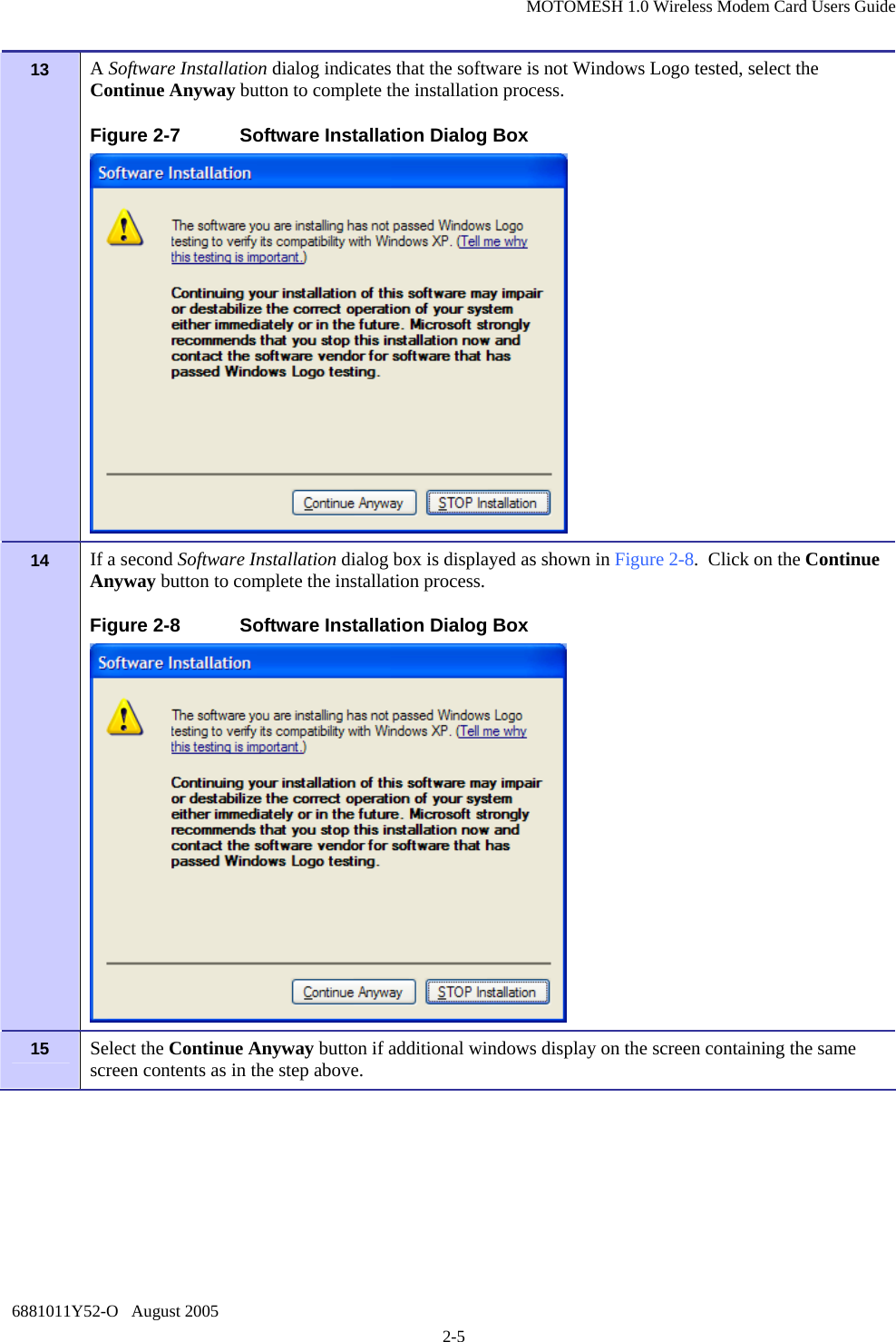 MOTOMESH 1.0 Wireless Modem Card Users Guide 6881011Y52-O   August 2005 2-5 13  A Software Installation dialog indicates that the software is not Windows Logo tested, select the Continue Anyway button to complete the installation process.  Figure 2-7  Software Installation Dialog Box  14  If a second Software Installation dialog box is displayed as shown in Figure 2-8.  Click on the Continue Anyway button to complete the installation process. Figure 2-8  Software Installation Dialog Box  15  Select the Continue Anyway button if additional windows display on the screen containing the same screen contents as in the step above. 