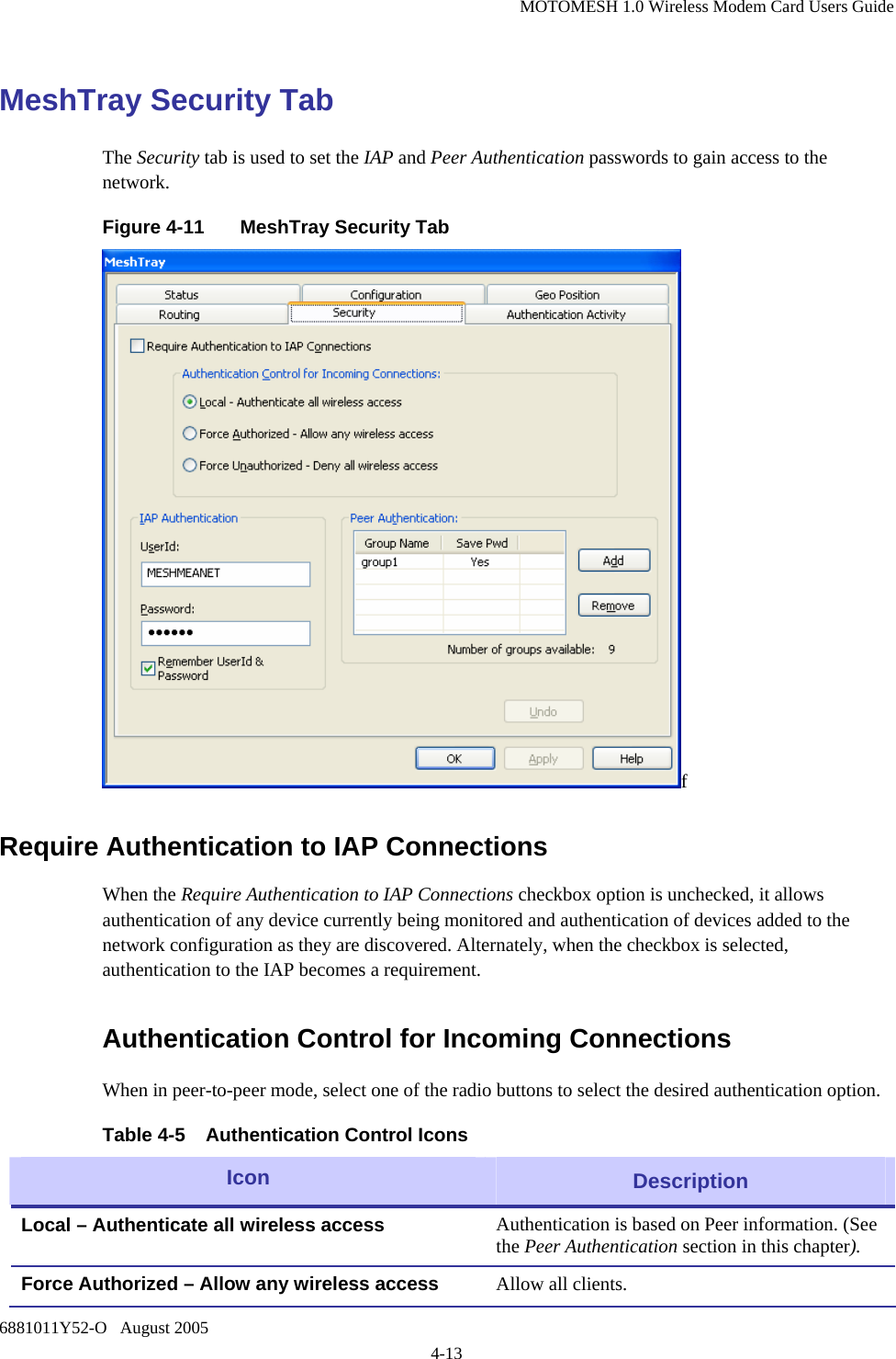 MOTOMESH 1.0 Wireless Modem Card Users Guide 6881011Y52-O   August 2005 4-13 MeshTray Security Tab The Security tab is used to set the IAP and Peer Authentication passwords to gain access to the network. Figure 4-11  MeshTray Security Tab f Require Authentication to IAP Connections When the Require Authentication to IAP Connections checkbox option is unchecked, it allows authentication of any device currently being monitored and authentication of devices added to the network configuration as they are discovered. Alternately, when the checkbox is selected, authentication to the IAP becomes a requirement.  Authentication Control for Incoming Connections When in peer-to-peer mode, select one of the radio buttons to select the desired authentication option. Table 4-5  Authentication Control Icons Icon   Description Local – Authenticate all wireless access  Authentication is based on Peer information. (See the Peer Authentication section in this chapter). Force Authorized – Allow any wireless access  Allow all clients. 