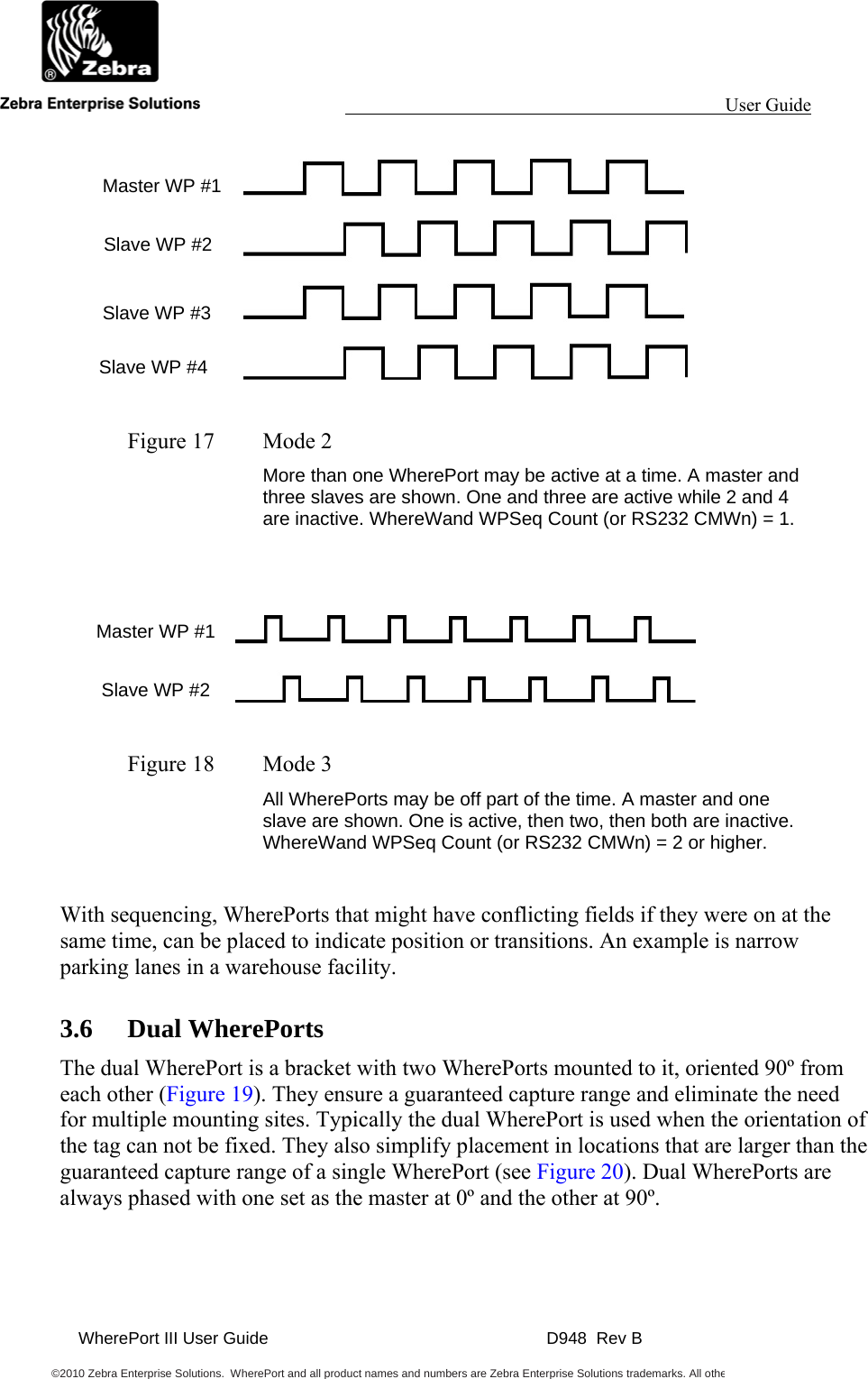                                                                                                                 User Guide                                               WherePort III User Guide    D948  Rev B  ©2010 Zebra Enterprise Solutions.  WherePort and all product names and numbers are Zebra Enterprise Solutions trademarks. All othe       Figure 17  Mode 2 More than one WherePort may be active at a time. A master and three slaves are shown. One and three are active while 2 and 4 are inactive. WhereWand WPSeq Count (or RS232 CMWn) = 1.     Figure 18  Mode 3 All WherePorts may be off part of the time. A master and one slave are shown. One is active, then two, then both are inactive. WhereWand WPSeq Count (or RS232 CMWn) = 2 or higher.  With sequencing, WherePorts that might have conflicting fields if they were on at the same time, can be placed to indicate position or transitions. An example is narrow parking lanes in a warehouse facility. 3.6 Dual WherePorts The dual WherePort is a bracket with two WherePorts mounted to it, oriented 90º from each other (Figure 19). They ensure a guaranteed capture range and eliminate the need for multiple mounting sites. Typically the dual WherePort is used when the orientation of the tag can not be fixed. They also simplify placement in locations that are larger than the guaranteed capture range of a single WherePort (see Figure 20). Dual WherePorts are always phased with one set as the master at 0º and the other at 90º.  Master WP #1 Slave WP #2 Slave WP #3 Slave WP #4 Master WP #1 Slave WP #2 