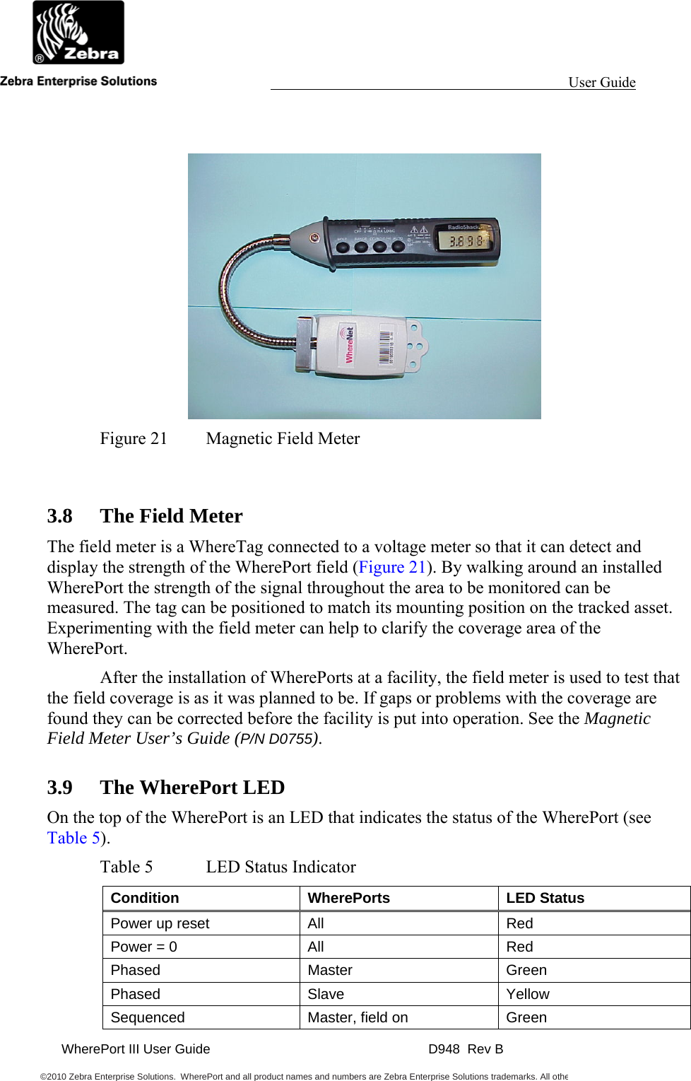                                                                                                                 User Guide                                               WherePort III User Guide    D948  Rev B  ©2010 Zebra Enterprise Solutions.  WherePort and all product names and numbers are Zebra Enterprise Solutions trademarks. All othe       Figure 21  Magnetic Field Meter  3.8 The Field Meter The field meter is a WhereTag connected to a voltage meter so that it can detect and display the strength of the WherePort field (Figure 21). By walking around an installed WherePort the strength of the signal throughout the area to be monitored can be measured. The tag can be positioned to match its mounting position on the tracked asset. Experimenting with the field meter can help to clarify the coverage area of the WherePort.   After the installation of WherePorts at a facility, the field meter is used to test that the field coverage is as it was planned to be. If gaps or problems with the coverage are found they can be corrected before the facility is put into operation. See the Magnetic Field Meter User’s Guide (P/N D0755). 3.9 The WherePort LED On the top of the WherePort is an LED that indicates the status of the WherePort (see Table 5). Table 5  LED Status Indicator Condition WherePorts LED Status Power up reset  All  Red Power = 0  All  Red Phased Master  Green Phased Slave  Yellow Sequenced  Master, field on  Green 
