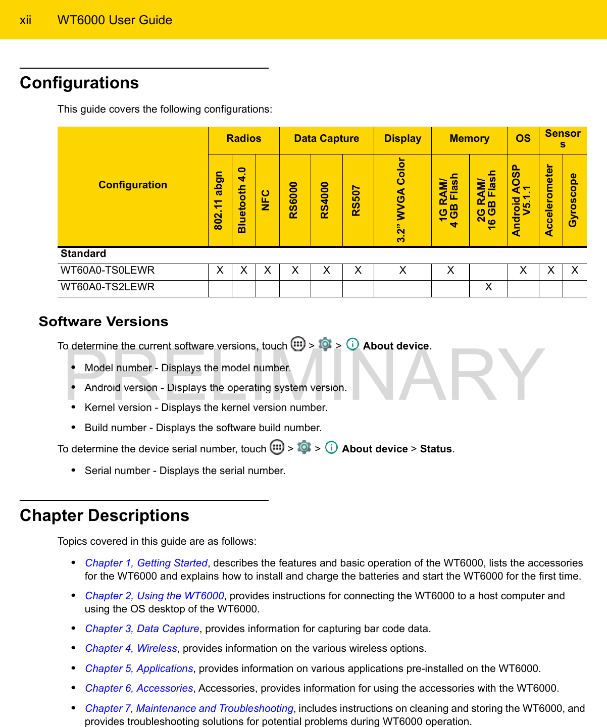 xii WT6000 User GuideConfigurationsThis guide covers the following configurations:Software VersionsTo determine the current software versions, touch   &gt;   &gt;   About device.•Model number - Displays the model number.•Android version - Displays the operating system version.•Kernel version - Displays the kernel version number.•Build number - Displays the software build number.To determine the device serial number, touch   &gt;   &gt;   About device &gt; Status.•Serial number - Displays the serial number.Chapter DescriptionsTopics covered in this guide are as follows:•Chapter 1, Getting Started, describes the features and basic operation of the WT6000, lists the accessories for the WT6000 and explains how to install and charge the batteries and start the WT6000 for the first time.•Chapter 2, Using the WT6000, provides instructions for connecting the WT6000 to a host computer and using the OS desktop of the WT6000.•Chapter 3, Data Capture, provides information for capturing bar code data.•Chapter 4, Wireless, provides information on the various wireless options.•Chapter 5, Applications, provides information on various applications pre-installed on the WT6000.•Chapter 6, Accessories, Accessories, provides information for using the accessories with the WT6000.•Chapter 7, Maintenance and Troubleshooting, includes instructions on cleaning and storing the WT6000, and provides troubleshooting solutions for potential problems during WT6000 operation.ConfigurationRadios Data Capture Display Memory OS Sensors802.11 abgnBluetooth 4.0NFCRS6000RS4000RS5073.2” WVGA Color1G RAM/4 GB Flash2G RAM/16 GB FlashAndroid AOSPV5.1.1AccelerometerGyroscopeStandardWT60A0-TS0LEWR X X X X X X X X X X XWT60A0-TS2LEWR X