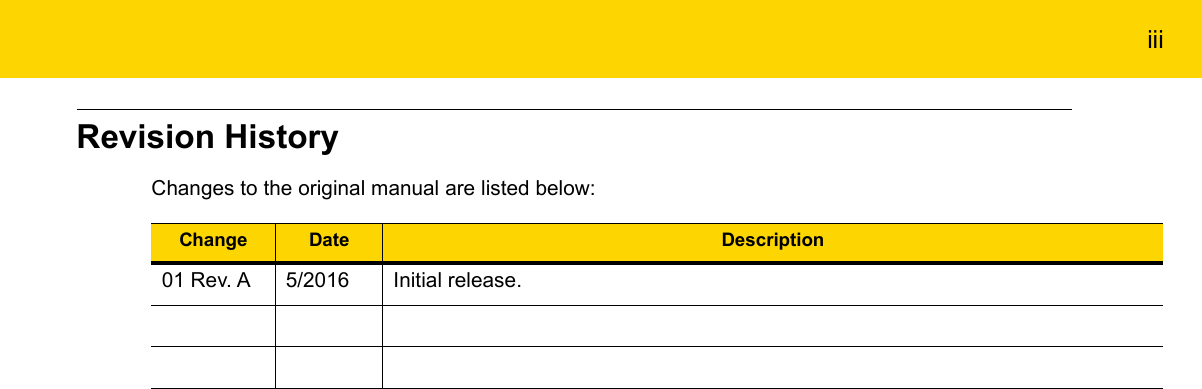 iiiRevision HistoryChanges to the original manual are listed below:Change Date Description01 Rev. A 5/2016 Initial release.