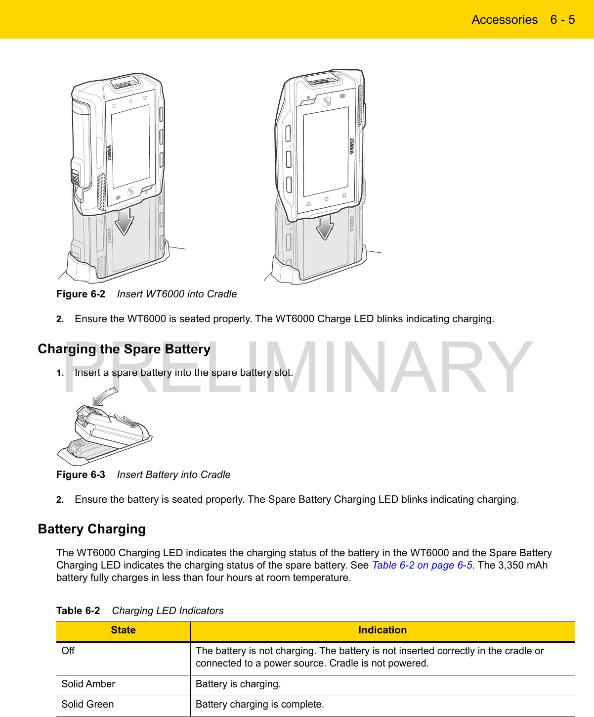 Accessories 6 - 5Figure 6-2    Insert WT6000 into Cradle2. Ensure the WT6000 is seated properly. The WT6000 Charge LED blinks indicating charging.Charging the Spare Battery1. Insert a spare battery into the spare battery slot.Figure 6-3    Insert Battery into Cradle2. Ensure the battery is seated properly. The Spare Battery Charging LED blinks indicating charging.Battery ChargingThe WT6000 Charging LED indicates the charging status of the battery in the WT6000 and the Spare Battery Charging LED indicates the charging status of the spare battery. See Table 6-2 on page 6-5. The 3,350 mAh battery fully charges in less than four hours at room temperature.Table 6-2    Charging LED IndicatorsState IndicationOff The battery is not charging. The battery is not inserted correctly in the cradle or connected to a power source. Cradle is not powered.Solid Amber Battery is charging.Solid Green Battery charging is complete.