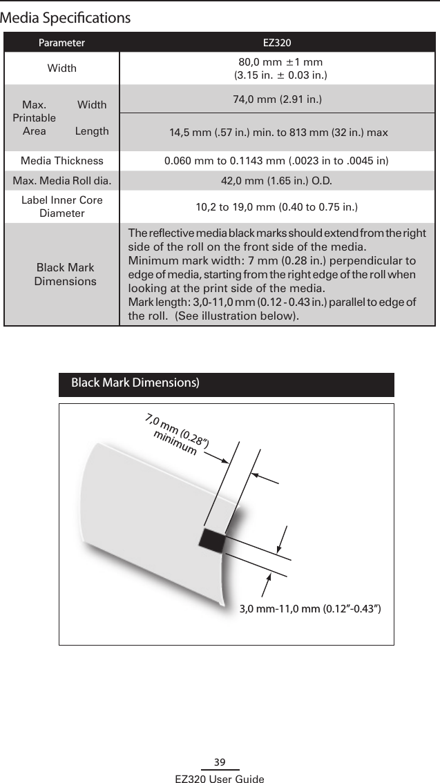 39EZ320 User GuideMedia SpecicationsParameter EZ320Width 80,0 mm ±1 mm (3.15 in. ± 0.03 in.)Max. Printable AreaWidthLength74,0 mm (2.91 in.)14,5 mm (.57 in.) min. to 813 mm (32 in.) maxMedia Thickness 0.060 mm to 0.1143 mm (.0023 in to .0045 in)Max. Media Roll dia. 42,0 mm (1.65 in.) O.D.Label Inner Core Diameter 10,2 to 19,0 mm (0.40 to 0.75 in.)Black Mark DimensionsThe reflective media black marks should extend from the right side of the roll on the front side of the media.Minimum mark width: 7 mm (0.28 in.) perpendicular to edge of media, starting from the right edge of the roll when looking at the print side of the media.Mark length: 3,0-11,0 mm (0.12 - 0.43 in.) parallel to edge of the roll.  (See illustration below).7,0 mm (0.28”)3,0 mm-11,0 mm (0.12”-0.43”)minimum  Black Mark Dimensions)