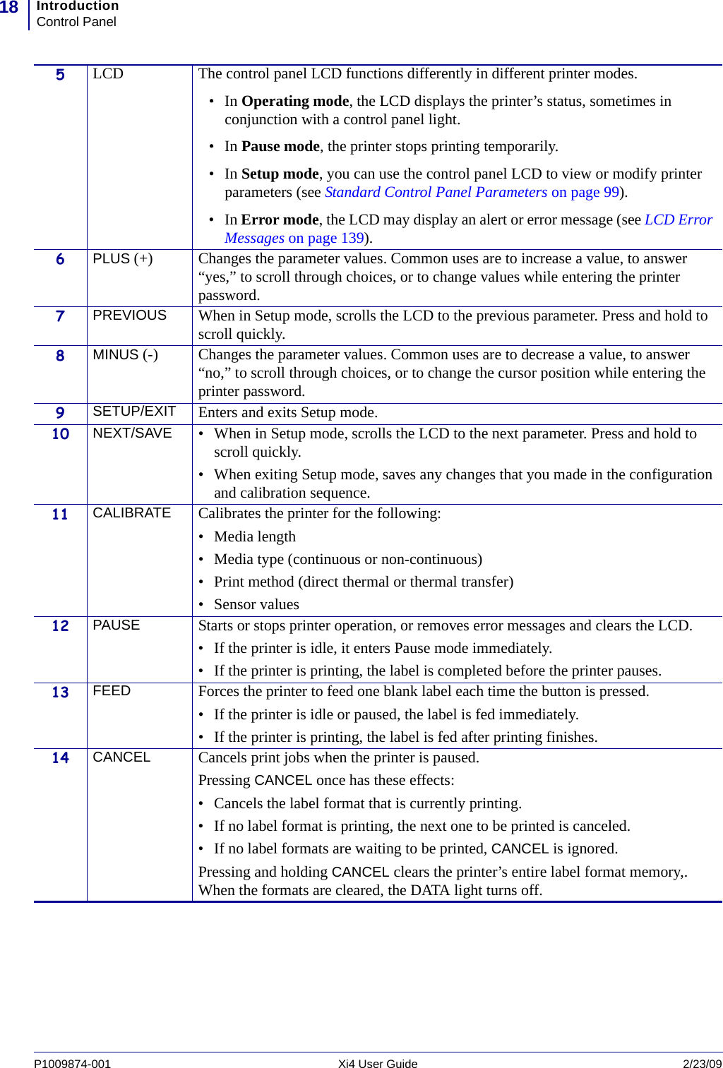 IntroductionControl Panel18P1009874-001   Xi4 User Guide 2/23/095LCD The control panel LCD functions differently in different printer modes.•In Operating mode, the LCD displays the printer’s status, sometimes in conjunction with a control panel light.•In Pause mode, the printer stops printing temporarily.•In Setup mode, you can use the control panel LCD to view or modify printer parameters (see Standard Control Panel Parameters on page 99).•In Error mode, the LCD may display an alert or error message (see LCD Error Messages on page 139).6PLUS (+) Changes the parameter values. Common uses are to increase a value, to answer “yes,” to scroll through choices, or to change values while entering the printer password.7PREVIOUS When in Setup mode, scrolls the LCD to the previous parameter. Press and hold to scroll quickly.8MINUS (-) Changes the parameter values. Common uses are to decrease a value, to answer “no,” to scroll through choices, or to change the cursor position while entering the printer password.9SETUP/EXIT Enters and exits Setup mode. 10 NEXT/SAVE • When in Setup mode, scrolls the LCD to the next parameter. Press and hold to scroll quickly.• When exiting Setup mode, saves any changes that you made in the configuration and calibration sequence.11 CALIBRATE Calibrates the printer for the following:• Media length• Media type (continuous or non-continuous)• Print method (direct thermal or thermal transfer)• Sensor values12 PAUSE Starts or stops printer operation, or removes error messages and clears the LCD. • If the printer is idle, it enters Pause mode immediately.• If the printer is printing, the label is completed before the printer pauses. 13 FEED Forces the printer to feed one blank label each time the button is pressed.• If the printer is idle or paused, the label is fed immediately. • If the printer is printing, the label is fed after printing finishes.14 CANCEL Cancels print jobs when the printer is paused.Pressing CANCEL once has these effects:• Cancels the label format that is currently printing.• If no label format is printing, the next one to be printed is canceled.• If no label formats are waiting to be printed, CANCEL is ignored. Pressing and holding CANCEL clears the printer’s entire label format memory,. When the formats are cleared, the DATA light turns off.