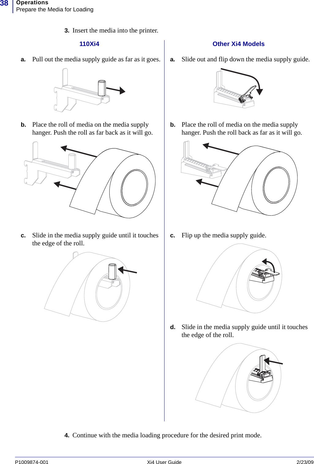 OperationsPrepare the Media for Loading38P1009874-001   Xi4 User Guide 2/23/093. Insert the media into the printer.4. Continue with the media loading procedure for the desired print mode.110Xi4 Other Xi4 Modelsa. Pull out the media supply guide as far as it goes. a. Slide out and flip down the media supply guide.b. Place the roll of media on the media supply hanger. Push the roll as far back as it will go. b. Place the roll of media on the media supply hanger. Push the roll back as far as it will go.c. Slide in the media supply guide until it touches the edge of the roll. c. Flip up the media supply guide.d. Slide in the media supply guide until it touches the edge of the roll.