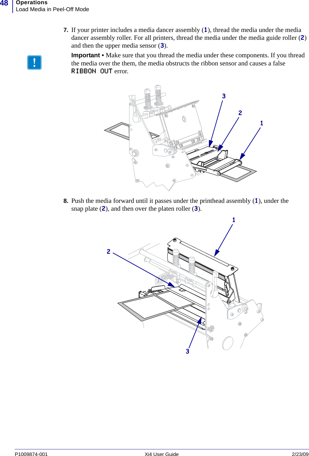 OperationsLoad Media in Peel-Off Mode48P1009874-001   Xi4 User Guide 2/23/097. If your printer includes a media dancer assembly (1), thread the media under the media dancer assembly roller. For all printers, thread the media under the media guide roller (2) and then the upper media sensor (3).8. Push the media forward until it passes under the printhead assembly (1), under the snap plate (2), and then over the platen roller (3).Important • Make sure that you thread the media under these components. If you thread the media over the them, the media obstructs the ribbon sensor and causes a false RIBBON OUT error.231132