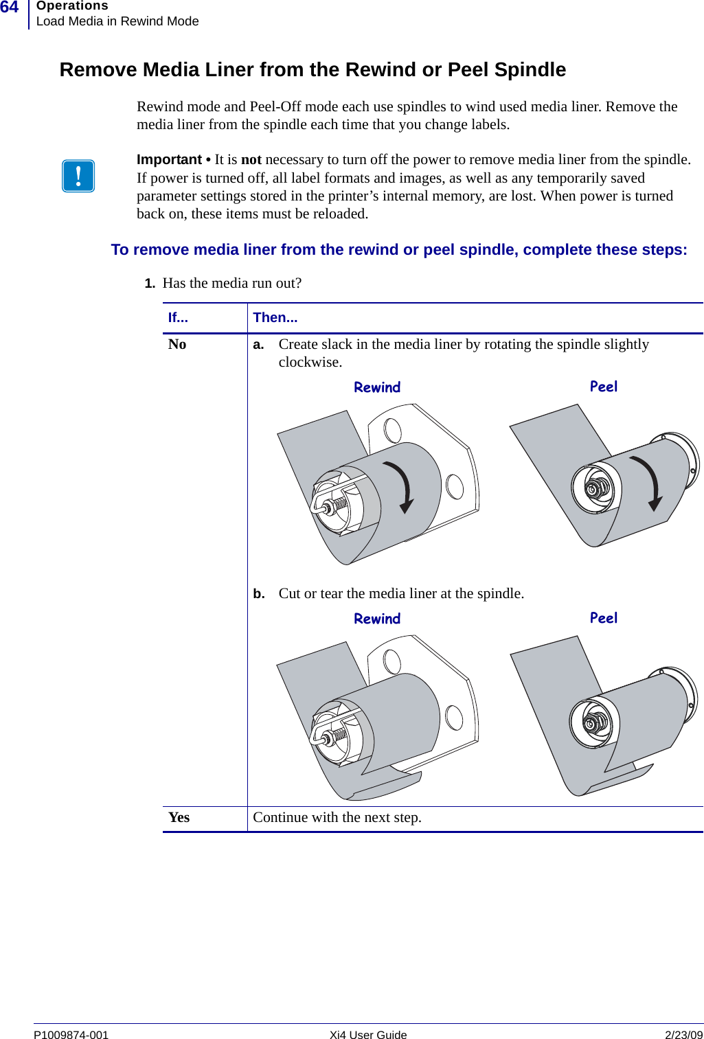 OperationsLoad Media in Rewind Mode64P1009874-001   Xi4 User Guide 2/23/09Remove Media Liner from the Rewind or Peel SpindleRewind mode and Peel-Off mode each use spindles to wind used media liner. Remove the media liner from the spindle each time that you change labels.To remove media liner from the rewind or peel spindle, complete these steps:1. Has the media run out?Important • It is not necessary to turn off the power to remove media liner from the spindle. If power is turned off, all label formats and images, as well as any temporarily saved parameter settings stored in the printer’s internal memory, are lost. When power is turned back on, these items must be reloaded.If... Then...No a. Create slack in the media liner by rotating the spindle slightly clockwise.b. Cut or tear the media liner at the spindle.Yes Continue with the next step.Rewind PeelRewind Peel