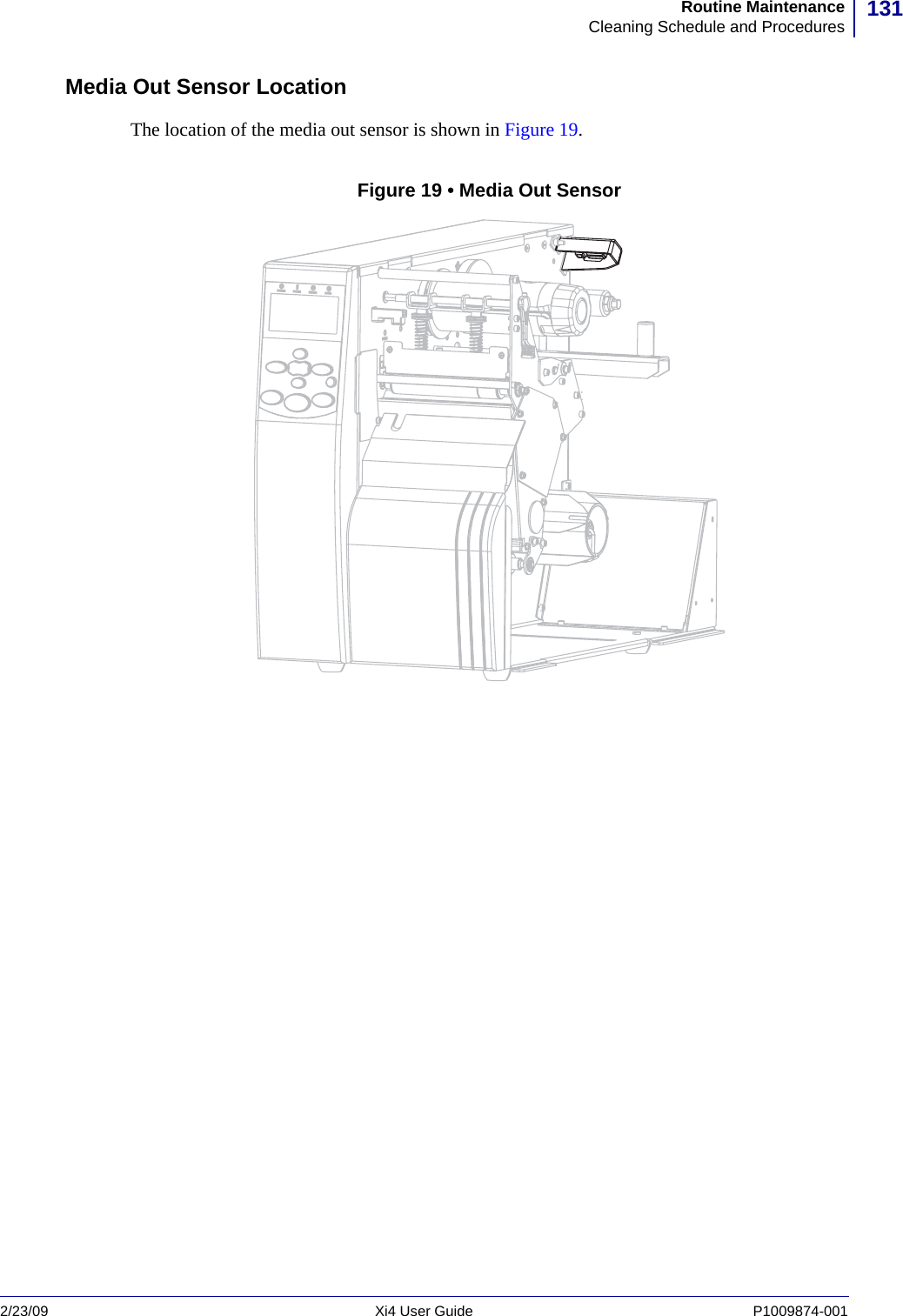131Routine MaintenanceCleaning Schedule and Procedures2/23/09 Xi4 User Guide P1009874-001  Media Out Sensor LocationThe location of the media out sensor is shown in Figure 19.Figure 19 • Media Out Sensor