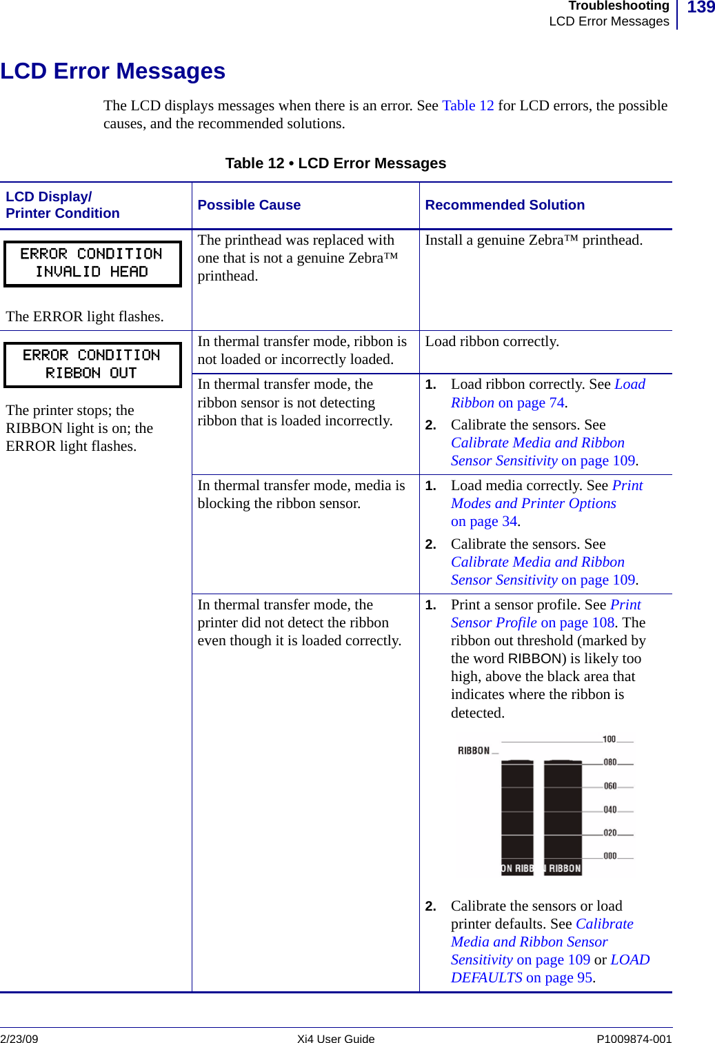 139TroubleshootingLCD Error Messages2/23/09 Xi4 User Guide P1009874-001  LCD Error MessagesThe LCD displays messages when there is an error. See Table 12 for LCD errors, the possible causes, and the recommended solutions.Table 12 • LCD Error MessagesLCD Display/Printer Condition Possible Cause Recommended SolutionThe ERROR light flashes.The printhead was replaced with one that is not a genuine Zebra™ printhead.Install a genuine Zebra™ printhead.The printer stops; the RIBBON light is on; the ERROR light flashes. In thermal transfer mode, ribbon is not loaded or incorrectly loaded. Load ribbon correctly.In thermal transfer mode, the ribbon sensor is not detecting ribbon that is loaded incorrectly.1. Load ribbon correctly. See Load Ribbon on page 74.2. Calibrate the sensors. See Calibrate Media and Ribbon Sensor Sensitivity on page 109.In thermal transfer mode, media is blocking the ribbon sensor. 1. Load media correctly. See Print Modes and Printer Options on page 34.2. Calibrate the sensors. See Calibrate Media and Ribbon Sensor Sensitivity on page 109.In thermal transfer mode, the printer did not detect the ribbon even though it is loaded correctly.1. Print a sensor profile. See Print Sensor Profile on page 108. The ribbon out threshold (marked by the word RIBBON) is likely too high, above the black area that indicates where the ribbon is detected.2. Calibrate the sensors or load printer defaults. See Calibrate Media and Ribbon Sensor Sensitivity on page 109 or LOAD DEFAULTS on page 95.ERROR CONDITIONINVALID HEADERROR CONDITION RIBBON OUT