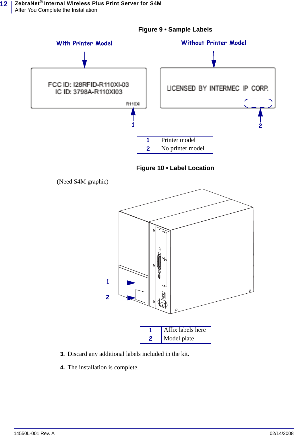 ZebraNet® Internal Wireless Plus Print Server for S4MAfter You Complete the Installation1214550L-001 Rev. A     02/14/2008Figure 9 • Sample LabelsFigure 10 • Label Location(Need S4M graphic)3. Discard any additional labels included in the kit.4. The installation is complete.With Printer Model21Without Printer Model1Printer model2No printer model1Affix labels here2Model plate12