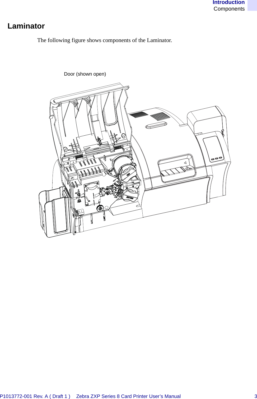IntroductionComponentsP1013772-001 Rev. A ( Draft 1 ) Zebra ZXP Series 8 Card Printer User’s Manual 3LaminatorThe following figure shows components of the Laminator.Door (shown open)