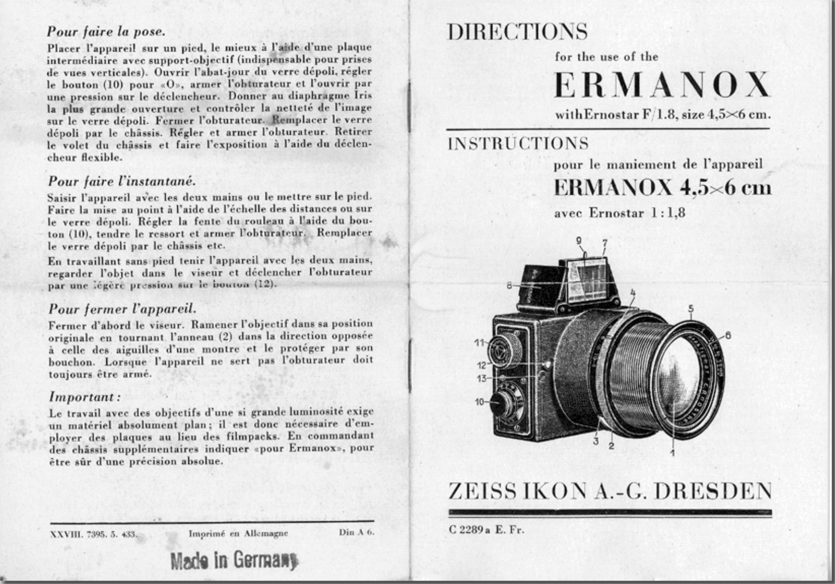 Page 1 of 4 - Zeiss-Ikon Zeiss-Ikon-Ermanox-45-X-6Cm-Directions-For-Use- Zeiss-ikon-ermanox-45-x-6cm-directions-for-use