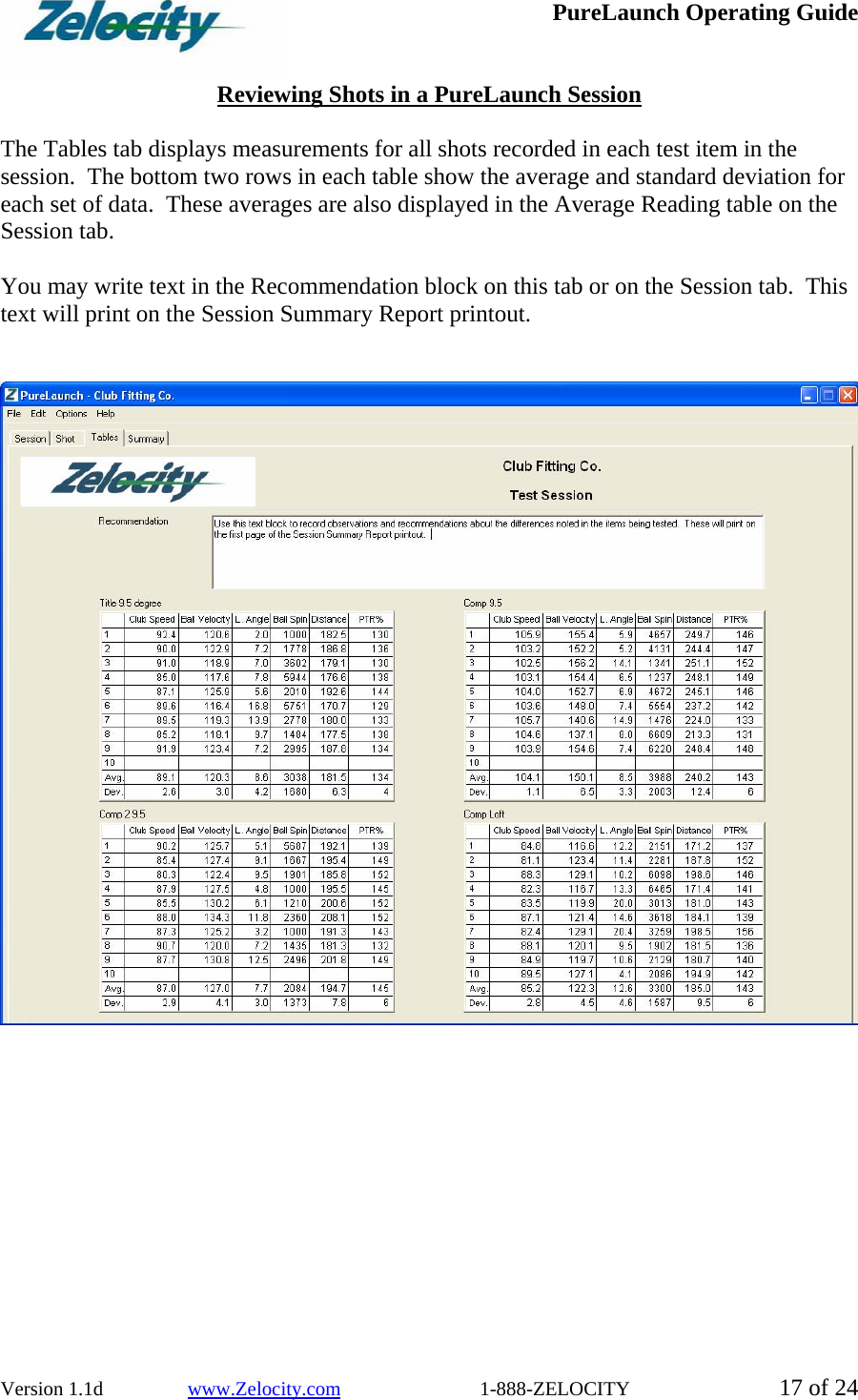  PureLaunch Operating Guide  Version 1.1d                 www.Zelocity.com                            1-888-ZELOCITY  17 of 24  Reviewing Shots in a PureLaunch Session  The Tables tab displays measurements for all shots recorded in each test item in the session.  The bottom two rows in each table show the average and standard deviation for each set of data.  These averages are also displayed in the Average Reading table on the Session tab.  You may write text in the Recommendation block on this tab or on the Session tab.  This text will print on the Session Summary Report printout.      