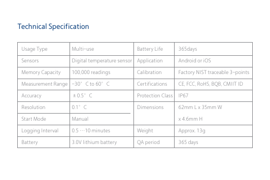 Technical SpecificationUsage TypeSensorsMemory CapacityMeasurement RangeAccuracyResolutionStart ModeLogging IntervalBatteryMulti-useDigital temperature sensor100,000 readings-30&deg;C to 60&deg;C&plusmn;0.5&deg;C0.1&deg;CManual0.5 &hellip;10 minutes3.0V lithium batteryBattery LifeApplicationCalibrationCertificationsProtection ClassDimensionsWeightQA period365daysAndroid or iOSFactory NIST traceable 3-pointsCE, FCC, RoHS, BQB, CMIIT IDIP6762mm L x 35mm W x 4.6mm HApprox. 13g365 days
