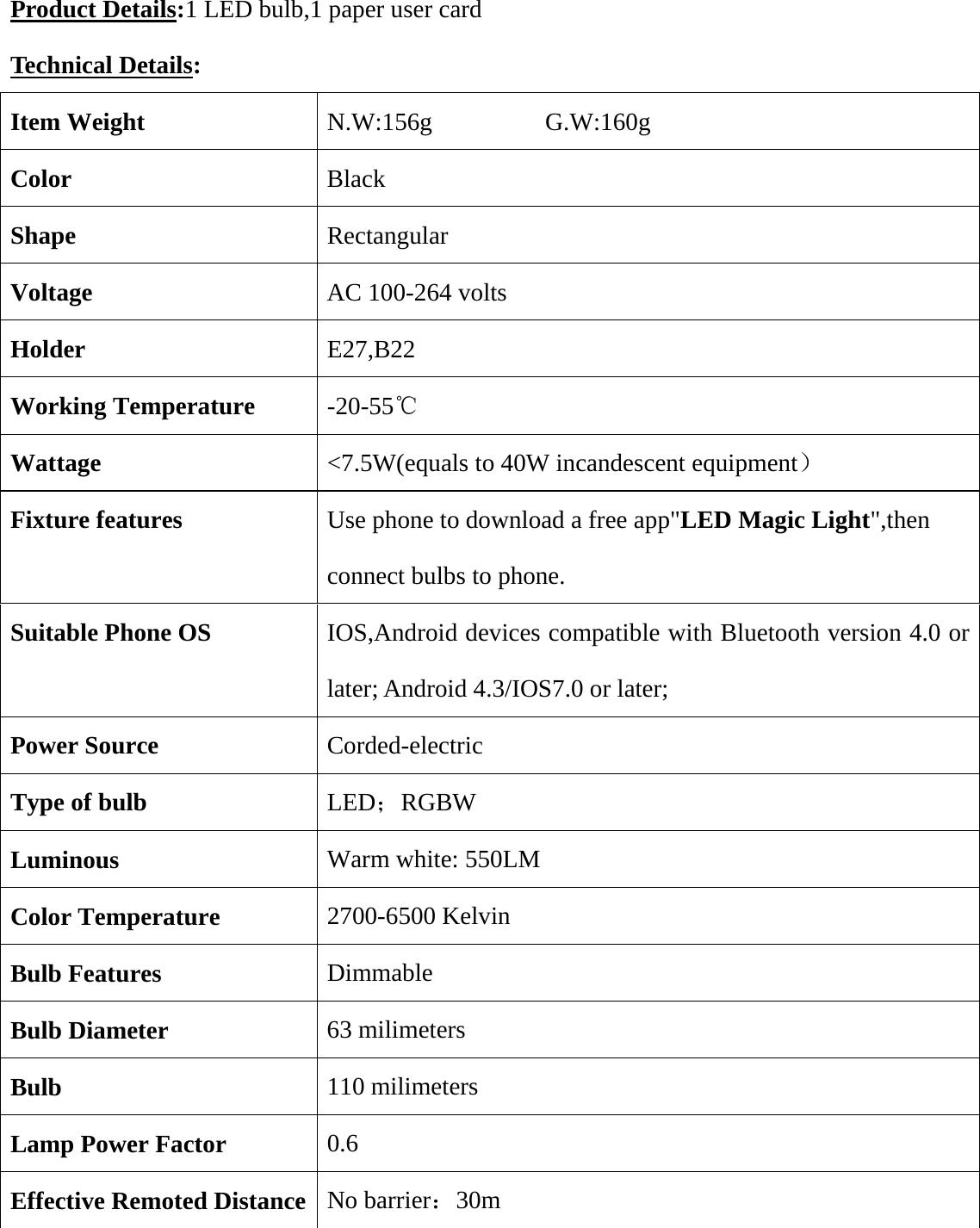  Product Details:1 LED bulb,1 paper user card                                      Technical Details: Item Weight N.W:156g         G.W:160g Color  Black Shape Rectangular Voltage AC 100-264 volts Holder E27,B22 Working Temperature -20-55℃ Wattage &lt;7.5W(equals to 40W incandescent equipment） Fixture features Use phone to download a free app&quot;LED Magic Light&quot;,then connect bulbs to phone. Suitable Phone OS IOS,Android devices compatible with Bluetooth version 4.0 or later; Android 4.3/IOS7.0 or later; Power Source Corded-electric Type of bulb LED；RGBW Luminous Warm white: 550LM Color Temperature 2700-6500 Kelvin Bulb Features Dimmable Bulb Diameter   63 milimeters Bulb 110 milimeters Lamp Power Factor 0.6 Effective Remoted Distance  No barrier：30m   