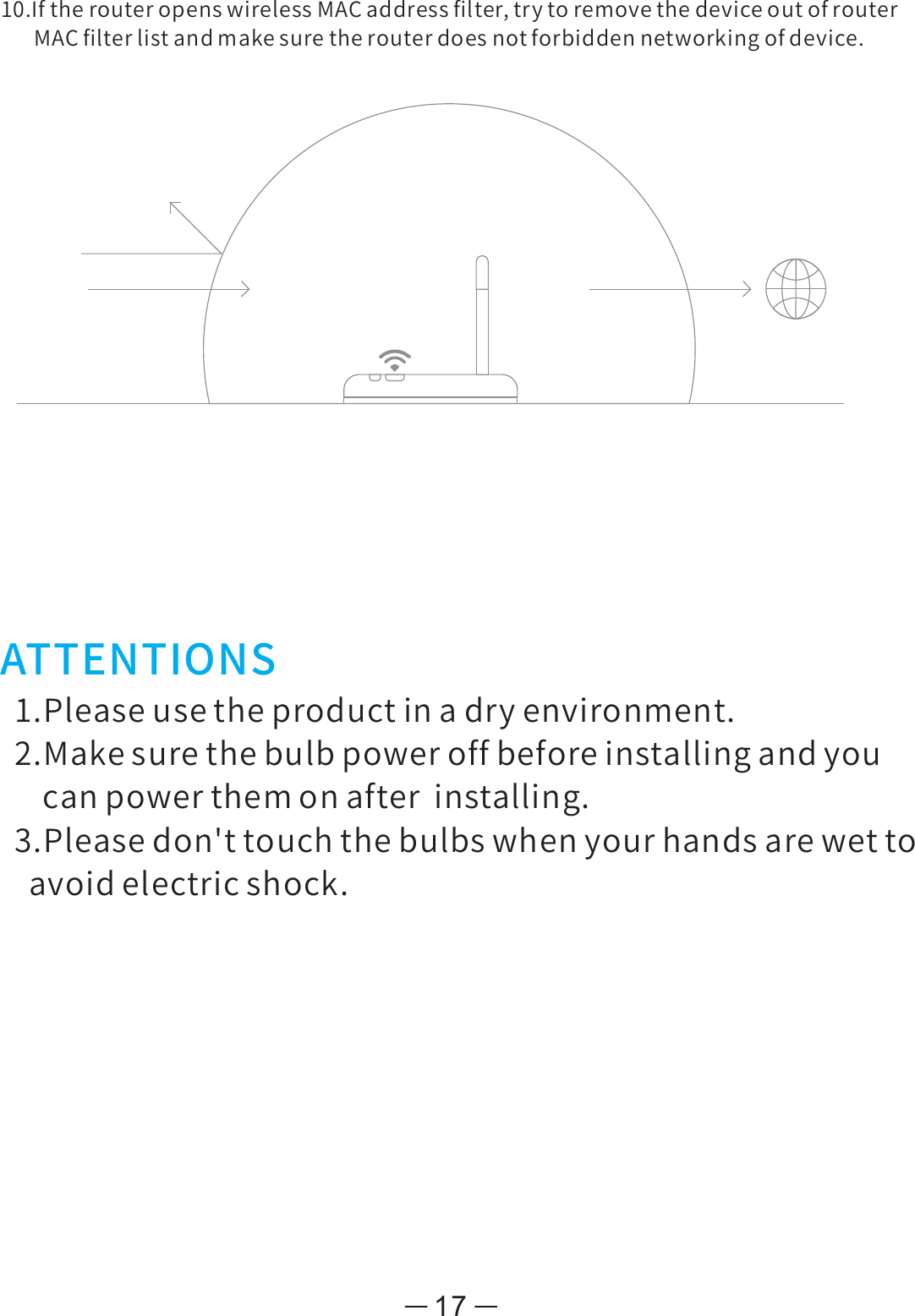 ATTENTIONS1.Pleaseusetheproductinadryenvironment.2.Makesurethebulbpoweroffbeforeinstallingandyoucanpowerthemonafterinstalling.3.Pleasedon&apos;ttouchthebulbswhenyourhandsarewettoavoidelectricshock.1710.IftherouteropenswirelessMACaddressﬁlter,trytoremovethedeviceoutofrouterMACﬁlterlistandmakesuretherouterdoesnotforbiddennetworkingofdevice.