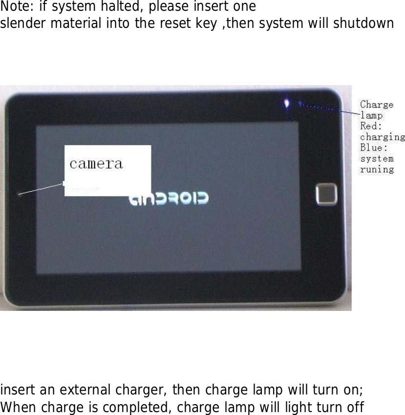   Note: if system halted, please insert one slender material into the reset key ,then system will shutdown         insert an external charger, then charge lamp will turn on; When charge is completed, charge lamp will light turn off                
