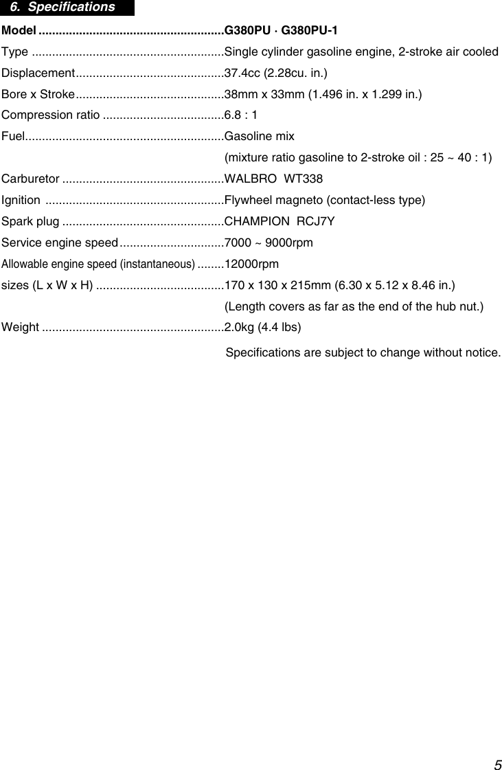 Page 5 of 8 - Zenoah Zenoah-G380Pu-Users-Manual- OM, Zenoah, G380PU, 2008-10, EN  Zenoah-g380pu-users-manual