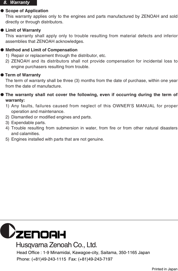 Page 8 of 8 - Zenoah Zenoah-G380Pu-Users-Manual- OM, Zenoah, G380PU, 2008-10, EN  Zenoah-g380pu-users-manual