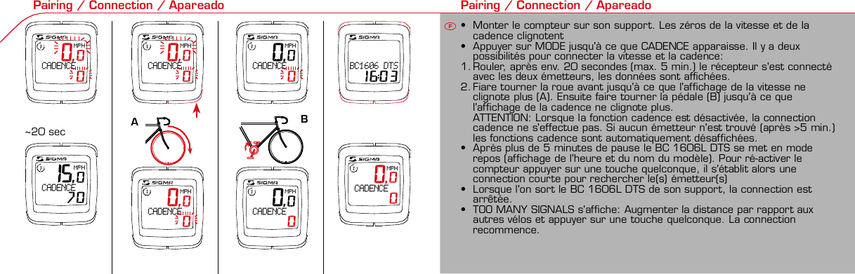 Contents / Contenu / ContenudoInstallation / Montage / Montaje Installation of mounting bracket Montage du support / Montaje del soporte de bicicleta1 2Installation of mounting bracket Installation of magnet / Montage de l&apos;aimant / Montaje del imán5Installation of speed transmitter Montage de l&apos;émett. Vit. / Montaje del emisor de velocidad1Installation of speed transmitter Installation of cadence transmitter5Mode / Reset Pairing / Connection / Apareado Pairing / Connection / Apareado Display illumination Eclairage de l&apos;écran / Iluminación de la indicaciónU FE3 4 6 12 1UF42 mm32 mmBasic settings Réglages de base / Ajustes básicosU FEU F ETechnical Data / Données techniques / Datos técnicos Technical data / Données techniques / Datos técnicos4xMontage de l&apos;émett. Cad. / Montaje del sensor de frecuencia de pedaleo2 3Changing modes Changement d’affichage / Cambio de visualizaciónU FEInstallation of speed transmitter Montage de l&apos;émett. Vit. / Montaje del emisor de velocidad3 4Installation of cadence transmitter42xInstallation of Bike Computer1Left side Right sidePairing / Connection / Apareado Pairing / Connection / Apareado 0,0MPH CADENCE    015,0MPH CADENCE   70 0,0MPH CADENCE    0 0,0MPH CADENCE    0 0,0MPH CADENCE    0 0,0MPH CADENCE    0 0,0KMHBC1606 DTS 16:03 0,0MPH CADENCE    0Pairing / Connection / Apareado Pairing / Connection / Apareado4Installation of cadence transmitter3EU F EGeneral remarks UTrouble Shooting UChange battery Remarques générales FChangement de batterie Solution aux problèmes FObservaciones generales ECambio de la pila Solución de problemas ELanguage entry Réglage langue / Introducir el idiomaU FEKMH/MPH entry Réglage KMH/MPH / Introducción KMH/MPHU FEWheel size entry Circonférence de roue / Dimensiones de la ruedaU FEGrey, grisMeasure wheel size Mesurer la roue / Dimensiones de la ruedaU FEWheel Size Chart (Wheel Size) Wheel Size Chart (Circonférence de roue / Tamaño de rueda)A CBWheel size entry Circonférence de roue / Dimensiones de la ruedaU FEoptional Bike 2Ref. No. 00405Time entry Réglage heure / Introducir la horaU FECadence entry Réglage fréquence de pédalage / Frecuencia de pedaleoU FETotal data entry Réglage des valeurs totales / Datos totalesU FEContrast entry Réglage contraste / Introducción contrasteU FEStopwatch Chronomètre / CronómetroU FETimer entry Réglage Compteur temps / Introducción temporizadorU FETrip counter entry Réglage compteur KM / CuentakilómetrosU FEComparison speed Comparaison de la vitesse / Comparación velocidadU FEReset Remise à zéro / Puesta a ceroU FEAssembly 2nd wheel Montage 2ème roue / Montaje 2ª ruedaU FEoptional Bike 2Ref. No. 00405Grey, grisBike 1+SETBI KE  COMPUT ERTO PLI NEB C   1 6 0 6 L   D TS   c a d e n c eSIGMA  B IK E  CO MPUTERBC 160 6 L  DT SW W W. S IG MA S P O RT. C O MW W W. S IG MA S P O RT. C O MSIGMA USA:North America1067 Kingsland DriveBatavia, IL 60510, US ATel. +1-630-761-1106Fax +1-6 30-761-1107Toll Free: 888-744-6 277SIGMA EUROPA:SIGMA Elektro GmbHDr.- Julius-Leber -Straße 15D-67433 Neustadt a.d.W.Tel. +49-(0)63 21-9120-11 8Fax +49- (0)6321-9120 -34SIGMA ASIA:Asia, Australia, South Ame rica7F-1, No. 193, Ta-Tun 6th Street,Taichung City, TaiwanTel. +886-4-2475 35 77Fax +886 -4-2475  3563TRIP DISTTRIP TIMECADENCEAVG. SPEEDAVG. CADENCEMAX. SPEEDMODE 1TRIP DISTTRIP TIMEAVG. SPEEDAVG. CADENCEMAX. SPEEDSTOPWATCHTIMER +/-TRIP +/-RESETCLOCKSTOPWATCHTIMER UP/DOWNTRIP UP/DOWNODO BIKE 1/2*TOTAL ODO*TIME BIKE 1/2*TOTAL TIME*MODE 2SETKM JOURTEMPS PARCCADENCEVIT MOYEN.CAD MOYEN.VIT MAXIMODE 1KM JOURTEMPS PARCVIT MOYEN.CAD MOYEN.VIT MAXICHRONOCPT TEMPS +/-CPT KM +/-RESETHEURECHRONOCPT TEMPS +/-CPT KM +/-KM-VELO 1/2*KM TOTAL*TEMPSVELO 1/2*TEMPSTOTAL*MODE 2SET• MODE 1/2 button:Open the functions• RESET button:Resets the listedfunctions• Touche MODE 1/2:appel de la fonction.• Touche RESET:remise à zéro desfonctions listées.• Press SET button for 3 sec. to enter set-up mode(SET will appear in upper right hand corner of displaywhen in set-up mode, you must be in set-mode toperform steps 1-9).• Use the set-up mode to change language, KMH/MPH,wheel size, time, total odo, total time, and contrast.•  Appuyer sur la touche SET 3 sec pour effectuer les réglages de basesuivants : langue, changement entre kmh/mph, circonférence de laroue 1/2, heure, montrer pédalage, Km-Roue 1/2, temps-roue 1/2 etcontraste de l&apos;écran. Après le changement de la pile, seule l&apos;heure et lecontraste de l&apos;écran doivent être à nouveau réglés.• Pulsar la tecla SET durante 3 segundos para realizar los siguientes ajustesbásicos: idioma, cambio entre kmh/mph, dimensiones de la rueda 1/2,hora, mostrar pedaleo, Km rueda 1/2, tiempo rueda 1/2 y contraste dela pantalla. Tras un cambio de la pila deben introducirse solo la hora y elcontraste de la pantalla.SET &gt; 3 secRESETSpeedTRIP DISTTRIP TIMECADENCESTOPWATCHTIMER UP/DOWNTRIP UP/DOWNODO BIKE1/2TIME BIKE1/2WS BIKE 1/2VitesseKM JOURTEMPS PARCPEDALE UPMCHRONOCPT TEMPS +/-CPT KM +/-KM TOTAL 1/2TEMPSTOTAL 1/2CIRCONFERENCEDE LA ROUE 1/2VelocidadKM DIATIEMPO PARCADENCIACRONOMETROTIEMPO +/-CUENTA KM +/-KM TOTAL 1/2TIEMPO TOT 1/2DIMENSIONESDE LA RUEDA1/20.00.000:00:00000:00.00:00:000.0000:002,155Default Max Units199.59,999.9999:59180999:599:59:59999.9999,9999,9993,999kmh/mphkm/mih:mm:ss hh:mm hhh:mmrpmmm:ss,1/10 h:mm:ss hhh:mm- mm:ss h:mm:sskm/mikm/mih:mm hh:mm hhh:mm h.hhhmmMin20-59:59-99.991,000* not while riding *Pas pendant la conduitePrinted in USAHow to change modes• Press MODE 1 button until the desired function isdisplayed(TRIP DISTANCE, TRIP TIME, AVG. SPEED, MAX.SPEED, CLOCK, TOTAL ODO, TOTAL TIME)• While riding the TOTAL ODO and TOTAL TIME functionsare hidden.• Appuyer sur la touche MODE1 jusqu&apos;à ce que la fonction souhaitée soitaffichée (DISTANCE JOURNALIERE KM, TEMPS PARCOURU, PEDALE UPM,MOYENNE KMH, MOYENNE UPM, MAX.KMH). A l&apos;aide de MODE2 activerHEURE, CHRONOMETRE, TIMER, COMPTEUR KM, KM-ROUE 1/2*,DISTANCE TOTALE EN KM*, TEMPS-ROUE 1/2*, TEMPS TOTAL*.*Pas pendant la conduite.• Pulsar la tecla MODE1 hasta que se muestre la función deseada (KMDIARIOS, DURACIÓN DEL TRAYECTO, RPM PEDAL, PROMEDIO KMH,PROMEDIO RPM, KMH MÁX.). Con MODE2 activar HORA, CRONÓMETRO,TEMPORIZADOR, CUENTAKILÓMETROS, KM RUEDA 1/2*, KM TOTALES*,TIEMPO RUEDA 1/2*, TIEMPO TOTAL*.*No durante la carrera.MODE 1MODE 2~20 sec AB Test: BatteryMax. 20 mm~20 sec AB• The backlight function is switched on/off when you pressthe SET button and RESET button at the same time. Thedisplay will illuminate when you press any button whilebacklight is turned on. Turn off backlight by pressing SETand RESET at the same time.• Conserve battery life by avoiding unnecessaryillumination! Light will not function while pairing!•  En appuyant simultanément sur les touches SET et RESET, la lumière estallumée/éteinte. Sur l&apos;ecran s&apos;affiche LUM. ON/LUM. OFF.En appuyant sur une touche, la lumière est activée; en appuyant de nouveau,la prochaine fonction est affichée.Pour économiser la pile, évitez un éclairage inutile ! L&apos;éclairage n&apos;est pasdisponible lors de la connection émetteur/récepteur.•  Pulsando al mismo tiempo las teclas SET y RESET se activa / desactiva lafunción de iluminación. En la pantalla aparece brevemente LUZCONECTADA/DESCONECTADA. Pulsando se ilumina la pantalla, con lasiguiente pulsación se apaga.Evite una iluminación innecesaria para conservar la pila.¡No está disponible durante el apareado!KM DIATIEMPO PARCADENCIAVEL MEDIACAD MEDIAVEL MAXIMAMODE 1KM DIATIEMPO PARVEL MEDIACAD MEDIAVEL MAXIMACRONOMETROTIEMPO +/-CUENTA KM +/-RESETHORACRONOMETROTIEMPO +/-CUENTA KM +/-KM BICI 1/2*KM TOTAL*TIEMPOBIC 1/2*TIEMPO TOT*MODE 2SET• Tecla MODE 1/2:Activar las funciones• Tecla RESET:Restablecimientode las funcionesde la lista*no durante la carrera• After installing the bike computer into mounting bracket, SPEED andCADENCE displays will blink ZERO.• Press MODE until CADENCE is displayed. There are two ways to pair yourSPEED and CADENCE transmitters with the computer.• 1. Ride. After 20 seconds (max 5 min.) the receiver will pair with bothtransmitters and data will be displayed.• 2. Spin front wheel until speed display stops blinking (A). Turn crank untilCADENCE stops blinking (B)• ATTENTION: If CADENCE function is turned OFF, no pairing will take place.If no CADENCE is detected after 5 minutes, CADENCE functions willautomatically turn off.• After 5 min. without transmission, BC1606 DTS will go into sleep mode.(Time of Day and Model name shown in the display). Press any button tore-activate the computer. A short pairing will find the transmitter.• Removing the BC1606 DTS from the mounting bracket will end the pairedconnection.• If “TOO MANY SIGNALS” message is displayed: lengthen the distance of alltransmitters and press any button to continue. Pairing will begin again.• Monter le compteur sur son support. Les zéros de la vitesse et de lacadence clignotent• Appuyer sur MODE jusqu&apos;à ce que CADENCE apparaisse. Il y a deuxpossibilités pour connecter la vitesse et la cadence:1. Rouler, après env. 20 secondes (max. 5 min.) le récepteur s&apos;est connectéavec les deux émetteurs, les données sont affichées.2. Fiare tourner la roue avant jusqu&apos;à ce que l&apos;affichage de la vitesse neclignote plus (A). Ensuite faire tourner la pédale (B) jusqu&apos;à ce quel&apos;affichage de la cadence ne clignote plus.ATTENTION: Lorsque la fonction cadence est désactivée, la connectioncadence ne s&apos;effectue pas. Si aucun émetteur n&apos;est trouvé (après &gt;5 min.)les fonctions cadence sont automatiquement désaffichées.• Après plus de 5 minutes de pause le BC 1606L DTS se met en moderepos (affichage de l&apos;heure et du nom du modèle). Pour ré-activer lecompteur appuyer sur une touche quelconque, il s&apos;établit alors uneconnection courte pour rechercher le(s) émetteur(s)• Lorsque l&apos;on sort le BC 1606L DTS de son support, la connection estarrêtée.• TOO MANY SIGNALS s&apos;affiche: Augmenter la distance par rapport auxautres vélos et appuyer sur une touche quelconque. La connectionrecommence.~20 sec AB• Encajar el BC 1606L DTS sobre el soporte. Los ceros de las indicacionesde velocidad y de frecuencia de pedaleo parpadean.• Pulsar MODE hasta que aparece RPM PEDAL. Para emparejar la velocidady la frecuencia de pedaleo (opcional) hay 2 posibilidades:1. Iniciar la marcha, después de aprox. 20 segundos (máx. 5 min.) sesincroniza el receptor con los dos emisores, se muestran los datos.2. Girar la rueda delantera hasta que deje de parpadear la indicación de KMH(A). Después girar la manivela (B) hasta que deje de parpadear el RPMPEDAL.ATENCIÓN: Si se oculta la función de frecuencia de pedaleo, no se emparejael emisor de frecuencia de pedaleo. Si no se encuentra ningún emisor(después de &gt;5 min.) se ocultan automáticamente las funciones defrecuencia de pedaleo.• Después de 5 minutos de pausa, el BC 1606L DTS pasa al modo deespera (la hora y el nombre del modelo en la pantalla). Al pulsar cualquiertecla se inicia un apareado corto para encontrar el emisor.• Al retirar el BC 1606L DTS del soporte se desconecta la desconexión.• Indicación TOO MANY SIGNALS (demasiadas señales): Aumentar ladistancia con otros emisores y pulsar cualquier tecla. El apareado se iniciade nuevo.Battery:1 lithium button cell 2032, 3VBattery change is displayed on screen.Change batteries:• WHEEL SIZES; TIMES WHEEL 1+2 andTOTAL KM WHEEL 1+2, LANGUAGE,KMH/MPH remain saved even whenthe battery is changed.• Observe direction of plus and minuspoles; when the compartment is openyou must see the PLUS side of thebattery!• If sealing ring is loose, re-insert it.• After changing the battery only thetime and the contrast must be re-entered.WarrantyWe are liable to our contracting partnersfor defects as defined by law. Batteriesare excluded from the guarantee.No display of MPH• Using an old RDS mounting bracket?• Check that the Bike Computer is properlyengaged in the bracket.• Check contacts for corrosion/oxidation.• Check distance between magnet and sensor(max. 20 mm using Sigma&apos;s Power Magnet)• Check if magnet is magnetizedNo display of cadence• 2 magnets installed?• Magnet in the right position?• Wheel size programmed incorrectly?• In case of you switched bikes - are you mountingthe correct transmitter?False display of MPHDisplay is black or weaken?• Temperature too high (&gt;60 °C) or too low (&lt;0°C)• In ENTRY SHOW CAD = NOrefer to MPH no displayNo Display (screen blank)• Check Battery• Check plus and minus poles• Battery contact ok? (bend carefully!)No Pairing• Check distance between transmitter /magnet (20mm or less with powermagnet)• Press battery check button ontransmitter• Activate computer by pressing anybutton• Check distance between transmitterand receiver (max distance 90cm)• If using a dynamo hub, change locationof transmitter.TOO MANY SIGNALS is shown:• Extend the distance betweentransmitters and press any buttonon computer to continueComputer:Open the top cover with a coinPay attention topolarity!Transmitter:Open top cover with toolTake the battery out of the top cover!Pay attention to polarity!Pile:1 pile-bouton lithium 2032, 3VLe changement de pile est affiché estaffiché sur l&apos;écran.Changement de pile• Même en cas de changement de pile,GRANDEURS DE ROUE, TEMPS VELO 1+2et DISTANCE TOTALE EN KM ROUE 1+2,LANGUE, KMH/MPH restent en mémoire.• Faire attention au plus et au moins, lorsquele compartiment de la pile est ouvert,vous devez voir le côté PLUS de la pile !• En cas de déplacement du jointd&apos;étanchéité, le remettre en place.• Après le changement de la pile, seull&apos;heure et le contraste doivent êtreà nouveau rentrés.GarantieNous sommes responsables, vis-à-vis denotre partenaire contractuel respectif, desvices conformément aux prescriptions légales.Les piles sont exclues de la garantie.Compteur:Ouvrir le couvercle avec une pièceAttention à lapolarité!Emetteur:Ouvrir le couvercle avecl&apos;outil prévu à cet effet.Enlever la pile du couvercle!Attention à la polarité!Pas d&apos;affichage kmh• Ancien système sans fil sur le vélo?• Compteur bien enclenché sur le support?• Corrosion/oxidation sur les contacts?• Distance aimant/émetteur?(max. 20 mm)• Aimant magnétisé?• 2 aimant montés?• Aimant bien positionné?• Circonférence de la roue (WS) bienprogrammè?• Montage du bon émetteur lors d&apos;unchangement de vélo?Mauvais affichage de la vitesseAffichage noir/lent• Température trop haute (&gt;60°C)ou trop basse (&lt;0°C)Pas d&apos;affichage (écran vide)• Vérifier l&apos;état de la pile• Pile bien mise (plus et moins)• Contacts ok? (tordre en faisant attention)Pas de connection• Vérifier la distance aimant/émetteur• Les piles de l&apos;émetteur sont vides• Activer le compteur en appuyant surune touche• Vérifier la distance émetteur/récepteur• Si vous utilisez une dynamo-moyeu,changer la position de l&apos;émetteurAffichage TOO MANY SIGNALS• Augmenter la distance avec les autresvélos et appuyer sur une touchequelconque.Pas d&apos;affichage de la cadence• Dans le menu AFF. CAD. = NONVoir pas d&apos;affichage kmhPila:1 pila de litio tipo botón 2032, 3VEl cambio de pila se muestra en la pantalla.Cambio de pila• Los TAMAÑOS DE LA RUEDA, TIEMPOSRUEDA 1+2 y KM TOTALES RUEDA 1+2,IDIOMA, KMH/MPH permanecenguardados también tras un cambio depila.• Respetar el + y el -. Con elcompartimento de la batería abiertotiene que verse el + de la pila.• Si la junta de estanquidad estádesplazada, volver a colocarla.• Tras el cambio de pila debe introducirsede nuevo la hora.GarantíaNos responsabilizamos de las deficienciasfrente a nuestro socio contractual segúnlo dispuesto en los reglamentos legales.Ordenador:Abrir la tapa con una moneda.¡Prestar atencióna la polaridad&quot;Emisor:Abrir la tapa con una herramienta.¡Retirar la pila de la tapa!¡Prestar atención a la polaridad!KMH sin indicación• ¿Se utiliza el soporte antiguo del manillarcon la transmisión por radio (RDS)?• ¿Está el ordenador correctamenteencajado sobre el soporte?• ¿Se han comprobado la oxidación /corrosión de los contactos?• ¿Distancia entre imán y sensor?(máx. 20 mm)• ¿Se ha comprobado si el imán estáimantado?• ¿2 imanes montados?• ¿Imán posicionado correctamente?• ¿Dimensiones de la rueda (WS) malajustadas?• ¿Se ha montado el emisor correcto en elcambio de bicicleta?Los KMH están mal indicadosIndicación en pantalla oscura o lenta• Temperatura demasiado alta (&gt;60° C) odemasiado baja (&lt;0° C)Sin indicación en pantalla(indicación vacía)• Comprobar la pila• Pila bien colocada (+ y -)• ¿Es correcto el contacto de la pila?(comprobar con cuidado)Ningún apareado• Comprobar la distancia emisor/imán• Pila del emisor vacía• Activar el ordenador pulsando• Comprobar alcance• Modificar la posición del emisor alemplear un dínamo de cuboIndicación TOO MANY SIGNALS(demasiadas señales):• Aumentar la distancia con otrosemisores y pulsar una teclaSin indicación de frecuencia de pedaleo• en la introducción MOSTRAR PEDALEO= NOKMH también sin indicación1. Set language• Press MODE 1 button until LANGUAGE is displayed• Press the SET button briefly, the display flashes. Set thedesired language using the MODE 1 button and confirmby pressing SET button briefly.1. Régler la langue• Appuyer sur la touche MODE1 jusqu&apos;à ce que LANGUEapparaisse sur l&apos;écran.• Appuyer brièvement sur la touche SET, l&apos;affichage clignote.Régler la langue souhaitée à l&apos;aide de la touche MODE1 etconfirmer avec la touche SET.1. Ajustar el idioma• Pulsar la tecla MODE1 hasta que aparezca IDIOMA en lapantalla.• Pulsar brevemente la tecla SET, la indicación parpadea.Con la tecla MODE1 ajustar el idioma seleccionado yconfirmar con la tecla SET.MODE1SET SETMODE12. KMH / MPH• Press MODE 1 button until KMH / MPH is displayed.• Press SET button briefly, KMH or MPH is displayed andflashing.• Select MPH or KMH with MODE 1 button.• Confirm by pressing SET button briefly.2. KMH / MPH• A l&apos;aide de la touche MODE1 changer le réglage KMH/MPH.• Appuyer brièvement sur la touche SET.• KMH ou MPH apparaît sur l&apos;écran et clignote.• Régler MPH ou KMH à l&apos;aide de la touche MODE1.• Confirmer par la touche SET.2. KMH / MPH• Con la tecla MODE1 cambiar a la introducción de KMH/MPH• Pulsar la tecla SET brevemente.• En la pantalla aparece KMH o MPH y parpadea.• Con la tecla MODE1 ajustar MPH o KMH.• Confirmar con la tecla SET.SET3. Wheel size BIKE 1• Press MODE 1 button to change to WS BIKE 1.• Press SET button briefly and the first digit flashes.• Change the number by pressing the RESET or MODE 2button, (RESET decreases value, MODE 2 increases value)Change to next digit by pressing MODE 1. Repeat withnext 3 numbers until desired wheel size is entered.• Confirm by pressing SET button briefly.3. Circonférence de la roue VELO 1• A l&apos;aide de la touche MODE1 passer à VELO 1.• Appuyer brièvement sur la touche SET, le premier chiffre àentrer clignote.• Régler les valeurs à l&apos;aide de la touche MODE2 (+) ou RESET(-), passer au prochain chiffre à l&apos;aide de la touche MODE1.• Le vélo 1 est toujours celui avec l&apos;emetteur vélo 13. Dimensiones de la rueda BICICLETA 1• Con la tecla MODE1 cambiar a BICICLETA 1.• Pulsar brevemente la tecla SET, la primera cifra deintroducción parpadea.• Con la tecla MODE2 (+) o la tecla RESET (-) ajustar losvalores, con la tecla MODE1 cambiar a la cifra siguiente.• La bicicleta 1 es siempre la bicicleta con emisor rueda 1MODE1M2SETRESET• A partir de la tabla C &quot;Wheel Size Chart&quot; (véase la páginasiguiente) determinar el valor correspondiente al tamañode la rueda. Introducir este valor.• Alternativa: calcular/ determinar el tamaño de la rueda(tabla A o tabla B)• Tras la última cifra confirmar con la tecla SET.• Determine the correct value for your wheel size fromTable C “Wheel Size Chart” (refer to next page).• Alternative: calculate wheel size using formula Tab A orTab B.• Déterminer la valeur correspondant à votre circonférencede roue à partir du tableau C &quot;Wheel Size Chart&quot; (voirpage suivante). Entrer cette valeur.• Alternative: calculer/déterminer WS (Tab. A ou tab. B).• Après le dernier chiffre, confirmer par la touche SET.M2RESET32-63028-63040-62247-62240-63537-62218-62220-62223-62225-62228-62232-62237-62240-62227x1 1/427x1 1/4 Fifty28x1.528x1.7528x1 1/228x1 3/8x1 5/8700x18C700x20C700x23C700x25C700x28C700x32C700x35C700x40C21992174222422682265220521022114213321462149217422052224kmhmph47-30547-40637-54047-50723-57140-55944-55947-55950-55954-55957-55937-59037-58420-57116x1.75x220x1.75x224x1 3/8 A24x1.75x226x126x1.526x1.626x1.75x226x1.926x2.0026x2.12526x1 3/826x1 3/8x1 1/226x3/412721590194819071973202620512070208921142133210520861954ETRTOkmhmphETRTOkm/h:WS = mm x 3.14mph:WS = mm x 3.14km/h:WS = mmmph:WS = mmmm x 3.14note: 1 inch = 25.4 mm4. Wheel size BIKE 2This computer can be programmed for two bikes, if you areonly using this computer for one bike, skip this step and goto step 5.Changing between WHEEL SIZE  1 and WHEEL SIZE 2occurs automatically with addition of the optional WS 2mounting bracket.• Press MODE 1 button to change to WS BIKE 2.• Press SET button briefly and the first digit flashes.• Change the number by pressing RESET or MODE 2 button.• Change to next digit by pressing MODE 1 button. Repeatwith next 3 numbers until desired wheel size is entered.• Confirm by pressing SET button briefly.4. Circonférence de la roue VELO 2• A l&apos;aide de la touche MODE1 passer au VELO 2.• Appuyer brièvement sur la touche SET, le premier chiffre à entrer clignote.• Réglage comme pour le VELO 1 : régler les valeurs à l&apos;aide de la toucheRESET/MODE2, passer au prochain chiffre à l&apos;aide de la touche MODE1.• Le vélo 2 est toujours celui avec l&apos;émetteur vélo 24. Dimensiones de la rueda BICICLETA 2• Con la tecla MODE1 cambiar a BICICLETA 2.• Pulsar brevemente la tecla SET, la primera cifra de introducción parpadea.• Introducción como en RUEDA 1: Con las teclas RESET/MODE2 ajustar losvalores, con la tecla MODE1 cambiar a la cifra siguiente, etc.• La bicicleta 2 es siempre la bicicleta con emisor rueda 25. Time(24 hr clock will display when using KMH, 12 hr clock willdisplay when using MPH)• Press MODE 1 button until TIME is displayed.• Press the SET button briefly and the hour digit flashes.• Change the hour with the RESET or MODE 2 button.• Advance to minutes by pressing MODE 1 button.• Change the minutes with the RESET or MODE 2 button.• Confirm by pressing the SET button briefly.5. Heure (kmh = 24 h / mph = 12 h)• Appuyer sur la touche MODE1 jusqu&apos;à ce qu&apos;HEURE apparaisse.• Appuyer brièvement sur la touche SET, le réglage clignote.• Régler l&apos;heure à l&apos;aide de la touche RESET/MODE2. A l&apos;aidede la touche MODE1 passer au réglage des minutes.• Régler les minutes à l&apos;aide de la touche RESET/MODE2.Confirmer avec la touche SET.5. Hora (kmh = 24 h / mph = 12 h)• Pulsar la tecla MODE1 hasta que aparezca HORA.• Pulsar brevemente la tecla SET, la introducción parpadea.• Con la tecla RESET/MODE2 ajustar las horas. Con la teclaMODE1 cambiar a la introducción de minutos.• Con la tecla RESET/MODE2 ajustar los minutos. Confirmarcon la tecla SET.MODE1SETSETM2RESET6. Display cadence function• Press MODE 1 button until SHOW CAD is displayed.• Press SET button briefly, the entry flashes.• Select YES or NO by pressing the MODE 1 button.• Select YES to show cadence and average cadence whileriding, Select NO if cadence functions are not desired.• Confirm by pressing set button briefly.6. Affichage de la fréquence de pédalage• Appuyer sur MODE1 jusqu&apos;à ce que AFF. CAD. apparaisse.• Appuyer brièvement sur SET, le réglage montre le réglageactuel.• A l&apos;aide du MODE1 régler OUI ou NON. Confirmer avec SET.• Avec NON, les fonctions CADENCE et CAD MOYEN. Ne sontplus affichées et la connection avecla cadence ne se fait pas.6. Indicación de la frecuencia de pedaleo• Pulsar la tecla MODE1 hasta que aparezca CADENCIA.• Pulsar SET brevemente, la introducción muestra el ajusteactual.• Con MODE1 ajustar SÍ o NO. Confirmar con SET• Con NO no se muestran más el RPM PEDAL y PROMEDIORPM y no se puede reallizar ningún apareado.SET SETMODE1You can enter TOTAL ODO (miles) miles and TOTAL timesfrom your previous computer.Note – This step is not necessary if previous data fromanother computer is not desired(skip to step 9).7. Enter TOTAL ODO (miles)• Press MODE 1 button until TOTAL ODO is displayed.• Press SET button briefly and the first digit will flash.• Press RESET or MODE 2 button to change each digit.• Press MODE 1 button to advance to next number.• Repeat until desired number is entered.• Confirm by pressing the SET button briefly.8. Enter TOTAL TIME• Press MODE 1 button until TOTAL TIME is displayed• Press SET button briefly and the first digit will flash.• Press RESET or MODE 2 button to change each digit.• Press MODE 1 button to advance to next number.• Repeat until desired number is entered• Confirm by pressing the SET button briefly.7. KM-VELO 1/28. TEMPS VELO 1/2• Réglage identique à la circonférence de la roue. Ici, vouspouvez transférer la distance totale en km, par exemplelors de l&apos;achat de cet appareil, à partir d&apos;un autrecompteur.7. KM RUEDA 1/28. TIEMPO RUEDA 1/2• Introducción como en las dimensiones de la rueda. Aquí sepuede transferir el número total de km p.ej. en caso decompra del aparato de otro ordenador de bicicleta.MODESETMODE 1M2RESET9. Contrast• Press MODE button until contrast is displayed.• Press SET button briefly and the display flashes.• Set the value by pressing RESET button.1 = light  3 = dark• Confirm by pressing the SET button.When you are finished entering the basic setting, press andhold SET button for 3 seconds to exit set-up mode.9. Contraste• Appuyer sur la touche MODE1 jusqu&apos;à ce que CONTRASTEapparaisse.• Appuyer brièvement sur la touche SET, le réglage clignote.• A l&apos;aide de la touche REMISE A ZERO/MODE2 régler lavaleur (1 = faible, 3 = fort). Confirmer avec la touche SET.9. Contraste• Pulsar la tecla MODE1 hasta que aparezca CONTRASTE.• Pulsar brevemente la tecla SET, la introducción parpadea.• Con la tecla RESET/MODE2 ajustar el valor (1=débil3= fuerte). Confirmar con la tecla SET.SETM2RESETSETSet Stopwatch• Press MODE 2 button until STOPWATCH is displayed• Press SET button to start stopwatch.• Press SET button to stop stopwatch.• Press and hold RESET button for more than 3 secondsto reset stopwatch to zero.Régler le chronomètre (+/-)• Appuyer sur la touche MODE 2 jusqu&apos;à ce queCHRONOMETRE apparaisse.• Appuyer sur la touche SET pour démarrer.• Arrêter et redémarrer à l&apos;aide de la touche SET.• Appuyer sur la touche RESET &gt; 3 sec pour remettrel&apos;affichage à zéro.Ajustar el temporizador (+/-)• Pulsar la tecla MODE 2 hasta que aparezca CRONOMETRO+/-.• Mantener pulsada la tecla SET. La indicación parpadea.Con la tecla MODE1 seleccionar contar hacia delante (+)o hacia atrás (-).• Confirmar con la tecla SET. Con la tecla RESET/MODE2introducir el tiempo de partida para CRONOMETRO +/-,con la tecla MODE1 saltar a la cifra siguiente. Confirmarcon la tecla SET.SET&gt; 3 secRESETSETSet timer• Press MODE 2 button until TIMER UP / DOWN isdisplayed.• Press and hold the SET button and the display will flash.• Press MODE 1 button to select between TIMER UP orTIMER DOWN.• Confirm by pressing SET button briefly• Enter the starting time by pressing RESET or MODE 2button.• Press MODE 1 to advance to next number, repeat untildesired time is displayed.• Confirm by pressing SET button briefly.Régler le compteur temps (+/-)• Appuyer sur MODE 2 jusqu&apos;à ce que CPT TEMPS+/-apparaisse.• Appuyer sur la touche SET. L&apos;affichage clignote. A l&apos;aide dela touche MODE1 choisir compter (+) ou décompter (-).• Confirmer par la touche SET. A l&apos;aide de la toucheRESET/MODE2 entrer le temps initial pour le TIMER +/-,à l&apos;aide de la touche MODE1 passer au prochain chiffre.Confirmer avec la touche SET.Ajustar el temporizador (+/-)• Pulsar la tecla MODE 2 hasta que aparezca TIEMPO +/-.• Mantener pulsada la tecla SET. La indicación parpadea.Con la tecla MODE1 seleccionar contar hacia delante (+)o hacia atrás (-).• Confirmar con la tecla SET. Con la tecla RESET/MODE2introducir el tiempo de partida para TIEMPO +/-, con latecla MODE1 saltar a la cifra siguiente. Confirmar con latecla SET.2 secMODE1MODE1M2RESETSet Trip up/down• Press MODE 2 button until TRIP UP / DOWN is displayed.• Press and hold the SET button and the display will flash.• Press MODE 1 button to select between TRIP UP or TRIPDOWN.• Confirm by pressing SET button briefly• Enter the starting mileage by pressing RESET or MODE 2button.• Press MODE 1 to advance to next number, repeat untildesired distance is displayed.• Confirm by pressing SET button briefly.Régler le compteur KM (+/-)• Appuyer sur MODE 2 jusqu&apos;à ce que COMPTEUR KM +/-apparaisse.• Appuyer sur la touche SET. L&apos;affichage clignote. A l&apos;aide dela touche MODE 1 choisir compter (+) ou décompter (-).• Confirmer par SET. À l&apos;aide de la touche RESET/MODE 2entrer les km souhaités pour le COMPTEUR KM +/-, àl&apos;aide de MODE1 passer au prochain chiffre. Confirmeravec SET.Ajustar el cuentakilómetros (+/-)• Pulsar la tecla MODE 2 hasta que aparezca CUENTA KM+/-.• Mantener pulsada la tecla SET. La indicación parpadea.Con la tecla MODE1 seleccionar contar hacia delante (+)o hacia atrás (-).• Confirmar con la tecla SET. Con la tecla RESET/MODE2introducir los kilómetros deseados para CUENTA KM +/-,con MODE1 saltar a la cifra siguiente. Confirmar con latecla SET.2 secMODE1MODE1M2RESETSpeed Comparison (pace arrow)Comparison of current speed to average speed.• If your current speed is equal to your average speed   isshown, if lower   is shown, and if higher   is shown.Vitesse/vitesse moyenne• En cas de vitesse à peu près similaire   s&apos;affiche, en casde vitesse plus faible   et plus élevée  .• L&apos;affichage est effectué pour toutes les fonctions saufdans les réglages de base.Velocidad / velocidad media• En caso de velocidad casi igual se muestra  , en caso develocidad menor   y velocidad mayor  .• La indicación se realiza en todas las funciones excepto enlos ajustes básicos.Reset Trip distance, Trip time, Average speed,and Max speed to zero.• Press MODE 1 button until the desired function to zeroout displayed.• Press and hold RESET button. The display will flash andafter 2 seconds the displayed function will clear.• Holding RESET button longer than 4 seconds will zero outTrip distance, Trip time, Average speed, and Max speedfunctions at the same time.Remise à zéro de l&apos;affichage• Appuyer sur la touche MODE1/2 jusqu&apos;à ce que la fonctionsouhaitée apparaisse.• A appuyer sur la touche RESET. L&apos;affichage clignote. Aubout de 2 sec, seule la fonction affichée est remise à 0.• Appuyer sur RESET pendant plus de 4 sec remet à zéroles affichages de DISTANCE JOURNALIERE KM, TEMPSPARCOURU, MOYENNE KMH, MOYENNE UPM, MAX. KMH.Restablecer las indicaciones• Pulsar la tecla MODE1/2 hasta que aparezca la funcióndeseada.• Mantener pulsada la tecla RESET. La indicación parpadea.Tras 2 segundos se restablece la función indicada a 0.• Pulsar la tecla RESET durante más de 4 segundosestablece las indicaciones de KM DIARIOS, DURACIÓN DELTRAYECTO, PROMEDIO KMH, PROMEDIO RPM, KMH MÁX.en cero.&gt; 2 sec&gt; 3,5 sec1. Switching between WHEEL 1 and WHEEL 2 isautomatic. You must install (optional) transmitter ofBike 2 (red button).• It is no longer possible to change by making an entry.• There is only one Cadence transmitter!1. Le changement entre la ROUE 1 et la ROUE 2 esteffectué automatiquement. Il faut utiliser l&apos;émetteurvélo 2 (en option) avec la touche rouge• Un changement manuel n&apos;est plus possible.• Pour la cadence il n&apos;existe qu&apos;un seul émetteur!1. El cambio entre la RUEDA 1 y RUEDA 2 se realizaautomáticamente. Debe emplearse el emisor (opcional)rueda 2 (tecla roja).• Ya no es posible un cambio por introducción.• ¡Para la frecuencia de pedaleo sólo hay un emisor!4 x90°4 xgo tostep 3 go tostep 2The harness comes ready to mount on your handlebars.To mount on a stem, remove the 4 screws on the back of the harness, turn base 90 degrees.stem mount remove yellow tape the SIGMA logo on the harness mustalways face the front of the bike.Foam pad included foruse with bladed spokesTo reach the required 20mm or less, move magnetand transmitter towards center of wheel.Note: 20mm = 3/4 inchesUse spacer to decrease space betweenmagnet and transmitter.Bike 1Wheel Size Chart3242orou??handlebarorstem2 m mRed, rougeRed, rougeLANGUAGEWS BIKE 1/2SHOW CADTRIP UP/DOWNTIMER UP/DOWNetc.LANGUEDIM ROUE 1/2AFF. CAD.COMPTEUR KM +/-TIMERetc.IDIOMADIM RUEDA 1/2VER CADEN.CUENTA KM +/-TIEMPO +/-etc.Bike 1+