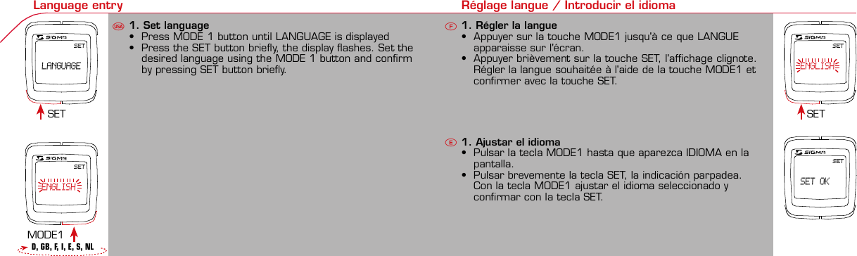 Contents / Contenu / ContenudoInstallation / Montage / MontajeInstallation of mounting bracketMontage du support / Montaje del soporte de bicicleta12Installation of mounting bracketInstallation of magnet / Montage de l&apos;aimant / Montaje del imán5Installation of speed transmitterMontage de l&apos;émett. Vit. / Montaje del emisor de velocidad1Installation of speed transmitterInstallation of cadence transmitter5Mode / Reset Pairing / Connection / Apareado Pairing / Connection / Apareado Display illumination Eclairage de l&apos;écran / Iluminación de la indicaciónU FE346121UF42 mm32 mmBasic settings Réglages de base / Ajustes básicosU FEUFETechnical Data / Données techniques / Datos técnicosTechnical data / Données techniques / Datos técnicos4xMontage de l&apos;émett. Cad. / Montaje del sensor de frecuencia de pedaleo23Changing modes Changement d’affichage / Cambio de visualizaciónU FEInstallation of speed transmitterMontage de l&apos;émett. Vit. / Montaje del emisor de velocidad34Installation of cadence transmitter42xInstallation of Bike Computer1Left sideRight sidePairing / Connection / Apareado Pairing / Connection / Apareado Pairing / Connection / Apareado Pairing / Connection / Apareado4Installation of cadence transmitter3EU F EGeneral remarksUTrouble ShootingUChange batteryRemarques généralesFChangement de batterieSolution aux problèmesFObservaciones generalesECambio de la pilaSolución de problemasELanguage entry Réglage langue / Introducir el idiomaU FESET LANGUAGESET ENGLISHSET ENGLISHSET SET OKKMH/MPH entry Réglage KMH/MPH / Introducción KMH/MPHU FEWheel size entry Circonférence de roue / Dimensiones de la ruedaU FEGrey, grisMeasure wheel size Mesurer la roue / Dimensiones de la ruedaU FEWheel Size Chart (Wheel Size) Wheel Size Chart (Circonférence de roue / Tamaño de rueda)A CBWheel size entry Circonférence de roue / Dimensiones de la ruedaU FEoptional Bike 2Ref. No. 00405Time entry Réglage heure / Introducir la horaU FECadence entry Réglage fréquence de pédalage / Frecuencia de pedaleoU FETotal data entry Réglage des valeurs totales / Datos totalesU FEContrast entry Réglage contraste / Introducción contrasteU FEStopwatch Chronomètre / CronómetroU FETimer entry Réglage Compteur temps / Introducción temporizadorU FETrip counter entry Réglage compteur KM / CuentakilómetrosU FEComparison speed Comparaison de la vitesse / Comparación velocidadU FEReset Remise à zéro / Puesta a ceroU FEAssembly 2nd wheelMontage 2ème roue / Montaje 2ª ruedaUFEoptional Bike 2Ref. No. 00405Grey, grisBike 1+SETBI KE  COMPUT ERTO PLI NEB C   1 6 0 6 L   D TS   c a d e n c eSIGMA  B IK E  CO MPUTERBC 160 6 L  DT SW W W. S IG MA S P O RT. C O MW W W. S IG MA S P O RT. C O MSIGMA USA:North America1067 Kingsland DriveBatavia, IL 60510, US ATel. +1-630-761-1106Fax +1-6 30-761-1107Toll Free: 888-744-6 277SIGMA EUROPA:SIGMA Elektro GmbHDr.- Julius-Leber -Straße 15D-67433 Neustadt a.d.W.Tel. +49-(0)63 21-9120-11 8Fax +49- (0)6321-9120 -34SIGMA ASIA:Asia, Australia, South Ame rica7F-1, No. 193, Ta-Tun 6th Street,Taichung City, TaiwanTel. +886-4-2475 35 77Fax +886 -4-2475  3563TRIP DISTTRIP TIMECADENCEAVG. SPEEDAVG. CADENCEMAX. SPEEDMODE 1TRIP DISTTRIP TIMEAVG. SPEEDAVG. CADENCEMAX. SPEEDSTOPWATCHTIMER +/-TRIP +/-RESETCLOCKSTOPWATCHTIMER UP/DOWNTRIP UP/DOWNODO BIKE 1/2*TOTAL ODO*TIME BIKE 1/2*TOTAL TIME*MODE 2SETKM JOURTEMPS PARCCADENCEVIT MOYEN.CAD MOYEN.VIT MAXIMODE 1KM JOURTEMPS PARCVIT MOYEN.CAD MOYEN.VIT MAXICHRONOCPT TEMPS +/-CPT KM +/-RESETHEURECHRONOCPT TEMPS +/-CPT KM +/-KM-VELO 1/2*KM TOTAL*TEMPSVELO 1/2*TEMPSTOTAL*MODE 2SET• MODE 1/2 button:Open the functions• RESET button:Resets the listedfunctions• Touche MODE 1/2:appel de la fonction.• Touche RESET:remise à zéro desfonctions listées.• Press SET button for 3 sec. to enter set-up mode(SET will appear in upper right hand corner of displaywhen in set-up mode, you must be in set-mode toperform steps 1-9).• Use the set-up mode to change language, KMH/MPH,wheel size, time, total odo, total time, and contrast.•  Appuyer sur la touche SET 3 sec pour effectuer les réglages de basesuivants : langue, changement entre kmh/mph, circonférence de laroue 1/2, heure, montrer pédalage, Km-Roue 1/2, temps-roue 1/2 etcontraste de l&apos;écran. Après le changement de la pile, seule l&apos;heure et lecontraste de l&apos;écran doivent être à nouveau réglés.• Pulsar la tecla SET durante 3 segundos para realizar los siguientes ajustesbásicos: idioma, cambio entre kmh/mph, dimensiones de la rueda 1/2,hora, mostrar pedaleo, Km rueda 1/2, tiempo rueda 1/2 y contraste dela pantalla. Tras un cambio de la pila deben introducirse solo la hora y elcontraste de la pantalla.SET &gt; 3 secRESETSpeedTRIP DISTTRIP TIMECADENCESTOPWATCHTIMER UP/DOWNTRIP UP/DOWNODO BIKE1/2TIME BIKE1/2WS BIKE 1/2VitesseKM JOURTEMPS PARCPEDALE UPMCHRONOCPT TEMPS +/-CPT KM +/-KM TOTAL 1/2TEMPSTOTAL 1/2CIRCONFERENCEDE LA ROUE 1/2VelocidadKM DIATIEMPO PARCADENCIACRONOMETROTIEMPO +/-CUENTA KM +/-KM TOTAL 1/2TIEMPO TOT 1/2DIMENSIONESDE LA RUEDA1/20.00.000:00:00000:00.00:00:000.0000:002,155DefaultMaxUnits199.59,999.9999:59180999:599:59:59999.9999,9999,9993,999kmh/mphkm/mih:mm:sshh:mmhhh:mmrpmmm:ss,1/10h:mm:sshhh:mm- mm:ssh:mm:sskm/mikm/mih:mmhh:mmhhh:mmh.hhhmmMin20-59:59-99.991,000* not while riding *Pas pendant la conduitePrinted in USAHow to change modes• Press MODE 1 button until the desired function isdisplayed(TRIP DISTANCE, TRIP TIME, AVG. SPEED, MAX.SPEED, CLOCK, TOTAL ODO, TOTAL TIME)• While riding the TOTAL ODO and TOTAL TIME functionsare hidden.• Appuyer sur la touche MODE1 jusqu&apos;à ce que la fonction souhaitée soitaffichée (DISTANCE JOURNALIERE KM, TEMPS PARCOURU, PEDALE UPM,MOYENNE KMH, MOYENNE UPM, MAX.KMH). A l&apos;aide de MODE2 activerHEURE, CHRONOMETRE, TIMER, COMPTEUR KM, KM-ROUE 1/2*,DISTANCE TOTALE EN KM*, TEMPS-ROUE 1/2*, TEMPS TOTAL*.*Pas pendant la conduite.• Pulsar la tecla MODE1 hasta que se muestre la función deseada (KMDIARIOS, DURACIÓN DEL TRAYECTO, RPM PEDAL, PROMEDIO KMH,PROMEDIO RPM, KMH MÁX.). Con MODE2 activar HORA, CRONÓMETRO,TEMPORIZADOR, CUENTAKILÓMETROS, KM RUEDA 1/2*, KM TOTALES*,TIEMPO RUEDA 1/2*, TIEMPO TOTAL*.*No durante la carrera.MODE 1MODE 2~20 sec AB Test: BatteryMax. 20 mm~20 sec AB• The backlight function is switched on/off when you pressthe SET button and RESET button at the same time. Thedisplay will illuminate when you press any button whilebacklight is turned on. Turn off backlight by pressing SETand RESET at the same time.• Conserve battery life by avoiding unnecessaryillumination! Light will not function while pairing!•  En appuyant simultanément sur les touches SET et RESET, la lumière estallumée/éteinte. Sur l&apos;ecran s&apos;affiche LUM. ON/LUM. OFF.En appuyant sur une touche, la lumière est activée; en appuyant de nouveau,la prochaine fonction est affichée.Pour économiser la pile, évitez un éclairage inutile ! L&apos;éclairage n&apos;est pasdisponible lors de la connection émetteur/récepteur.•  Pulsando al mismo tiempo las teclas SET y RESET se activa / desactiva lafunción de iluminación. En la pantalla aparece brevemente LUZCONECTADA/DESCONECTADA. Pulsando se ilumina la pantalla, con lasiguiente pulsación se apaga.Evite una iluminación innecesaria para conservar la pila.¡No está disponible durante el apareado!KM DIATIEMPO PARCADENCIAVEL MEDIACAD MEDIAVEL MAXIMAMODE 1KM DIATIEMPO PARVEL MEDIACAD MEDIAVEL MAXIMACRONOMETROTIEMPO +/-CUENTA KM +/-RESETHORACRONOMETROTIEMPO +/-CUENTA KM +/-KM BICI 1/2*KM TOTAL*TIEMPOBIC 1/2*TIEMPO TOT*MODE 2SET• Tecla MODE 1/2:Activar las funciones• Tecla RESET:Restablecimientode las funcionesde la lista*no durante la carrera• After installing the bike computer into mounting bracket, SPEED andCADENCE displays will blink ZERO.• Press MODE until CADENCE is displayed. There are two ways to pair yourSPEED and CADENCE transmitters with the computer.• 1. Ride. After 20 seconds (max 5 min.) the receiver will pair with bothtransmitters and data will be displayed.• 2. Spin front wheel until speed display stops blinking (A). Turn crank untilCADENCE stops blinking (B)• ATTENTION: If CADENCE function is turned OFF, no pairing will take place.If no CADENCE is detected after 5 minutes, CADENCE functions willautomatically turn off.• After 5 min. without transmission, BC1606 DTS will go into sleep mode.(Time of Day and Model name shown in the display). Press any button tore-activate the computer. A short pairing will find the transmitter.• Removing the BC1606 DTS from the mounting bracket will end the pairedconnection.• If “TOO MANY SIGNALS” message is displayed: lengthen the distance of alltransmitters and press any button to continue. Pairing will begin again.• Monter le compteur sur son support. Les zéros de la vitesse et de lacadence clignotent• Appuyer sur MODE jusqu&apos;à ce que CADENCE apparaisse. Il y a deuxpossibilités pour connecter la vitesse et la cadence:1. Rouler, après env. 20 secondes (max. 5 min.) le récepteur s&apos;est connectéavec les deux émetteurs, les données sont affichées.2. Fiare tourner la roue avant jusqu&apos;à ce que l&apos;affichage de la vitesse neclignote plus (A). Ensuite faire tourner la pédale (B) jusqu&apos;à ce quel&apos;affichage de la cadence ne clignote plus.ATTENTION: Lorsque la fonction cadence est désactivée, la connectioncadence ne s&apos;effectue pas. Si aucun émetteur n&apos;est trouvé (après &gt;5 min.)les fonctions cadence sont automatiquement désaffichées.• Après plus de 5 minutes de pause le BC 1606L DTS se met en moderepos (affichage de l&apos;heure et du nom du modèle). Pour ré-activer lecompteur appuyer sur une touche quelconque, il s&apos;établit alors uneconnection courte pour rechercher le(s) émetteur(s)• Lorsque l&apos;on sort le BC 1606L DTS de son support, la connection estarrêtée.• TOO MANY SIGNALS s&apos;affiche: Augmenter la distance par rapport auxautres vélos et appuyer sur une touche quelconque. La connectionrecommence.~20 sec AB• Encajar el BC 1606L DTS sobre el soporte. Los ceros de las indicacionesde velocidad y de frecuencia de pedaleo parpadean.• Pulsar MODE hasta que aparece RPM PEDAL. Para emparejar la velocidady la frecuencia de pedaleo (opcional) hay 2 posibilidades:1. Iniciar la marcha, después de aprox. 20 segundos (máx. 5 min.) sesincroniza el receptor con los dos emisores, se muestran los datos.2. Girar la rueda delantera hasta que deje de parpadear la indicación de KMH(A). Después girar la manivela (B) hasta que deje de parpadear el RPMPEDAL.ATENCIÓN: Si se oculta la función de frecuencia de pedaleo, no se emparejael emisor de frecuencia de pedaleo. Si no se encuentra ningún emisor(después de &gt;5 min.) se ocultan automáticamente las funciones defrecuencia de pedaleo.• Después de 5 minutos de pausa, el BC 1606L DTS pasa al modo deespera (la hora y el nombre del modelo en la pantalla). Al pulsar cualquiertecla se inicia un apareado corto para encontrar el emisor.• Al retirar el BC 1606L DTS del soporte se desconecta la desconexión.• Indicación TOO MANY SIGNALS (demasiadas señales): Aumentar ladistancia con otros emisores y pulsar cualquier tecla. El apareado se iniciade nuevo.Battery:1 lithium button cell 2032, 3VBattery change is displayed on screen.Change batteries:• WHEEL SIZES; TIMES WHEEL 1+2 andTOTAL KM WHEEL 1+2, LANGUAGE,KMH/MPH remain saved even whenthe battery is changed.• Observe direction of plus and minuspoles; when the compartment is openyou must see the PLUS side of thebattery!• If sealing ring is loose, re-insert it.• After changing the battery only thetime and the contrast must be re-entered.WarrantyWe are liable to our contracting partnersfor defects as defined by law. Batteriesare excluded from the guarantee.No display of MPH•Using an old RDS mounting bracket?•Check that the Bike Computer is properlyengaged in the bracket.•Check contacts for corrosion/oxidation.•Check distance between magnet and sensor(max. 20 mm using Sigma&apos;s Power Magnet)•Check if magnet is magnetizedNo display of cadence•2 magnets installed?•Magnet in the right position?•Wheel size programmed incorrectly?•In case of you switched bikes - are you mountingthe correct transmitter?False display of MPHDisplay is black or weaken?•Temperature too high (&gt;60 °C) or too low (&lt;0°C)•In ENTRY SHOW CAD = NOrefer to MPH no displayNo Display (screen blank)•Check Battery•Check plus and minus poles•Battery contact ok? (bend carefully!)No Pairing•Check distance between transmitter /magnet (20mm or less with powermagnet)•Press battery check button ontransmitter•Activate computer by pressing anybutton•Check distance between transmitterand receiver (max distance 90cm)•If using a dynamo hub, change locationof transmitter.TOO MANY SIGNALS is shown:•Extend the distance betweentransmitters and press any buttonon computer to continueComputer:Open the top cover with a coinPay attention topolarity!Transmitter:Open top cover with toolTake the battery out of the top cover!Pay attention to polarity!Pile:1 pile-bouton lithium 2032, 3VLe changement de pile est affiché estaffiché sur l&apos;écran.Changement de pile•Même en cas de changement de pile,GRANDEURS DE ROUE, TEMPS VELO 1+2et DISTANCE TOTALE EN KM ROUE 1+2,LANGUE, KMH/MPH restent en mémoire.• Faire attention au plus et au moins, lorsquele compartiment de la pile est ouvert,vous devez voir le côté PLUS de la pile !•En cas de déplacement du jointd&apos;étanchéité, le remettre en place.• Après le changement de la pile, seull&apos;heure et le contraste doivent êtreà nouveau rentrés.GarantieNous sommes responsables, vis-à-vis denotre partenaire contractuel respectif, desvices conformément aux prescriptions légales.Les piles sont exclues de la garantie.Compteur:Ouvrir le couvercle avec une pièceAttention à lapolarité!Emetteur:Ouvrir le couvercle avecl&apos;outil prévu à cet effet.Enlever la pile du couvercle!Attention à la polarité!Pas d&apos;affichage kmh•Ancien système sans fil sur le vélo?•Compteur bien enclenché sur le support?•Corrosion/oxidation sur les contacts?•Distance aimant/émetteur?(max. 20 mm)•Aimant magnétisé?•2 aimant montés?•Aimant bien positionné?•Circonférence de la roue (WS) bienprogrammè?•Montage du bon émetteur lors d&apos;unchangement de vélo?Mauvais affichage de la vitesseAffichage noir/lent•Température trop haute (&gt;60°C)ou trop basse (&lt;0°C)Pas d&apos;affichage (écran vide)•Vérifier l&apos;état de la pile•Pile bien mise (plus et moins)•Contacts ok? (tordre en faisant attention)Pas de connection•Vérifier la distance aimant/émetteur•Les piles de l&apos;émetteur sont vides•Activer le compteur en appuyant surune touche•Vérifier la distance émetteur/récepteur•Si vous utilisez une dynamo-moyeu,changer la position de l&apos;émetteurAffichage TOO MANY SIGNALS•Augmenter la distance avec les autresvélos et appuyer sur une touchequelconque.Pas d&apos;affichage de la cadence•Dans le menu AFF. CAD. = NONVoir pas d&apos;affichage kmhPila:1 pila de litio tipo botón 2032, 3VEl cambio de pila se muestra en la pantalla.Cambio de pila• Los TAMAÑOS DE LA RUEDA, TIEMPOSRUEDA 1+2 y KM TOTALES RUEDA 1+2,IDIOMA, KMH/MPH permanecenguardados también tras un cambio depila.• Respetar el + y el -. Con elcompartimento de la batería abiertotiene que verse el + de la pila.•Si la junta de estanquidad estádesplazada, volver a colocarla.• Tras el cambio de pila debe introducirsede nuevo la hora.GarantíaNos responsabilizamos de las deficienciasfrente a nuestro socio contractual segúnlo dispuesto en los reglamentos legales.Ordenador:Abrir la tapa con una moneda.¡Prestar atencióna la polaridad&quot;Emisor:Abrir la tapa con una herramienta.¡Retirar la pila de la tapa!¡Prestar atención a la polaridad!KMH sin indicación•¿Se utiliza el soporte antiguo del manillarcon la transmisión por radio (RDS)?•¿Está el ordenador correctamenteencajado sobre el soporte?•¿Se han comprobado la oxidación /corrosión de los contactos?•¿Distancia entre imán y sensor?(máx. 20 mm)•¿Se ha comprobado si el imán estáimantado?•¿2 imanes montados?•¿Imán posicionado correctamente?•¿Dimensiones de la rueda (WS) malajustadas?•¿Se ha montado el emisor correcto en elcambio de bicicleta?Los KMH están mal indicadosIndicación en pantalla oscura o lenta•Temperatura demasiado alta (&gt;60° C) odemasiado baja (&lt;0° C)Sin indicación en pantalla(indicación vacía)•Comprobar la pila•Pila bien colocada (+ y -)•¿Es correcto el contacto de la pila?(comprobar con cuidado)Ningún apareado•Comprobar la distancia emisor/imán•Pila del emisor vacía•Activar el ordenador pulsando•Comprobar alcance•Modificar la posición del emisor alemplear un dínamo de cuboIndicación TOO MANY SIGNALS(demasiadas señales):•Aumentar la distancia con otrosemisores y pulsar una teclaSin indicación de frecuencia de pedaleo•en la introducción MOSTRAR PEDALEO= NOKMH también sin indicación1. Set language• Press MODE 1 button until LANGUAGE is displayed• Press the SET button briefly, the display flashes. Set thedesired language using the MODE 1 button and confirmby pressing SET button briefly.1. Régler la langue• Appuyer sur la touche MODE1 jusqu&apos;à ce que LANGUEapparaisse sur l&apos;écran.• Appuyer brièvement sur la touche SET, l&apos;affichage clignote.Régler la langue souhaitée à l&apos;aide de la touche MODE1 etconfirmer avec la touche SET.1. Ajustar el idioma• Pulsar la tecla MODE1 hasta que aparezca IDIOMA en lapantalla.• Pulsar brevemente la tecla SET, la indicación parpadea.Con la tecla MODE1 ajustar el idioma seleccionado yconfirmar con la tecla SET.MODE1SET SETMODE12. KMH / MPH• Press MODE 1 button until KMH / MPH is displayed.• Press SET button briefly, KMH or MPH is displayed andflashing.• Select MPH or KMH with MODE 1 button.• Confirm by pressing SET button briefly.2. KMH / MPH• A l&apos;aide de la touche MODE1 changer le réglage KMH/MPH.• Appuyer brièvement sur la touche SET.• KMH ou MPH apparaît sur l&apos;écran et clignote.• Régler MPH ou KMH à l&apos;aide de la touche MODE1.• Confirmer par la touche SET.2. KMH / MPH• Con la tecla MODE1 cambiar a la introducción de KMH/MPH• Pulsar la tecla SET brevemente.• En la pantalla aparece KMH o MPH y parpadea.• Con la tecla MODE1 ajustar MPH o KMH.• Confirmar con la tecla SET.SET3. Wheel size BIKE 1• Press MODE 1 button to change to WS BIKE 1.• Press SET button briefly and the first digit flashes.• Change the number by pressing the RESET or MODE 2button, (RESET decreases value, MODE 2 increases value)Change to next digit by pressing MODE 1. Repeat withnext 3 numbers until desired wheel size is entered.• Confirm by pressing SET button briefly.3. Circonférence de la roue VELO 1• A l&apos;aide de la touche MODE1 passer à VELO 1.• Appuyer brièvement sur la touche SET, le premier chiffre àentrer clignote.• Régler les valeurs à l&apos;aide de la touche MODE2 (+) ou RESET(-), passer au prochain chiffre à l&apos;aide de la touche MODE1.• Le vélo 1 est toujours celui avec l&apos;emetteur vélo 13. Dimensiones de la rueda BICICLETA 1• Con la tecla MODE1 cambiar a BICICLETA 1.• Pulsar brevemente la tecla SET, la primera cifra deintroducción parpadea.• Con la tecla MODE2 (+) o la tecla RESET (-) ajustar losvalores, con la tecla MODE1 cambiar a la cifra siguiente.• La bicicleta 1 es siempre la bicicleta con emisor rueda 1MODE1M2SETRESET• A partir de la tabla C &quot;Wheel Size Chart&quot; (véase la páginasiguiente) determinar el valor correspondiente al tamañode la rueda. Introducir este valor.• Alternativa: calcular/ determinar el tamaño de la rueda(tabla A o tabla B)• Tras la última cifra confirmar con la tecla SET.• Determine the correct value for your wheel size fromTable C “Wheel Size Chart” (refer to next page).• Alternative: calculate wheel size using formula Tab A orTab B.• Déterminer la valeur correspondant à votre circonférencede roue à partir du tableau C &quot;Wheel Size Chart&quot; (voirpage suivante). Entrer cette valeur.• Alternative: calculer/déterminer WS (Tab. A ou tab. B).• Après le dernier chiffre, confirmer par la touche SET.M2RESET32-63028-63040-62247-62240-63537-62218-62220-62223-62225-62228-62232-62237-62240-62227x1 1/427x1 1/4 Fifty28x1.528x1.7528x1 1/228x1 3/8x1 5/8700x18C700x20C700x23C700x25C700x28C700x32C700x35C700x40C21992174222422682265220521022114213321462149217422052224kmhmph47-30547-40637-54047-50723-57140-55944-55947-55950-55954-55957-55937-59037-58420-57116x1.75x220x1.75x224x1 3/8 A24x1.75x226x126x1.526x1.626x1.75x226x1.926x2.0026x2.12526x1 3/826x1 3/8x1 1/226x3/412721590194819071973202620512070208921142133210520861954ETRTOkmhmphETRTOkm/h:WS = mm x 3.14mph:WS = mm x 3.14km/h:WS = mmmph:WS = mmmm x 3.14note: 1 inch = 25.4 mm4. Wheel size BIKE 2This computer can be programmed for two bikes, if you areonly using this computer for one bike, skip this step and goto step 5.Changing between WHEEL SIZE  1 and WHEEL SIZE 2occurs automatically with addition of the optional WS 2mounting bracket.• Press MODE 1 button to change to WS BIKE 2.• Press SET button briefly and the first digit flashes.• Change the number by pressing RESET or MODE 2 button.• Change to next digit by pressing MODE 1 button. Repeatwith next 3 numbers until desired wheel size is entered.• Confirm by pressing SET button briefly.4. Circonférence de la roue VELO 2• A l&apos;aide de la touche MODE1 passer au VELO 2.• Appuyer brièvement sur la touche SET, le premier chiffre à entrer clignote.• Réglage comme pour le VELO 1 : régler les valeurs à l&apos;aide de la toucheRESET/MODE2, passer au prochain chiffre à l&apos;aide de la touche MODE1.• Le vélo 2 est toujours celui avec l&apos;émetteur vélo 24. Dimensiones de la rueda BICICLETA 2• Con la tecla MODE1 cambiar a BICICLETA 2.• Pulsar brevemente la tecla SET, la primera cifra de introducción parpadea.• Introducción como en RUEDA 1: Con las teclas RESET/MODE2 ajustar losvalores, con la tecla MODE1 cambiar a la cifra siguiente, etc.• La bicicleta 2 es siempre la bicicleta con emisor rueda 25. Time(24 hr clock will display when using KMH, 12 hr clock willdisplay when using MPH)• Press MODE 1 button until TIME is displayed.• Press the SET button briefly and the hour digit flashes.• Change the hour with the RESET or MODE 2 button.• Advance to minutes by pressing MODE 1 button.• Change the minutes with the RESET or MODE 2 button.• Confirm by pressing the SET button briefly.5. Heure (kmh = 24 h / mph = 12 h)• Appuyer sur la touche MODE1 jusqu&apos;à ce qu&apos;HEURE apparaisse.• Appuyer brièvement sur la touche SET, le réglage clignote.• Régler l&apos;heure à l&apos;aide de la touche RESET/MODE2. A l&apos;aidede la touche MODE1 passer au réglage des minutes.• Régler les minutes à l&apos;aide de la touche RESET/MODE2.Confirmer avec la touche SET.5. Hora (kmh = 24 h / mph = 12 h)• Pulsar la tecla MODE1 hasta que aparezca HORA.• Pulsar brevemente la tecla SET, la introducción parpadea.• Con la tecla RESET/MODE2 ajustar las horas. Con la teclaMODE1 cambiar a la introducción de minutos.• Con la tecla RESET/MODE2 ajustar los minutos. Confirmarcon la tecla SET.MODE1SETSETM2RESET6. Display cadence function• Press MODE 1 button until SHOW CAD is displayed.• Press SET button briefly, the entry flashes.• Select YES or NO by pressing the MODE 1 button.• Select YES to show cadence and average cadence whileriding, Select NO if cadence functions are not desired.• Confirm by pressing set button briefly.6. Affichage de la fréquence de pédalage• Appuyer sur MODE1 jusqu&apos;à ce que AFF. CAD. apparaisse.• Appuyer brièvement sur SET, le réglage montre le réglageactuel.• A l&apos;aide du MODE1 régler OUI ou NON. Confirmer avec SET.• Avec NON, les fonctions CADENCE et CAD MOYEN. Ne sontplus affichées et la connection avecla cadence ne se fait pas.6. Indicación de la frecuencia de pedaleo• Pulsar la tecla MODE1 hasta que aparezca CADENCIA.• Pulsar SET brevemente, la introducción muestra el ajusteactual.• Con MODE1 ajustar SÍ o NO. Confirmar con SET• Con NO no se muestran más el RPM PEDAL y PROMEDIORPM y no se puede reallizar ningún apareado.SET SETMODE1You can enter TOTAL ODO (miles) miles and TOTAL timesfrom your previous computer.Note – This step is not necessary if previous data fromanother computer is not desired(skip to step 9).7. Enter TOTAL ODO (miles)• Press MODE 1 button until TOTAL ODO is displayed.• Press SET button briefly and the first digit will flash.• Press RESET or MODE 2 button to change each digit.• Press MODE 1 button to advance to next number.• Repeat until desired number is entered.• Confirm by pressing the SET button briefly.8. Enter TOTAL TIME• Press MODE 1 button until TOTAL TIME is displayed• Press SET button briefly and the first digit will flash.• Press RESET or MODE 2 button to change each digit.• Press MODE 1 button to advance to next number.• Repeat until desired number is entered• Confirm by pressing the SET button briefly.7. KM-VELO 1/28. TEMPS VELO 1/2• Réglage identique à la circonférence de la roue. Ici, vouspouvez transférer la distance totale en km, par exemplelors de l&apos;achat de cet appareil, à partir d&apos;un autrecompteur.7. KM RUEDA 1/28. TIEMPO RUEDA 1/2• Introducción como en las dimensiones de la rueda. Aquí sepuede transferir el número total de km p.ej. en caso decompra del aparato de otro ordenador de bicicleta.MODESETMODE 1M2RESET9. Contrast• Press MODE button until contrast is displayed.• Press SET button briefly and the display flashes.• Set the value by pressing RESET button.1 = light  3 = dark• Confirm by pressing the SET button.When you are finished entering the basic setting, press andhold SET button for 3 seconds to exit set-up mode.9. Contraste• Appuyer sur la touche MODE1 jusqu&apos;à ce que CONTRASTEapparaisse.• Appuyer brièvement sur la touche SET, le réglage clignote.• A l&apos;aide de la touche REMISE A ZERO/MODE2 régler lavaleur (1 = faible, 3 = fort). Confirmer avec la touche SET.9. Contraste• Pulsar la tecla MODE1 hasta que aparezca CONTRASTE.• Pulsar brevemente la tecla SET, la introducción parpadea.• Con la tecla RESET/MODE2 ajustar el valor (1=débil3= fuerte). Confirmar con la tecla SET.SETM2RESETSETSet Stopwatch• Press MODE 2 button until STOPWATCH is displayed• Press SET button to start stopwatch.• Press SET button to stop stopwatch.• Press and hold RESET button for more than 3 secondsto reset stopwatch to zero.Régler le chronomètre (+/-)• Appuyer sur la touche MODE 2 jusqu&apos;à ce queCHRONOMETRE apparaisse.• Appuyer sur la touche SET pour démarrer.• Arrêter et redémarrer à l&apos;aide de la touche SET.• Appuyer sur la touche RESET &gt; 3 sec pour remettrel&apos;affichage à zéro.Ajustar el temporizador (+/-)• Pulsar la tecla MODE 2 hasta que aparezca CRONOMETRO+/-.• Mantener pulsada la tecla SET. La indicación parpadea.Con la tecla MODE1 seleccionar contar hacia delante (+)o hacia atrás (-).• Confirmar con la tecla SET. Con la tecla RESET/MODE2introducir el tiempo de partida para CRONOMETRO +/-,con la tecla MODE1 saltar a la cifra siguiente. Confirmarcon la tecla SET.SET&gt; 3 secRESETSETSet timer• Press MODE 2 button until TIMER UP / DOWN isdisplayed.• Press and hold the SET button and the display will flash.• Press MODE 1 button to select between TIMER UP orTIMER DOWN.• Confirm by pressing SET button briefly• Enter the starting time by pressing RESET or MODE 2button.• Press MODE 1 to advance to next number, repeat untildesired time is displayed.• Confirm by pressing SET button briefly.Régler le compteur temps (+/-)• Appuyer sur MODE 2 jusqu&apos;à ce que CPT TEMPS+/-apparaisse.• Appuyer sur la touche SET. L&apos;affichage clignote. A l&apos;aide dela touche MODE1 choisir compter (+) ou décompter (-).• Confirmer par la touche SET. A l&apos;aide de la toucheRESET/MODE2 entrer le temps initial pour le TIMER +/-,à l&apos;aide de la touche MODE1 passer au prochain chiffre.Confirmer avec la touche SET.Ajustar el temporizador (+/-)• Pulsar la tecla MODE 2 hasta que aparezca TIEMPO +/-.• Mantener pulsada la tecla SET. La indicación parpadea.Con la tecla MODE1 seleccionar contar hacia delante (+)o hacia atrás (-).• Confirmar con la tecla SET. Con la tecla RESET/MODE2introducir el tiempo de partida para TIEMPO +/-, con latecla MODE1 saltar a la cifra siguiente. Confirmar con latecla SET.2 secMODE1MODE1M2RESETSet Trip up/down• Press MODE 2 button until TRIP UP / DOWN is displayed.• Press and hold the SET button and the display will flash.• Press MODE 1 button to select between TRIP UP or TRIPDOWN.• Confirm by pressing SET button briefly• Enter the starting mileage by pressing RESET or MODE 2button.• Press MODE 1 to advance to next number, repeat untildesired distance is displayed.• Confirm by pressing SET button briefly.Régler le compteur KM (+/-)• Appuyer sur MODE 2 jusqu&apos;à ce que COMPTEUR KM +/-apparaisse.• Appuyer sur la touche SET. L&apos;affichage clignote. A l&apos;aide dela touche MODE 1 choisir compter (+) ou décompter (-).• Confirmer par SET. À l&apos;aide de la touche RESET/MODE 2entrer les km souhaités pour le COMPTEUR KM +/-, àl&apos;aide de MODE1 passer au prochain chiffre. Confirmeravec SET.Ajustar el cuentakilómetros (+/-)• Pulsar la tecla MODE 2 hasta que aparezca CUENTA KM+/-.• Mantener pulsada la tecla SET. La indicación parpadea.Con la tecla MODE1 seleccionar contar hacia delante (+)o hacia atrás (-).• Confirmar con la tecla SET. Con la tecla RESET/MODE2introducir los kilómetros deseados para CUENTA KM +/-,con MODE1 saltar a la cifra siguiente. Confirmar con latecla SET.2 secMODE1MODE1M2RESETSpeed Comparison (pace arrow)Comparison of current speed to average speed.• If your current speed is equal to your average speed   isshown, if lower   is shown, and if higher   is shown.Vitesse/vitesse moyenne• En cas de vitesse à peu près similaire   s&apos;affiche, en casde vitesse plus faible   et plus élevée  .• L&apos;affichage est effectué pour toutes les fonctions saufdans les réglages de base.Velocidad / velocidad media• En caso de velocidad casi igual se muestra  , en caso develocidad menor   y velocidad mayor  .• La indicación se realiza en todas las funciones excepto enlos ajustes básicos.Reset Trip distance, Trip time, Average speed,and Max speed to zero.• Press MODE 1 button until the desired function to zeroout displayed.• Press and hold RESET button. The display will flash andafter 2 seconds the displayed function will clear.• Holding RESET button longer than 4 seconds will zero outTrip distance, Trip time, Average speed, and Max speedfunctions at the same time.Remise à zéro de l&apos;affichage• Appuyer sur la touche MODE1/2 jusqu&apos;à ce que la fonctionsouhaitée apparaisse.• A appuyer sur la touche RESET. L&apos;affichage clignote. Aubout de 2 sec, seule la fonction affichée est remise à 0.• Appuyer sur RESET pendant plus de 4 sec remet à zéroles affichages de DISTANCE JOURNALIERE KM, TEMPSPARCOURU, MOYENNE KMH, MOYENNE UPM, MAX. KMH.Restablecer las indicaciones• Pulsar la tecla MODE1/2 hasta que aparezca la funcióndeseada.• Mantener pulsada la tecla RESET. La indicación parpadea.Tras 2 segundos se restablece la función indicada a 0.• Pulsar la tecla RESET durante más de 4 segundosestablece las indicaciones de KM DIARIOS, DURACIÓN DELTRAYECTO, PROMEDIO KMH, PROMEDIO RPM, KMH MÁX.en cero.&gt; 2 sec&gt; 3,5 sec1. Switching between WHEEL 1 and WHEEL 2 isautomatic. You must install (optional) transmitter ofBike 2 (red button).•It is no longer possible to change by making an entry.•There is only one Cadence transmitter!1. Le changement entre la ROUE 1 et la ROUE 2 esteffectué automatiquement. Il faut utiliser l&apos;émetteurvélo 2 (en option) avec la touche rouge•Un changement manuel n&apos;est plus possible.•Pour la cadence il n&apos;existe qu&apos;un seul émetteur!1. El cambio entre la RUEDA 1 y RUEDA 2 se realizaautomáticamente. Debe emplearse el emisor (opcional)rueda 2 (tecla roja).•Ya no es posible un cambio por introducción.•¡Para la frecuencia de pedaleo sólo hay un emisor!4 x90°4 xgo tostep 3go tostep 2The harness comes ready to mount on your handlebars.To mount on a stem, remove the 4 screws on the back of the harness, turn base 90 degrees.stem mountremove yellow tapethe SIGMA logo on the harness mustalways face the front of the bike.Foam pad included foruse with bladed spokesTo reach the required 20mm or less, move magnetand transmitter towards center of wheel.Note: 20mm = 3/4 inchesUse spacer to decrease space betweenmagnet and transmitter.D, GB, F, I, E, S, NLBike 1Wheel Size Chart3242orou??handlebarorstem2 m mRed, rougeRed, rougeLANGUAGEWS BIKE 1/2SHOW CADTRIP UP/DOWNTIMER UP/DOWNetc.LANGUEDIM ROUE 1/2AFF. CAD.COMPTEUR KM +/-TIMERetc.IDIOMADIM RUEDA 1/2VER CADEN.CUENTA KM +/-TIEMPO +/-etc.Bike 1+