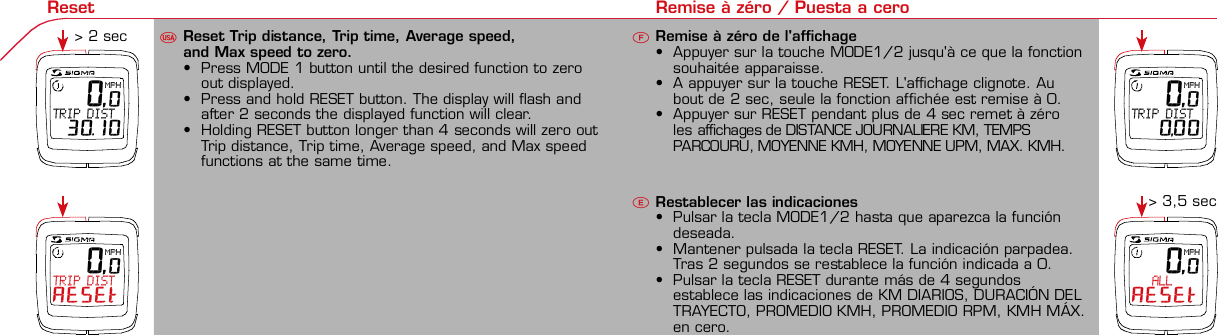 Contents / Contenu / ContenudoInstallation / Montage / MontajeInstallation of mounting bracketMontage du support / Montaje del soporte de bicicleta12Installation of mounting bracketInstallation of magnet / Montage de l&apos;aimant / Montaje del imán5Installation of speed transmitterMontage de l&apos;émett. Vit. / Montaje del emisor de velocidad1Installation of speed transmitterInstallation of cadence transmitter5Mode / Reset Pairing / Connection / Apareado Pairing / Connection / Apareado Display illumination Eclairage de l&apos;écran / Iluminación de la indicaciónU FE346121UF42 mm32 mmBasic settings Réglages de base / Ajustes básicosU FEUFETechnical Data / Données techniques / Datos técnicosTechnical data / Données techniques / Datos técnicos4xMontage de l&apos;émett. Cad. / Montaje del sensor de frecuencia de pedaleo23Changing modes Changement d’affichage / Cambio de visualizaciónU FEInstallation of speed transmitterMontage de l&apos;émett. Vit. / Montaje del emisor de velocidad34Installation of cadence transmitter42xInstallation of Bike Computer1Left sideRight sidePairing / Connection / Apareado Pairing / Connection / Apareado Pairing / Connection / Apareado Pairing / Connection / Apareado4Installation of cadence transmitter3EU F EGeneral remarksUTrouble ShootingUChange batteryRemarques généralesFChangement de batterieSolution aux problèmesFObservaciones generalesECambio de la pilaSolución de problemasELanguage entry Réglage langue / Introducir el idiomaU FEKMH/MPH entry Réglage KMH/MPH / Introducción KMH/MPHU FEWheel size entry Circonférence de roue / Dimensiones de la ruedaU FEGrey, grisMeasure wheel size Mesurer la roue / Dimensiones de la ruedaU FEWheel Size Chart (Wheel Size) Wheel Size Chart (Circonférence de roue / Tamaño de rueda)A CBWheel size entry Circonférence de roue / Dimensiones de la ruedaU FEoptional Bike 2Ref. No. 00405Time entry Réglage heure / Introducir la horaU FECadence entry Réglage fréquence de pédalage / Frecuencia de pedaleoU FETotal data entry Réglage des valeurs totales / Datos totalesU FEContrast entry Réglage contraste / Introducción contrasteU FEStopwatch Chronomètre / CronómetroU FETimer entry Réglage Compteur temps / Introducción temporizadorU FETrip counter entry Réglage compteur KM / CuentakilómetrosU FEComparison speed Comparaison de la vitesse / Comparación velocidadU FEReset Remise à zéro / Puesta a ceroU FE 0,0MPHTRIP DIST 30.10 0,0MPHTRIP DISTRESET 0,0MPHTRIP DIST  0,00 0,0MPH   ALLRESETAssembly 2nd wheelMontage 2ème roue / Montaje 2ª ruedaUFEoptional Bike 2Ref. No. 00405Grey, grisBike 1+SETBI KE  CO MPUT ERTO PLI NEB C   1 6 0 6 L   D TS   c a d e n c eSIG MA B IKE  CO MPUTERBC 160 6L  DT SW W W. S IG MA S P OR T. CO MW W W. S IG MA S P OR T. CO MSIGMA USA:North America1067 King sland DriveBatavia, IL 60510, US ATel. +1-630-761-1106Fax +1-6 30-761-1107Toll Free: 888-744-6 277SIGMA EUROPA:SIGMA Elektro Gmb HDr.- Julius-Leber-Straße 15D-67433 Ne ustadt a.d.W.Tel. +49-(0)63 21-9120-11 8Fax +49- (0)6321-9120 -34SIGMA ASIA:Asia, Australia,  South America7F-1, No. 193, Ta-Tun 6th Street,Taichung City, TaiwanTel. +886-4-2475 35 77Fax +886 -4-2475  3563TRIP DISTTRIP TIMECADENCEAVG. SPEEDAVG. CADENCEMAX. SPEEDMODE 1TRIP DISTTRIP TIMEAVG. SPEEDAVG. CADENCEMAX. SPEEDSTOPWATCHTIMER +/-TRIP +/-RESETCLOCKSTOPWATCHTIMER UP/DOWNTRIP UP/DOWNODO BIKE 1/2*TOTAL ODO*TIME BIKE 1/2*TOTAL TIME*MODE 2SETKM JOURTEMPS PARCCADENCEVIT MOYEN.CAD MOYEN.VIT MAXIMODE 1KM JOURTEMPS PARCVIT MOYEN.CAD MOYEN.VIT MAXICHRONOCPT TEMPS +/-CPT KM +/-RESETHEURECHRONOCPT TEMPS +/-CPT KM +/-KM-VELO 1/2*KM TOTAL*TEMPSVELO 1/2*TEMPSTOTAL*MODE 2SET• MODE 1/2 button:Open the functions• RESET button:Resets the listedfunctions• Touche MODE 1/2:appel de la fonction.• Touche RESET:remise à zéro desfonctions listées.• Press SET button for 3 sec. to enter set-up mode(SET will appear in upper right hand corner of displaywhen in set-up mode, you must be in set-mode toperform steps 1-9).• Use the set-up mode to change language, KMH/MPH,wheel size, time, total odo, total time, and contrast.•  Appuyer sur la touche SET 3 sec pour effectuer les réglages de basesuivants : langue, changement entre kmh/mph, circonférence de laroue 1/2, heure, montrer pédalage, Km-Roue 1/2, temps-roue 1/2 etcontraste de l&apos;écran. Après le changement de la pile, seule l&apos;heure et lecontraste de l&apos;écran doivent être à nouveau réglés.• Pulsar la tecla SET durante 3 segundos para realizar los siguientes ajustesbásicos: idioma, cambio entre kmh/mph, dimensiones de la rueda 1/2,hora, mostrar pedaleo, Km rueda 1/2, tiempo rueda 1/2 y contraste dela pantalla. Tras un cambio de la pila deben introducirse solo la hora y elcontraste de la pantalla.SET &gt; 3 secRESETSpeedTRIP DISTTRIP TIMECADENCESTOPWATCHTIMER UP/DOWNTRIP UP/DOWNODO BIKE1/2TIME BIKE1/2WS BIKE 1/2VitesseKM JOURTEMPS PARCPEDALE UPMCHRONOCPT TEMPS +/-CPT KM +/-KM TOTAL 1/2TEMPSTOTAL 1/2CIRCONFERENCEDE LA ROUE 1/2VelocidadKM DIATIEMPO PARCADENCIACRONOMETROTIEMPO +/-CUENTA KM +/-KM TOTAL 1/2TIEMPO TOT 1/2DIMENSIONESDE LA RUEDA1/20.00.000:00:00000:00.00:00:000.0000:002,155DefaultMaxUnits199.59,999.9999:59180999:599:59:59999.9999,9999,9993,999kmh/mphkm/mih:mm:sshh:mmhhh:mmrpmmm:ss,1/10h:mm:sshhh:mm- mm:ssh:mm:sskm/mikm/mih:mmhh:mmhhh:mmh.hhhmmMin20-59:59-99.991,000* not while riding *Pas pendant la conduitePrinted in USAHow to change modes• Press MODE 1 button until the desired function isdisplayed(TRIP DISTANCE, TRIP TIME, AVG. SPEED, MAX.SPEED, CLOCK, TOTAL ODO, TOTAL TIME)• While riding the TOTAL ODO and TOTAL TIME functionsare hidden.• Appuyer sur la touche MODE1 jusqu&apos;à ce que la fonction souhaitée soitaffichée (DISTANCE JOURNALIERE KM, TEMPS PARCOURU, PEDALE UPM,MOYENNE KMH, MOYENNE UPM, MAX.KMH). A l&apos;aide de MODE2 activerHEURE, CHRONOMETRE, TIMER, COMPTEUR KM, KM-ROUE 1/2*,DISTANCE TOTALE EN KM*, TEMPS-ROUE 1/2*, TEMPS TOTAL*.*Pas pendant la conduite.• Pulsar la tecla MODE1 hasta que se muestre la función deseada (KMDIARIOS, DURACIÓN DEL TRAYECTO, RPM PEDAL, PROMEDIO KMH,PROMEDIO RPM, KMH MÁX.). Con MODE2 activar HORA, CRONÓMETRO,TEMPORIZADOR, CUENTAKILÓMETROS, KM RUEDA 1/2*, KM TOTALES*,TIEMPO RUEDA 1/2*, TIEMPO TOTAL*.*No durante la carrera.MODE 1MODE 2~20 sec AB Test: BatteryMax. 20 mm~20 sec AB• The backlight function is switched on/off when you pressthe SET button and RESET button at the same time. Thedisplay will illuminate when you press any button whilebacklight is turned on. Turn off backlight by pressing SETand RESET at the same time.• Conserve battery life by avoiding unnecessaryillumination! Light will not function while pairing!•  En appuyant simultanément sur les touches SET et RESET, la lumière estallumée/éteinte. Sur l&apos;ecran s&apos;affiche LUM. ON/LUM. OFF.En appuyant sur une touche, la lumière est activée; en appuyant de nouveau,la prochaine fonction est affichée.Pour économiser la pile, évitez un éclairage inutile ! L&apos;éclairage n&apos;est pasdisponible lors de la connection émetteur/récepteur.•  Pulsando al mismo tiempo las teclas SET y RESET se activa / desactiva lafunción de iluminación. En la pantalla aparece brevemente LUZCONECTADA/DESCONECTADA. Pulsando se ilumina la pantalla, con lasiguiente pulsación se apaga.Evite una iluminación innecesaria para conservar la pila.¡No está disponible durante el apareado!KM DIATIEMPO PARCADENCIAVEL MEDIACAD MEDIAVEL MAXIMAMODE 1KM DIATIEMPO PARVEL MEDIACAD MEDIAVEL MAXIMACRONOMETROTIEMPO +/-CUENTA KM +/-RESETHORACRONOMETROTIEMPO +/-CUENTA KM +/-KM BICI 1/2*KM TOTAL*TIEMPOBIC 1/2*TIEMPO TOT*MODE 2SET• Tecla MODE 1/2:Activar las funciones• Tecla RESET:Restablecimientode las funcionesde la lista*no durante la carrera• After installing the bike computer into mounting bracket, SPEED andCADENCE displays will blink ZERO.• Press MODE until CADENCE is displayed. There are two ways to pair yourSPEED and CADENCE transmitters with the computer.• 1. Ride. After 20 seconds (max 5 min.) the receiver will pair with bothtransmitters and data will be displayed.• 2. Spin front wheel until speed display stops blinking (A). Turn crank untilCADENCE stops blinking (B)• ATTENTION: If CADENCE function is turned OFF, no pairing will take place.If no CADENCE is detected after 5 minutes, CADENCE functions willautomatically turn off.• After 5 min. without transmission, BC1606 DTS will go into sleep mode.(Time of Day and Model name shown in the display). Press any button tore-activate the computer. A short pairing will find the transmitter.• Removing the BC1606 DTS from the mounting bracket will end the pairedconnection.• If “TOO MANY SIGNALS” message is displayed: lengthen the distance of alltransmitters and press any button to continue. Pairing will begin again.• Monter le compteur sur son support. Les zéros de la vitesse et de lacadence clignotent• Appuyer sur MODE jusqu&apos;à ce que CADENCE apparaisse. Il y a deuxpossibilités pour connecter la vitesse et la cadence:1. Rouler, après env. 20 secondes (max. 5 min.) le récepteur s&apos;est connectéavec les deux émetteurs, les données sont affichées.2. Fiare tourner la roue avant jusqu&apos;à ce que l&apos;affichage de la vitesse neclignote plus (A). Ensuite faire tourner la pédale (B) jusqu&apos;à ce quel&apos;affichage de la cadence ne clignote plus.ATTENTION: Lorsque la fonction cadence est désactivée, la connectioncadence ne s&apos;effectue pas. Si aucun émetteur n&apos;est trouvé (après &gt;5 min.)les fonctions cadence sont automatiquement désaffichées.• Après plus de 5 minutes de pause le BC 1606L DTS se met en moderepos (affichage de l&apos;heure et du nom du modèle). Pour ré-activer lecompteur appuyer sur une touche quelconque, il s&apos;établit alors uneconnection courte pour rechercher le(s) émetteur(s)• Lorsque l&apos;on sort le BC 1606L DTS de son support, la connection estarrêtée.• TOO MANY SIGNALS s&apos;affiche: Augmenter la distance par rapport auxautres vélos et appuyer sur une touche quelconque. La connectionrecommence.~20 sec AB• Encajar el BC 1606L DTS sobre el soporte. Los ceros de las indicacionesde velocidad y de frecuencia de pedaleo parpadean.• Pulsar MODE hasta que aparece RPM PEDAL. Para emparejar la velocidady la frecuencia de pedaleo (opcional) hay 2 posibilidades:1. Iniciar la marcha, después de aprox. 20 segundos (máx. 5 min.) sesincroniza el receptor con los dos emisores, se muestran los datos.2. Girar la rueda delantera hasta que deje de parpadear la indicación de KMH(A). Después girar la manivela (B) hasta que deje de parpadear el RPMPEDAL.ATENCIÓN: Si se oculta la función de frecuencia de pedaleo, no se emparejael emisor de frecuencia de pedaleo. Si no se encuentra ningún emisor(después de &gt;5 min.) se ocultan automáticamente las funciones defrecuencia de pedaleo.• Después de 5 minutos de pausa, el BC 1606L DTS pasa al modo deespera (la hora y el nombre del modelo en la pantalla). Al pulsar cualquiertecla se inicia un apareado corto para encontrar el emisor.• Al retirar el BC 1606L DTS del soporte se desconecta la desconexión.• Indicación TOO MANY SIGNALS (demasiadas señales): Aumentar ladistancia con otros emisores y pulsar cualquier tecla. El apareado se iniciade nuevo.Battery:1 lithium button cell 2032, 3VBattery change is displayed on screen.Change batteries:• WHEEL SIZES; TIMES WHEEL 1+2 andTOTAL KM WHEEL 1+2, LANGUAGE,KMH/MPH remain saved even whenthe battery is changed.• Observe direction of plus and minuspoles; when the compartment is openyou must see the PLUS side of thebattery!• If sealing ring is loose, re-insert it.• After changing the battery only thetime and the contrast must be re-entered.WarrantyWe are liable to our contracting partnersfor defects as defined by law. Batteriesare excluded from the guarantee.No display of MPH•Using an old RDS mounting bracket?•Check that the Bike Computer is properlyengaged in the bracket.•Check contacts for corrosion/oxidation.•Check distance between magnet and sensor(max. 20 mm using Sigma&apos;s Power Magnet)•Check if magnet is magnetizedNo display of cadence•2 magnets installed?•Magnet in the right position?•Wheel size programmed incorrectly?•In case of you switched bikes - are you mountingthe correct transmitter?False display of MPHDisplay is black or weaken?•Temperature too high (&gt;60 °C) or too low (&lt;0°C)•In ENTRY SHOW CAD = NOrefer to MPH no displayNo Display (screen blank)•Check Battery•Check plus and minus poles•Battery contact ok? (bend carefully!)No Pairing•Check distance between transmitter /magnet (20mm or less with powermagnet)•Press battery check button ontransmitter•Activate computer by pressing anybutton•Check distance between transmitterand receiver (max distance 90cm)•If using a dynamo hub, change locationof transmitter.TOO MANY SIGNALS is shown:•Extend the distance betweentransmitters and press any buttonon computer to continueComputer:Open the top cover with a coinPay attention topolarity!Transmitter:Open top cover with toolTake the battery out of the top cover!Pay attention to polarity!Pile:1 pile-bouton lithium 2032, 3VLe changement de pile est affiché estaffiché sur l&apos;écran.Changement de pile•Même en cas de changement de pile,GRANDEURS DE ROUE, TEMPS VELO 1+2et DISTANCE TOTALE EN KM ROUE 1+2,LANGUE, KMH/MPH restent en mémoire.• Faire attention au plus et au moins, lorsquele compartiment de la pile est ouvert,vous devez voir le côté PLUS de la pile !•En cas de déplacement du jointd&apos;étanchéité, le remettre en place.• Après le changement de la pile, seull&apos;heure et le contraste doivent êtreà nouveau rentrés.GarantieNous sommes responsables, vis-à-vis denotre partenaire contractuel respectif, desvices conformément aux prescriptions légales.Les piles sont exclues de la garantie.Compteur:Ouvrir le couvercle avec une pièceAttention à lapolarité!Emetteur:Ouvrir le couvercle avecl&apos;outil prévu à cet effet.Enlever la pile du couvercle!Attention à la polarité!Pas d&apos;affichage kmh•Ancien système sans fil sur le vélo?•Compteur bien enclenché sur le support?•Corrosion/oxidation sur les contacts?•Distance aimant/émetteur?(max. 20 mm)•Aimant magnétisé?•2 aimant montés?•Aimant bien positionné?•Circonférence de la roue (WS) bienprogrammè?•Montage du bon émetteur lors d&apos;unchangement de vélo?Mauvais affichage de la vitesseAffichage noir/lent•Température trop haute (&gt;60°C)ou trop basse (&lt;0°C)Pas d&apos;affichage (écran vide)•Vérifier l&apos;état de la pile•Pile bien mise (plus et moins)•Contacts ok? (tordre en faisant attention)Pas de connection•Vérifier la distance aimant/émetteur•Les piles de l&apos;émetteur sont vides•Activer le compteur en appuyant surune touche•Vérifier la distance émetteur/récepteur•Si vous utilisez une dynamo-moyeu,changer la position de l&apos;émetteurAffichage TOO MANY SIGNALS•Augmenter la distance avec les autresvélos et appuyer sur une touchequelconque.Pas d&apos;affichage de la cadence•Dans le menu AFF. CAD. = NONVoir pas d&apos;affichage kmhPila:1 pila de litio tipo botón 2032, 3VEl cambio de pila se muestra en la pantalla.Cambio de pila• Los TAMAÑOS DE LA RUEDA, TIEMPOSRUEDA 1+2 y KM TOTALES RUEDA 1+2,IDIOMA, KMH/MPH permanecenguardados también tras un cambio depila.• Respetar el + y el -. Con elcompartimento de la batería abiertotiene que verse el + de la pila.•Si la junta de estanquidad estádesplazada, volver a colocarla.• Tras el cambio de pila debe introducirsede nuevo la hora.GarantíaNos responsabilizamos de las deficienciasfrente a nuestro socio contractual segúnlo dispuesto en los reglamentos legales.Ordenador:Abrir la tapa con una moneda.¡Prestar atencióna la polaridad&quot;Emisor:Abrir la tapa con una herramienta.¡Retirar la pila de la tapa!¡Prestar atención a la polaridad!KMH sin indicación•¿Se utiliza el soporte antiguo del manillarcon la transmisión por radio (RDS)?•¿Está el ordenador correctamenteencajado sobre el soporte?•¿Se han comprobado la oxidación /corrosión de los contactos?•¿Distancia entre imán y sensor?(máx. 20 mm)•¿Se ha comprobado si el imán estáimantado?•¿2 imanes montados?•¿Imán posicionado correctamente?•¿Dimensiones de la rueda (WS) malajustadas?•¿Se ha montado el emisor correcto en elcambio de bicicleta?Los KMH están mal indicadosIndicación en pantalla oscura o lenta•Temperatura demasiado alta (&gt;60° C) odemasiado baja (&lt;0° C)Sin indicación en pantalla(indicación vacía)•Comprobar la pila•Pila bien colocada (+ y -)•¿Es correcto el contacto de la pila?(comprobar con cuidado)Ningún apareado•Comprobar la distancia emisor/imán•Pila del emisor vacía•Activar el ordenador pulsando•Comprobar alcance•Modificar la posición del emisor alemplear un dínamo de cuboIndicación TOO MANY SIGNALS(demasiadas señales):•Aumentar la distancia con otrosemisores y pulsar una teclaSin indicación de frecuencia de pedaleo•en la introducción MOSTRAR PEDALEO= NOKMH también sin indicación1. Set language• Press MODE 1 button until LANGUAGE is displayed• Press the SET button briefly, the display flashes. Set thedesired language using the MODE 1 button and confirmby pressing SET button briefly.1. Régler la langue• Appuyer sur la touche MODE1 jusqu&apos;à ce que LANGUEapparaisse sur l&apos;écran.• Appuyer brièvement sur la touche SET, l&apos;affichage clignote.Régler la langue souhaitée à l&apos;aide de la touche MODE1 etconfirmer avec la touche SET.1. Ajustar el idioma• Pulsar la tecla MODE1 hasta que aparezca IDIOMA en lapantalla.• Pulsar brevemente la tecla SET, la indicación parpadea.Con la tecla MODE1 ajustar el idioma seleccionado yconfirmar con la tecla SET.MODE1SET SETMODE12. KMH / MPH• Press MODE 1 button until KMH / MPH is displayed.• Press SET button briefly, KMH or MPH is displayed andflashing.• Select MPH or KMH with MODE 1 button.• Confirm by pressing SET button briefly.2. KMH / MPH• A l&apos;aide de la touche MODE1 changer le réglage KMH/MPH.• Appuyer brièvement sur la touche SET.• KMH ou MPH apparaît sur l&apos;écran et clignote.• Régler MPH ou KMH à l&apos;aide de la touche MODE1.• Confirmer par la touche SET.2. KMH / MPH• Con la tecla MODE1 cambiar a la introducción de KMH/MPH• Pulsar la tecla SET brevemente.• En la pantalla aparece KMH o MPH y parpadea.• Con la tecla MODE1 ajustar MPH o KMH.• Confirmar con la tecla SET.SET3. Wheel size BIKE 1• Press MODE 1 button to change to WS BIKE 1.• Press SET button briefly and the first digit flashes.• Change the number by pressing the RESET or MODE 2button, (RESET decreases value, MODE 2 increases value)Change to next digit by pressing MODE 1. Repeat withnext 3 numbers until desired wheel size is entered.• Confirm by pressing SET button briefly.3. Circonférence de la roue VELO 1• A l&apos;aide de la touche MODE1 passer à VELO 1.• Appuyer brièvement sur la touche SET, le premier chiffre àentrer clignote.• Régler les valeurs à l&apos;aide de la touche MODE2 (+) ou RESET(-), passer au prochain chiffre à l&apos;aide de la touche MODE1.• Le vélo 1 est toujours celui avec l&apos;emetteur vélo 13. Dimensiones de la rueda BICICLETA 1• Con la tecla MODE1 cambiar a BICICLETA 1.• Pulsar brevemente la tecla SET, la primera cifra deintroducción parpadea.• Con la tecla MODE2 (+) o la tecla RESET (-) ajustar losvalores, con la tecla MODE1 cambiar a la cifra siguiente.• La bicicleta 1 es siempre la bicicleta con emisor rueda 1MODE1M2SETRESET• A partir de la tabla C &quot;Wheel Size Chart&quot; (véase la páginasiguiente) determinar el valor correspondiente al tamañode la rueda. Introducir este valor.• Alternativa: calcular/ determinar el tamaño de la rueda(tabla A o tabla B)• Tras la última cifra confirmar con la tecla SET.• Determine the correct value for your wheel size fromTable C “Wheel Size Chart” (refer to next page).• Alternative: calculate wheel size using formula Tab A orTab B.• Déterminer la valeur correspondant à votre circonférencede roue à partir du tableau C &quot;Wheel Size Chart&quot; (voirpage suivante). Entrer cette valeur.• Alternative: calculer/déterminer WS (Tab. A ou tab. B).• Après le dernier chiffre, confirmer par la touche SET.M2RESET32-63028-63040-62247-62240-63537-62218-62220-62223-62225-62228-62232-62237-62240-62227x1 1/427x1 1/4 Fifty28x1.528x1.7528x1 1/228x1 3/8x1 5/8700x18C700x20C700x23C700x25C700x28C700x32C700x35C700x40C21992174222422682265220521022114213321462149217422052224kmhmph47-30547-40637-54047-50723-57140-55944-55947-55950-55954-55957-55937-59037-58420-57116x1.75x220x1.75x224x1 3/8 A24x1.75x226x126x1.526x1.626x1.75x226x1.926x2.0026x2.12526x1 3/826x1 3/8x1 1/226x3/412721590194819071973202620512070208921142133210520861954ETRTOkmhmphETRTOkm/h:WS = mm x 3.14mph:WS = mm x 3.14km/h:WS = mmmph:WS = mmmm x 3.14note: 1 inch = 25.4 mm4. Wheel size BIKE 2This computer can be programmed for two bikes, if you areonly using this computer for one bike, skip this step and goto step 5.Changing between WHEEL SIZE  1 and WHEEL SIZE 2occurs automatically with addition of the optional WS 2mounting bracket.• Press MODE 1 button to change to WS BIKE 2.• Press SET button briefly and the first digit flashes.• Change the number by pressing RESET or MODE 2 button.• Change to next digit by pressing MODE 1 button. Repeatwith next 3 numbers until desired wheel size is entered.• Confirm by pressing SET button briefly.4. Circonférence de la roue VELO 2• A l&apos;aide de la touche MODE1 passer au VELO 2.• Appuyer brièvement sur la touche SET, le premier chiffre à entrer clignote.• Réglage comme pour le VELO 1 : régler les valeurs à l&apos;aide de la toucheRESET/MODE2, passer au prochain chiffre à l&apos;aide de la touche MODE1.• Le vélo 2 est toujours celui avec l&apos;émetteur vélo 24. Dimensiones de la rueda BICICLETA 2• Con la tecla MODE1 cambiar a BICICLETA 2.• Pulsar brevemente la tecla SET, la primera cifra de introducción parpadea.• Introducción como en RUEDA 1: Con las teclas RESET/MODE2 ajustar losvalores, con la tecla MODE1 cambiar a la cifra siguiente, etc.• La bicicleta 2 es siempre la bicicleta con emisor rueda 25. Time(24 hr clock will display when using KMH, 12 hr clock willdisplay when using MPH)• Press MODE 1 button until TIME is displayed.• Press the SET button briefly and the hour digit flashes.• Change the hour with the RESET or MODE 2 button.• Advance to minutes by pressing MODE 1 button.• Change the minutes with the RESET or MODE 2 button.• Confirm by pressing the SET button briefly.5. Heure (kmh = 24 h / mph = 12 h)• Appuyer sur la touche MODE1 jusqu&apos;à ce qu&apos;HEURE apparaisse.• Appuyer brièvement sur la touche SET, le réglage clignote.• Régler l&apos;heure à l&apos;aide de la touche RESET/MODE2. A l&apos;aidede la touche MODE1 passer au réglage des minutes.• Régler les minutes à l&apos;aide de la touche RESET/MODE2.Confirmer avec la touche SET.5. Hora (kmh = 24 h / mph = 12 h)• Pulsar la tecla MODE1 hasta que aparezca HORA.• Pulsar brevemente la tecla SET, la introducción parpadea.• Con la tecla RESET/MODE2 ajustar las horas. Con la teclaMODE1 cambiar a la introducción de minutos.• Con la tecla RESET/MODE2 ajustar los minutos. Confirmarcon la tecla SET.MODE1SETSETM2RESET6. Display cadence function• Press MODE 1 button until SHOW CAD is displayed.• Press SET button briefly, the entry flashes.• Select YES or NO by pressing the MODE 1 button.• Select YES to show cadence and average cadence whileriding, Select NO if cadence functions are not desired.• Confirm by pressing set button briefly.6. Affichage de la fréquence de pédalage• Appuyer sur MODE1 jusqu&apos;à ce que AFF. CAD. apparaisse.• Appuyer brièvement sur SET, le réglage montre le réglageactuel.• A l&apos;aide du MODE1 régler OUI ou NON. Confirmer avec SET.• Avec NON, les fonctions CADENCE et CAD MOYEN. Ne sontplus affichées et la connection avecla cadence ne se fait pas.6. Indicación de la frecuencia de pedaleo• Pulsar la tecla MODE1 hasta que aparezca CADENCIA.• Pulsar SET brevemente, la introducción muestra el ajusteactual.• Con MODE1 ajustar SÍ o NO. Confirmar con SET• Con NO no se muestran más el RPM PEDAL y PROMEDIORPM y no se puede reallizar ningún apareado.SET SETMODE1You can enter TOTAL ODO (miles) miles and TOTAL timesfrom your previous computer.Note – This step is not necessary if previous data fromanother computer is not desired(skip to step 9).7. Enter TOTAL ODO (miles)• Press MODE 1 button until TOTAL ODO is displayed.• Press SET button briefly and the first digit will flash.• Press RESET or MODE 2 button to change each digit.• Press MODE 1 button to advance to next number.• Repeat until desired number is entered.• Confirm by pressing the SET button briefly.8. Enter TOTAL TIME• Press MODE 1 button until TOTAL TIME is displayed• Press SET button briefly and the first digit will flash.• Press RESET or MODE 2 button to change each digit.• Press MODE 1 button to advance to next number.• Repeat until desired number is entered• Confirm by pressing the SET button briefly.7. KM-VELO 1/28. TEMPS VELO 1/2• Réglage identique à la circonférence de la roue. Ici, vouspouvez transférer la distance totale en km, par exemplelors de l&apos;achat de cet appareil, à partir d&apos;un autrecompteur.7. KM RUEDA 1/28. TIEMPO RUEDA 1/2• Introducción como en las dimensiones de la rueda. Aquí sepuede transferir el número total de km p.ej. en caso decompra del aparato de otro ordenador de bicicleta.MODESETMODE 1M2RESET9. Contrast• Press MODE button until contrast is displayed.• Press SET button briefly and the display flashes.• Set the value by pressing RESET button.1 = light  3 = dark• Confirm by pressing the SET button.When you are finished entering the basic setting, press andhold SET button for 3 seconds to exit set-up mode.9. Contraste• Appuyer sur la touche MODE1 jusqu&apos;à ce que CONTRASTEapparaisse.• Appuyer brièvement sur la touche SET, le réglage clignote.• A l&apos;aide de la touche REMISE A ZERO/MODE2 régler lavaleur (1 = faible, 3 = fort). Confirmer avec la touche SET.9. Contraste• Pulsar la tecla MODE1 hasta que aparezca CONTRASTE.• Pulsar brevemente la tecla SET, la introducción parpadea.• Con la tecla RESET/MODE2 ajustar el valor (1=débil3= fuerte). Confirmar con la tecla SET.SETM2RESETSETSet Stopwatch• Press MODE 2 button until STOPWATCH is displayed• Press SET button to start stopwatch.• Press SET button to stop stopwatch.• Press and hold RESET button for more than 3 secondsto reset stopwatch to zero.Régler le chronomètre (+/-)• Appuyer sur la touche MODE 2 jusqu&apos;à ce queCHRONOMETRE apparaisse.• Appuyer sur la touche SET pour démarrer.• Arrêter et redémarrer à l&apos;aide de la touche SET.• Appuyer sur la touche RESET &gt; 3 sec pour remettrel&apos;affichage à zéro.Ajustar el temporizador (+/-)• Pulsar la tecla MODE 2 hasta que aparezca CRONOMETRO+/-.• Mantener pulsada la tecla SET. La indicación parpadea.Con la tecla MODE1 seleccionar contar hacia delante (+)o hacia atrás (-).• Confirmar con la tecla SET. Con la tecla RESET/MODE2introducir el tiempo de partida para CRONOMETRO +/-,con la tecla MODE1 saltar a la cifra siguiente. Confirmarcon la tecla SET.SET&gt; 3 secRESETSETSet timer• Press MODE 2 button until TIMER UP / DOWN isdisplayed.• Press and hold the SET button and the display will flash.• Press MODE 1 button to select between TIMER UP orTIMER DOWN.• Confirm by pressing SET button briefly• Enter the starting time by pressing RESET or MODE 2button.• Press MODE 1 to advance to next number, repeat untildesired time is displayed.• Confirm by pressing SET button briefly.Régler le compteur temps (+/-)• Appuyer sur MODE 2 jusqu&apos;à ce que CPT TEMPS+/-apparaisse.• Appuyer sur la touche SET. L&apos;affichage clignote. A l&apos;aide dela touche MODE1 choisir compter (+) ou décompter (-).• Confirmer par la touche SET. A l&apos;aide de la toucheRESET/MODE2 entrer le temps initial pour le TIMER +/-,à l&apos;aide de la touche MODE1 passer au prochain chiffre.Confirmer avec la touche SET.Ajustar el temporizador (+/-)• Pulsar la tecla MODE 2 hasta que aparezca TIEMPO +/-.• Mantener pulsada la tecla SET. La indicación parpadea.Con la tecla MODE1 seleccionar contar hacia delante (+)o hacia atrás (-).• Confirmar con la tecla SET. Con la tecla RESET/MODE2introducir el tiempo de partida para TIEMPO +/-, con latecla MODE1 saltar a la cifra siguiente. Confirmar con latecla SET.2 secMODE1MODE1M2RESETSet Trip up/down• Press MODE 2 button until TRIP UP / DOWN is displayed.• Press and hold the SET button and the display will flash.• Press MODE 1 button to select between TRIP UP or TRIPDOWN.• Confirm by pressing SET button briefly• Enter the starting mileage by pressing RESET or MODE 2button.• Press MODE 1 to advance to next number, repeat untildesired distance is displayed.• Confirm by pressing SET button briefly.Régler le compteur KM (+/-)• Appuyer sur MODE 2 jusqu&apos;à ce que COMPTEUR KM +/-apparaisse.• Appuyer sur la touche SET. L&apos;affichage clignote. A l&apos;aide dela touche MODE 1 choisir compter (+) ou décompter (-).• Confirmer par SET. À l&apos;aide de la touche RESET/MODE 2entrer les km souhaités pour le COMPTEUR KM +/-, àl&apos;aide de MODE1 passer au prochain chiffre. Confirmeravec SET.Ajustar el cuentakilómetros (+/-)• Pulsar la tecla MODE 2 hasta que aparezca CUENTA KM+/-.• Mantener pulsada la tecla SET. La indicación parpadea.Con la tecla MODE1 seleccionar contar hacia delante (+)o hacia atrás (-).• Confirmar con la tecla SET. Con la tecla RESET/MODE2introducir los kilómetros deseados para CUENTA KM +/-,con MODE1 saltar a la cifra siguiente. Confirmar con latecla SET.2 secMODE1MODE1M2RESETSpeed Comparison (pace arrow)Comparison of current speed to average speed.• If your current speed is equal to your average speed   isshown, if lower   is shown, and if higher   is shown.Vitesse/vitesse moyenne• En cas de vitesse à peu près similaire   s&apos;affiche, en casde vitesse plus faible   et plus élevée  .• L&apos;affichage est effectué pour toutes les fonctions saufdans les réglages de base.Velocidad / velocidad media• En caso de velocidad casi igual se muestra  , en caso develocidad menor   y velocidad mayor  .• La indicación se realiza en todas las funciones excepto enlos ajustes básicos.Reset Trip distance, Trip time, Average speed,and Max speed to zero.• Press MODE 1 button until the desired function to zeroout displayed.• Press and hold RESET button. The display will flash andafter 2 seconds the displayed function will clear.• Holding RESET button longer than 4 seconds will zero outTrip distance, Trip time, Average speed, and Max speedfunctions at the same time.Remise à zéro de l&apos;affichage• Appuyer sur la touche MODE1/2 jusqu&apos;à ce que la fonctionsouhaitée apparaisse.• A appuyer sur la touche RESET. L&apos;affichage clignote. Aubout de 2 sec, seule la fonction affichée est remise à 0.• Appuyer sur RESET pendant plus de 4 sec remet à zéroles affichages de DISTANCE JOURNALIERE KM, TEMPSPARCOURU, MOYENNE KMH, MOYENNE UPM, MAX. KMH.Restablecer las indicaciones• Pulsar la tecla MODE1/2 hasta que aparezca la funcióndeseada.• Mantener pulsada la tecla RESET. La indicación parpadea.Tras 2 segundos se restablece la función indicada a 0.• Pulsar la tecla RESET durante más de 4 segundosestablece las indicaciones de KM DIARIOS, DURACIÓN DELTRAYECTO, PROMEDIO KMH, PROMEDIO RPM, KMH MÁX.en cero.&gt; 2 sec&gt; 3,5 sec1. Switching between WHEEL 1 and WHEEL 2 isautomatic. You must install (optional) transmitter ofBike 2 (red button).•It is no longer possible to change by making an entry.•There is only one Cadence transmitter!1. Le changement entre la ROUE 1 et la ROUE 2 esteffectué automatiquement. Il faut utiliser l&apos;émetteurvélo 2 (en option) avec la touche rouge•Un changement manuel n&apos;est plus possible.•Pour la cadence il n&apos;existe qu&apos;un seul émetteur!1. El cambio entre la RUEDA 1 y RUEDA 2 se realizaautomáticamente. Debe emplearse el emisor (opcional)rueda 2 (tecla roja).•Ya no es posible un cambio por introducción.•¡Para la frecuencia de pedaleo sólo hay un emisor!4 x90°4 xgo tostep 3go tostep 2The harness comes ready to mount on your handlebars.To mount on a stem, remove the 4 screws on the back of the harness, turn base 90 degrees.stem mountremove yellow tapethe SIGMA logo on the harness mustalways face the front of the bike.Foam pad included foruse with bladed spokesTo reach the required 20mm or less, move magnetand transmitter towards center of wheel.Note: 20mm = 3/4 inchesUse spacer to decrease space betweenmagnet and transmitter.Bike 1Wheel Size Chart3242orou??handlebarorstem2 m mRed, rougeRed, rougeLANGUAGEWS BIKE 1/2SHOW CADTRIP UP/DOWNTIMER UP/DOWNetc.LANGUEDIM ROUE 1/2AFF. CAD.COMPTEUR KM +/-TIMERetc.IDIOMADIM RUEDA 1/2VER CADEN.CUENTA KM +/-TIEMPO +/-etc.Bike 1+