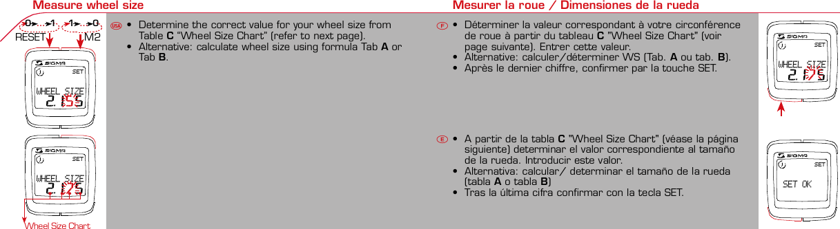 Contents / Contenu / Contenudo Installation / Montage / Montaje Installation of mounting bracket Montage du support / Montaje del soporte de bicicleta1 2Installation of mounting bracket Installation of magnet / Montage de l&apos;aimant / Montaje del imán5Installation of speed transmitter Montage de l&apos;émett. Vit. / Montaje del emisor de velocidad1Installation of speed transmitter Installation of cadence transmitter5Mode / Reset Pairing / Connection / Apareado Pairing / Connection / Apareado Display illumination Eclairage de l&apos;écran / Iluminación de la indicaciónU FE3 4 6 12 1UF42 mm32 mmBasic settings Réglages de base / Ajustes básicosU FEU F ETechnical Data / Données techniques / Datos técnicos Technical data / Données techniques / Datos técnicos4xMontage de l&apos;émett. Cad. / Montaje del sensor de frecuencia de pedaleo2 3Changing modes Changement d’affichage / Cambio de visualizaciónU FEInstallation of speed transmitter Montage de l&apos;émett. Vit. / Montaje del emisor de velocidad3 4Installation of cadence transmitter42xInstallation of Bike Computer1Left side Right sidePairing / Connection / Apareado Pairing / Connection / Apareado Pairing / Connection / Apareado Pairing / Connection / Apareado4Installation of cadence transmitter3EU F EGeneral remarks UTrouble Shooting UChange battery Remarques générales FChangement de batterie Solution aux problèmes FObservaciones generales ECambio de la pila Solución de problemas ELanguage entry Réglage langue / Introducir el idiomaU FEKMH/MPH entry Réglage KMH/MPH / Introducción KMH/MPHU FEWheel size entryCirconférence de roue / Dimensiones de la ruedaUFEGrey, grisMeasure wheel size Mesurer la roue / Dimensiones de la ruedaU FESETWHEEL SIZE 2.155SETWHEEL SIZE 2.175SETWHEEL SIZE 2.175SET SET OKWheel Size Chart (Wheel Size) Wheel Size Chart (Circonférence de roue / Tamaño de rueda)A CBWheel size entry Circonférence de roue / Dimensiones de la ruedaU FEoptional Bike 2Ref. No. 00405Time entry Réglage heure / Introducir la horaU FECadence entry Réglage fréquence de pédalage / Frecuencia de pedaleoU FETotal data entry Réglage des valeurs totales / Datos totalesU FEContrast entry Réglage contraste / Introducción contrasteU FEStopwatch Chronomètre / CronómetroU FETimer entry Réglage Compteur temps / Introducción temporizadorU FETrip counter entry Réglage compteur KM / CuentakilómetrosU FEComparison speed Comparaison de la vitesse / Comparación velocidadU FEReset Remise à zéro / Puesta a ceroU FEAssembly 2nd wheel Montage 2ème roue / Montaje 2ª ruedaU FEoptional Bike 2Ref. No. 00405Grey, grisBike 1+SETBI KE  CO MPUT ERTO PLI NEB C   1 6 0 6 L   D TS   c a d e n c eSIG MA B IK E  CO MPUTERBC 160 6L  DT SW W W. S I G M A S P O R T. C O MW W W. S I G M A S P O R T. C O MSIGMA  USA:North America1067 King sland DriveBatavia, IL 60510, US ATel. +1-630-761-1106Fax +1-6 30-761-1107Toll Free: 888-744-6 277SIGMA EUROPA:SIGMA Elektro Gmb HDr.- Julius - Leber- Straße 15D-67433 Ne ustadt a.d.W.Tel. +49-(0)63 21-9120-11 8Fax +49- (0)6321-9120 -34SIGMA ASIA:Asia, Australia,  South America7F-1, No. 193, Ta-Tun 6th Street,Taichung City, TaiwanTel. +886-4-2475 35 77Fax +886 -4-2475  3563TRIP DISTTRIP TIMECADENCEAVG. SPEEDAVG. CADENCEMAX. SPEEDMODE 1TRIP DISTTRIP TIMEAVG. SPEEDAVG. CADENCEMAX. SPEEDSTOPWATCHTIMER +/-TRIP +/-RESETCLOCKSTOPWATCHTIMER UP/DOWNTRIP UP/DOWNODO BIKE 1/2*TOTAL ODO*TIME BIKE 1/2*TOTAL TIME*MODE 2SETKM JOURTEMPS PARCCADENCEVIT MOYEN.CAD MOYEN.VIT MAXIMODE 1KM JOURTEMPS PARCVIT MOYEN.CAD MOYEN.VIT MAXICHRONOCPT TEMPS +/-CPT KM +/-RESETHEURECHRONOCPT TEMPS +/-CPT KM +/-KM-VELO 1/2*KM TOTAL*TEMPSVELO 1/2*TEMPSTOTAL*MODE 2SET• MODE 1/2 button:Open the functions• RESET button:Resets the listedfunctions• Touche MODE 1/2:appel de la fonction.• Touche RESET:remise à zéro desfonctions listées.• Press SET button for 3 sec. to enter set-up mode(SET will appear in upper right hand corner of displaywhen in set-up mode, you must be in set-mode toperform steps 1-9).• Use the set-up mode to change language, KMH/MPH,wheel size, time, total odo, total time, and contrast.•  Appuyer sur la touche SET 3 sec pour effectuer les réglages de basesuivants : langue, changement entre kmh/mph, circonférence de laroue 1/2, heure, montrer pédalage, Km-Roue 1/2, temps-roue 1/2 etcontraste de l&apos;écran. Après le changement de la pile, seule l&apos;heure et lecontraste de l&apos;écran doivent être à nouveau réglés.• Pulsar la tecla SET durante 3 segundos para realizar los siguientes ajustesbásicos: idioma, cambio entre kmh/mph, dimensiones de la rueda 1/2,hora, mostrar pedaleo, Km rueda 1/2, tiempo rueda 1/2 y contraste dela pantalla. Tras un cambio de la pila deben introducirse solo la hora y elcontraste de la pantalla.SET &gt; 3 secRESETSpeedTRIP DISTTRIP TIMECADENCESTOPWATCHTIMER UP/DOWNTRIP UP/DOWNODO BIKE1/2TIME BIKE1/2WS BIKE 1/2VitesseKM JOURTEMPS PARCPEDALE UPMCHRONOCPT TEMPS +/-CPT KM +/-KM TOTAL 1/2TEMPSTOTAL 1/2CIRCONFERENCEDE LA ROUE 1/2VelocidadKM DIATIEMPO PARCADENCIACRONOMETROTIEMPO +/-CUENTA KM +/-KM TOTAL 1/2TIEMPO TOT 1/2DIMENSIONESDE LA RUEDA1/20.00.000:00:00000:00.00:00:000.0000:002,155Default Max Units199.59,999.9999:59180999:599:59:59999.9999,9999,9993,999kmh/mphkm/mih:mm:ss hh:mm hhh:mmrpmmm:ss,1/10 h:mm:ss hhh:mm- mm:ss h:mm:sskm/mikm/mih:mm hh:mm hhh:mm h.hhhmmMin20-59:59-99.991,000* not while riding *Pas pendant la conduitePrinted in USAHow to change modes• Press MODE 1 button until the desired function isdisplayed(TRIP DISTANCE, TRIP TIME, AVG. SPEED, MAX.SPEED, CLOCK, TOTAL ODO, TOTAL TIME)• While riding the TOTAL ODO and TOTAL TIME functionsare hidden.• Appuyer sur la touche MODE1 jusqu&apos;à ce que la fonction souhaitée soitaffichée (DISTANCE JOURNALIERE KM, TEMPS PARCOURU, PEDALE UPM,MOYENNE KMH, MOYENNE UPM, MAX.KMH). A l&apos;aide de MODE2 activerHEURE, CHRONOMETRE, TIMER, COMPTEUR KM, KM-ROUE 1/2*,DISTANCE TOTALE EN KM*, TEMPS-ROUE 1/2*, TEMPS TOTAL*.*Pas pendant la conduite.• Pulsar la tecla MODE1 hasta que se muestre la función deseada (KMDIARIOS, DURACIÓN DEL TRAYECTO, RPM PEDAL, PROMEDIO KMH,PROMEDIO RPM, KMH MÁX.). Con MODE2 activar HORA, CRONÓMETRO,TEMPORIZADOR, CUENTAKILÓMETROS, KM RUEDA 1/2*, KM TOTALES*,TIEMPO RUEDA 1/2*, TIEMPO TOTAL*.*No durante la carrera.MODE 1MODE 2~20 sec AB Test: BatteryMax. 20 mm~20 sec AB• The backlight function is switched on/off when you pressthe SET button and RESET button at the same time. Thedisplay will illuminate when you press any button whilebacklight is turned on. Turn off backlight by pressing SETand RESET at the same time.• Conserve battery life by avoiding unnecessaryillumination! Light will not function while pairing!•  En appuyant simultanément sur les touches SET et RESET, la lumière estallumée/éteinte. Sur l&apos;ecran s&apos;affiche LUM. ON/LUM. OFF.En appuyant sur une touche, la lumière est activée; en appuyant de nouveau,la prochaine fonction est affichée.Pour économiser la pile, évitez un éclairage inutile ! L&apos;éclairage n&apos;est pasdisponible lors de la connection émetteur/récepteur.•  Pulsando al mismo tiempo las teclas SET y RESET se activa / desactiva lafunción de iluminación. En la pantalla aparece brevemente LUZCONECTADA/DESCONECTADA. Pulsando se ilumina la pantalla, con lasiguiente pulsación se apaga.Evite una iluminación innecesaria para conservar la pila.¡No está disponible durante el apareado!KM DIATIEMPO PARCADENCIAVEL MEDIACAD MEDIAVEL MAXIMAMODE 1KM DIATIEMPO PARVEL MEDIACAD MEDIAVEL MAXIMACRONOMETROTIEMPO +/-CUENTA KM +/-RESETHORACRONOMETROTIEMPO +/-CUENTA KM +/-KM BICI 1/2*KM TOTAL*TIEMPOBIC 1/2*TIEMPO TOT*MODE 2SET• Tecla MODE 1/2:Activar las funciones• Tecla RESET:Restablecimientode las funcionesde la lista*no durante la carrera• After installing the bike computer into mounting bracket, SPEED andCADENCE displays will blink ZERO.• Press MODE until CADENCE is displayed. There are two ways to pair yourSPEED and CADENCE transmitters with the computer.• 1. Ride. After 20 seconds (max 5 min.) the receiver will pair with bothtransmitters and data will be displayed.• 2. Spin front wheel until speed display stops blinking (A). Turn crank untilCADENCE stops blinking (B)• ATTENTION: If CADENCE function is turned OFF, no pairing will take place.If no CADENCE is detected after 5 minutes, CADENCE functions willautomatically turn off.• After 5 min. without transmission, BC1606 DTS will go into sleep mode.(Time of Day and Model name shown in the display). Press any button tore-activate the computer. A short pairing will find the transmitter.• Removing the BC1606 DTS from the mounting bracket will end the pairedconnection.• If “TOO MANY SIGNALS” message is displayed: lengthen the distance of alltransmitters and press any button to continue. Pairing will begin again.• Monter le compteur sur son support. Les zéros de la vitesse et de lacadence clignotent• Appuyer sur MODE jusqu&apos;à ce que CADENCE apparaisse. Il y a deuxpossibilités pour connecter la vitesse et la cadence:1. Rouler, après env. 20 secondes (max. 5 min.) le récepteur s&apos;est connectéavec les deux émetteurs, les données sont affichées.2. Fiare tourner la roue avant jusqu&apos;à ce que l&apos;affichage de la vitesse neclignote plus (A). Ensuite faire tourner la pédale (B) jusqu&apos;à ce quel&apos;affichage de la cadence ne clignote plus.ATTENTION: Lorsque la fonction cadence est désactivée, la connectioncadence ne s&apos;effectue pas. Si aucun émetteur n&apos;est trouvé (après &gt;5 min.)les fonctions cadence sont automatiquement désaffichées.• Après plus de 5 minutes de pause le BC 1606L DTS se met en moderepos (affichage de l&apos;heure et du nom du modèle). Pour ré-activer lecompteur appuyer sur une touche quelconque, il s&apos;établit alors uneconnection courte pour rechercher le(s) émetteur(s)• Lorsque l&apos;on sort le BC 1606L DTS de son support, la connection estarrêtée.• TOO MANY SIGNALS s&apos;affiche: Augmenter la distance par rapport auxautres vélos et appuyer sur une touche quelconque. La connectionrecommence.~20 sec AB• Encajar el BC 1606L DTS sobre el soporte. Los ceros de las indicacionesde velocidad y de frecuencia de pedaleo parpadean.• Pulsar MODE hasta que aparece RPM PEDAL. Para emparejar la velocidady la frecuencia de pedaleo (opcional) hay 2 posibilidades:1. Iniciar la marcha, después de aprox. 20 segundos (máx. 5 min.) sesincroniza el receptor con los dos emisores, se muestran los datos.2. Girar la rueda delantera hasta que deje de parpadear la indicación de KMH(A). Después girar la manivela (B) hasta que deje de parpadear el RPMPEDAL.ATENCIÓN: Si se oculta la función de frecuencia de pedaleo, no se emparejael emisor de frecuencia de pedaleo. Si no se encuentra ningún emisor(después de &gt;5 min.) se ocultan automáticamente las funciones defrecuencia de pedaleo.• Después de 5 minutos de pausa, el BC 1606L DTS pasa al modo deespera (la hora y el nombre del modelo en la pantalla). Al pulsar cualquiertecla se inicia un apareado corto para encontrar el emisor.• Al retirar el BC 1606L DTS del soporte se desconecta la desconexión.• Indicación TOO MANY SIGNALS (demasiadas señales): Aumentar ladistancia con otros emisores y pulsar cualquier tecla. El apareado se iniciade nuevo.Battery:1 lithium button cell 2032, 3VBattery change is displayed on screen.Change batteries:• WHEEL SIZES; TIMES WHEEL 1+2 andTOTAL KM WHEEL 1+2, LANGUAGE,KMH/MPH remain saved even whenthe battery is changed.• Observe direction of plus and minuspoles; when the compartment is openyou must see the PLUS side of thebattery!• If sealing ring is loose, re-insert it.• After changing the battery only thetime and the contrast must be re-entered.WarrantyWe are liable to our contracting partnersfor defects as defined by law. Batteriesare excluded from the guarantee.No display of MPH• Using an old RDS mounting bracket?• Check that the Bike Computer is properlyengaged in the bracket.• Check contacts for corrosion/oxidation.• Check distance between magnet and sensor(max. 20 mm using Sigma&apos;s Power Magnet)• Check if magnet is magnetizedNo display of cadence• 2 magnets installed?• Magnet in the right position?• Wheel size programmed incorrectly?• In case of you switched bikes - are you mountingthe correct transmitter?False display of MPHDisplay is black or weaken?• Temperature too high (&gt;60 °C) or too low (&lt;0°C)• In ENTRY SHOW CAD = NOrefer to MPH no displayNo Display (screen blank)• Check Battery• Check plus and minus poles• Battery contact ok? (bend carefully!)No Pairing• Check distance between transmitter /magnet (20mm or less with powermagnet)• Press battery check button ontransmitter• Activate computer by pressing anybutton• Check distance between transmitterand receiver (max distance 90cm)• If using a dynamo hub, change locationof transmitter.TOO MANY SIGNALS is shown:• Extend the distance betweentransmitters and press any buttonon computer to continueComputer:Open the top cover with a coinPay attention topolarity!Transmitter:Open top cover with toolTake the battery out of the top cover!Pay attention to polarity!Pile:1 pile-bouton lithium 2032, 3VLe changement de pile est affiché estaffiché sur l&apos;écran.Changement de pile• Même en cas de changement de pile,GRANDEURS DE ROUE, TEMPS VELO 1+2et DISTANCE TOTALE EN KM ROUE 1+2,LANGUE, KMH/MPH restent en mémoire.• Faire attention au plus et au moins, lorsquele compartiment de la pile est ouvert,vous devez voir le côté PLUS de la pile !• En cas de déplacement du jointd&apos;étanchéité, le remettre en place.• Après le changement de la pile, seull&apos;heure et le contraste doivent êtreà nouveau rentrés.GarantieNous sommes responsables, vis-à-vis denotre partenaire contractuel respectif, desvices conformément aux prescriptions légales.Les piles sont exclues de la garantie.Compteur:Ouvrir le couvercle avec une pièceAttention à lapolarité!Emetteur:Ouvrir le couvercle avecl&apos;outil prévu à cet effet.Enlever la pile du couvercle!Attention à la polarité!Pas d&apos;affichage kmh• Ancien système sans fil sur le vélo?• Compteur bien enclenché sur le support?• Corrosion/oxidation sur les contacts?• Distance aimant/émetteur?(max. 20 mm)• Aimant magnétisé?• 2 aimant montés?• Aimant bien positionné?• Circonférence de la roue (WS) bienprogrammè?• Montage du bon émetteur lors d&apos;unchangement de vélo?Mauvais affichage de la vitesseAffichage noir/lent• Température trop haute (&gt;60°C)ou trop basse (&lt;0°C)Pas d&apos;affichage (écran vide)• Vérifier l&apos;état de la pile• Pile bien mise (plus et moins)• Contacts ok? (tordre en faisant attention)Pas de connection• Vérifier la distance aimant/émetteur• Les piles de l&apos;émetteur sont vides• Activer le compteur en appuyant surune touche• Vérifier la distance émetteur/récepteur• Si vous utilisez une dynamo-moyeu,changer la position de l&apos;émetteurAffichage TOO MANY SIGNALS• Augmenter la distance avec les autresvélos et appuyer sur une touchequelconque.Pas d&apos;affichage de la cadence• Dans le menu AFF. CAD. = NONVoir pas d&apos;affichage kmhPila:1 pila de litio tipo botón 2032, 3VEl cambio de pila se muestra en la pantalla.Cambio de pila• Los TAMAÑOS DE LA RUEDA, TIEMPOSRUEDA 1+2 y KM TOTALES RUEDA 1+2,IDIOMA, KMH/MPH permanecenguardados también tras un cambio depila.• Respetar el + y el -. Con elcompartimento de la batería abiertotiene que verse el + de la pila.• Si la junta de estanquidad estádesplazada, volver a colocarla.• Tras el cambio de pila debe introducirsede nuevo la hora.GarantíaNos responsabilizamos de las deficienciasfrente a nuestro socio contractual segúnlo dispuesto en los reglamentos legales.Ordenador:Abrir la tapa con una moneda.¡Prestar atencióna la polaridad&quot;Emisor:Abrir la tapa con una herramienta.¡Retirar la pila de la tapa!¡Prestar atención a la polaridad!KMH sin indicación• ¿Se utiliza el soporte antiguo del manillarcon la transmisión por radio (RDS)?• ¿Está el ordenador correctamenteencajado sobre el soporte?• ¿Se han comprobado la oxidación /corrosión de los contactos?• ¿Distancia entre imán y sensor?(máx. 20 mm)• ¿Se ha comprobado si el imán estáimantado?• ¿2 imanes montados?• ¿Imán posicionado correctamente?• ¿Dimensiones de la rueda (WS) malajustadas?• ¿Se ha montado el emisor correcto en elcambio de bicicleta?Los KMH están mal indicadosIndicación en pantalla oscura o lenta• Temperatura demasiado alta (&gt;60° C) odemasiado baja (&lt;0° C)Sin indicación en pantalla(indicación vacía)• Comprobar la pila• Pila bien colocada (+ y -)• ¿Es correcto el contacto de la pila?(comprobar con cuidado)Ningún apareado• Comprobar la distancia emisor/imán• Pila del emisor vacía• Activar el ordenador pulsando• Comprobar alcance• Modificar la posición del emisor alemplear un dínamo de cuboIndicación TOO MANY SIGNALS(demasiadas señales):• Aumentar la distancia con otrosemisores y pulsar una teclaSin indicación de frecuencia de pedaleo• en la introducción MOSTRAR PEDALEO= NOKMH también sin indicación1. Set language• Press MODE 1 button until LANGUAGE is displayed• Press the SET button briefly, the display flashes. Set thedesired language using the MODE 1 button and confirmby pressing SET button briefly.1. Régler la langue• Appuyer sur la touche MODE1 jusqu&apos;à ce que LANGUEapparaisse sur l&apos;écran.• Appuyer brièvement sur la touche SET, l&apos;affichage clignote.Régler la langue souhaitée à l&apos;aide de la touche MODE1 etconfirmer avec la touche SET.1. Ajustar el idioma• Pulsar la tecla MODE1 hasta que aparezca IDIOMA en lapantalla.• Pulsar brevemente la tecla SET, la indicación parpadea.Con la tecla MODE1 ajustar el idioma seleccionado yconfirmar con la tecla SET.MODE1SET SETMODE12. KMH / MPH• Press MODE 1 button until KMH / MPH is displayed.• Press SET button briefly, KMH or MPH is displayed andflashing.• Select MPH or KMH with MODE 1 button.• Confirm by pressing SET button briefly.2. KMH / MPH• A l&apos;aide de la touche MODE1 changer le réglage KMH/MPH.• Appuyer brièvement sur la touche SET.• KMH ou MPH apparaît sur l&apos;écran et clignote.• Régler MPH ou KMH à l&apos;aide de la touche MODE1.• Confirmer par la touche SET.2. KMH / MPH• Con la tecla MODE1 cambiar a la introducción de KMH/MPH• Pulsar la tecla SET brevemente.• En la pantalla aparece KMH o MPH y parpadea.• Con la tecla MODE1 ajustar MPH o KMH.• Confirmar con la tecla SET.SET3. Wheel size BIKE 1•Press MODE 1 button to change to WS BIKE 1.•Press SET button briefly and the first digit flashes.•Change the number by pressing the RESET or MODE 2button, (RESET decreases value, MODE 2 increases value)Change to next digit by pressing MODE 1. Repeat withnext 3 numbers until desired wheel size is entered.•Confirm by pressing SET button briefly.3. Circonférence de la roue VELO 1•A l&apos;aide de la touche MODE1 passer à VELO 1.•Appuyer brièvement sur la touche SET, le premier chiffre àentrer clignote.•Régler les valeurs à l&apos;aide de la touche MODE2 (+) ou RESET(-), passer au prochain chiffre à l&apos;aide de la touche MODE1.•Le vélo 1 est toujours celui avec l&apos;emetteur vélo 13. Dimensiones de la rueda BICICLETA 1•Con la tecla MODE1 cambiar a BICICLETA 1.•Pulsar brevemente la tecla SET, la primera cifra deintroducción parpadea.•Con la tecla MODE2 (+) o la tecla RESET (-) ajustar losvalores, con la tecla MODE1 cambiar a la cifra siguiente.•La bicicleta 1 es siempre la bicicleta con emisor rueda 1MODE1M2SETRESET• A partir de la tabla C &quot;Wheel Size Chart&quot; (véase la páginasiguiente) determinar el valor correspondiente al tamañode la rueda. Introducir este valor.• Alternativa: calcular/ determinar el tamaño de la rueda(tabla A o tabla B)• Tras la última cifra confirmar con la tecla SET.• Determine the correct value for your wheel size fromTable C “Wheel Size Chart” (refer to next page).• Alternative: calculate wheel size using formula Tab A orTab B.• Déterminer la valeur correspondant à votre circonférencede roue à partir du tableau C &quot;Wheel Size Chart&quot; (voirpage suivante). Entrer cette valeur.• Alternative: calculer/déterminer WS (Tab. A ou tab. B).• Après le dernier chiffre, confirmer par la touche SET.M2RESET32-63028-63040-62247-62240-63537-62218-62220-62223-62225-62228-62232-62237-62240-62227x1 1/427x1 1/4 Fifty28x1.528x1.7528x1 1/228x1 3/8x1 5/8700x18C700x20C700x23C700x25C700x28C700x32C700x35C700x40C21992174222422682265220521022114213321462149217422052224kmhmph47-30547-40637-54047-50723-57140-55944-55947-55950-55954-55957-55937-59037-58420-57116x1.75x220x1.75x224x1 3/8 A24x1.75x226x126x1.526x1.626x1.75x226x1.926x2.0026x2.12526x1 3/826x1 3/8x1 1/226x3/412721590194819071973202620512070208921142133210520861954ETRTOkmhmphETRTOkm/h:WS = mm x 3.14mph:WS = mm x 3.14km/h:WS = mmmph:WS = mmmm x 3.14note: 1 inch = 25.4 mm4. Wheel size BIKE 2This computer can be programmed for two bikes, if you areonly using this computer for one bike, skip this step and goto step 5.Changing between WHEEL SIZE  1 and WHEEL SIZE 2occurs automatically with addition of the optional WS 2mounting bracket.• Press MODE 1 button to change to WS BIKE 2.• Press SET button briefly and the first digit flashes.• Change the number by pressing RESET or MODE 2 button.• Change to next digit by pressing MODE 1 button. Repeatwith next 3 numbers until desired wheel size is entered.• Confirm by pressing SET button briefly.4. Circonférence de la roue VELO 2• A l&apos;aide de la touche MODE1 passer au VELO 2.• Appuyer brièvement sur la touche SET, le premier chiffre à entrer clignote.• Réglage comme pour le VELO 1 : régler les valeurs à l&apos;aide de la toucheRESET/MODE2, passer au prochain chiffre à l&apos;aide de la touche MODE1.• Le vélo 2 est toujours celui avec l&apos;émetteur vélo 24. Dimensiones de la rueda BICICLETA 2• Con la tecla MODE1 cambiar a BICICLETA 2.• Pulsar brevemente la tecla SET, la primera cifra de introducción parpadea.• Introducción como en RUEDA 1: Con las teclas RESET/MODE2 ajustar losvalores, con la tecla MODE1 cambiar a la cifra siguiente, etc.• La bicicleta 2 es siempre la bicicleta con emisor rueda 25. Time(24 hr clock will display when using KMH, 12 hr clock willdisplay when using MPH)• Press MODE 1 button until TIME is displayed.• Press the SET button briefly and the hour digit flashes.• Change the hour with the RESET or MODE 2 button.• Advance to minutes by pressing MODE 1 button.• Change the minutes with the RESET or MODE 2 button.• Confirm by pressing the SET button briefly.5. Heure (kmh = 24 h / mph = 12 h)• Appuyer sur la touche MODE1 jusqu&apos;à ce qu&apos;HEURE apparaisse.• Appuyer brièvement sur la touche SET, le réglage clignote.• Régler l&apos;heure à l&apos;aide de la touche RESET/MODE2. A l&apos;aidede la touche MODE1 passer au réglage des minutes.• Régler les minutes à l&apos;aide de la touche RESET/MODE2.Confirmer avec la touche SET.5. Hora (kmh = 24 h / mph = 12 h)• Pulsar la tecla MODE1 hasta que aparezca HORA.• Pulsar brevemente la tecla SET, la introducción parpadea.• Con la tecla RESET/MODE2 ajustar las horas. Con la teclaMODE1 cambiar a la introducción de minutos.• Con la tecla RESET/MODE2 ajustar los minutos. Confirmarcon la tecla SET.MODE1SETSETM2RESET6. Display cadence function• Press MODE 1 button until SHOW CAD is displayed.• Press SET button briefly, the entry flashes.• Select YES or NO by pressing the MODE 1 button.• Select YES to show cadence and average cadence whileriding, Select NO if cadence functions are not desired.• Confirm by pressing set button briefly.6. Affichage de la fréquence de pédalage• Appuyer sur MODE1 jusqu&apos;à ce que AFF. CAD. apparaisse.• Appuyer brièvement sur SET, le réglage montre le réglageactuel.• A l&apos;aide du MODE1 régler OUI ou NON. Confirmer avec SET.• Avec NON, les fonctions CADENCE et CAD MOYEN. Ne sontplus affichées et la connection avecla cadence ne se fait pas.6. Indicación de la frecuencia de pedaleo• Pulsar la tecla MODE1 hasta que aparezca CADENCIA.• Pulsar SET brevemente, la introducción muestra el ajusteactual.• Con MODE1 ajustar SÍ o NO. Confirmar con SET• Con NO no se muestran más el RPM PEDAL y PROMEDIORPM y no se puede reallizar ningún apareado.SET SETMODE1You can enter TOTAL ODO (miles) miles and TOTAL timesfrom your previous computer.Note – This step is not necessary if previous data fromanother computer is not desired(skip to step 9).7. Enter TOTAL ODO (miles)• Press MODE 1 button until TOTAL ODO is displayed.• Press SET button briefly and the first digit will flash.• Press RESET or MODE 2 button to change each digit.• Press MODE 1 button to advance to next number.• Repeat until desired number is entered.• Confirm by pressing the SET button briefly.8. Enter TOTAL TIME• Press MODE 1 button until TOTAL TIME is displayed• Press SET button briefly and the first digit will flash.• Press RESET or MODE 2 button to change each digit.• Press MODE 1 button to advance to next number.• Repeat until desired number is entered• Confirm by pressing the SET button briefly.7. KM-VELO 1/28. TEMPS VELO 1/2• Réglage identique à la circonférence de la roue. Ici, vouspouvez transférer la distance totale en km, par exemplelors de l&apos;achat de cet appareil, à partir d&apos;un autrecompteur.7. KM RUEDA 1/28. TIEMPO RUEDA 1/2• Introducción como en las dimensiones de la rueda. Aquí sepuede transferir el número total de km p.ej. en caso decompra del aparato de otro ordenador de bicicleta.MODESETMODE 1M2RESET9. Contrast• Press MODE button until contrast is displayed.• Press SET button briefly and the display flashes.• Set the value by pressing RESET button.1 = light  3 = dark• Confirm by pressing the SET button.When you are finished entering the basic setting, press andhold SET button for 3 seconds to exit set-up mode.9. Contraste• Appuyer sur la touche MODE1 jusqu&apos;à ce que CONTRASTEapparaisse.• Appuyer brièvement sur la touche SET, le réglage clignote.• A l&apos;aide de la touche REMISE A ZERO/MODE2 régler lavaleur (1 = faible, 3 = fort). Confirmer avec la touche SET.9. Contraste• Pulsar la tecla MODE1 hasta que aparezca CONTRASTE.• Pulsar brevemente la tecla SET, la introducción parpadea.• Con la tecla RESET/MODE2 ajustar el valor (1=débil3= fuerte). Confirmar con la tecla SET.SETM2RESETSETSet Stopwatch• Press MODE 2 button until STOPWATCH is displayed• Press SET button to start stopwatch.• Press SET button to stop stopwatch.• Press and hold RESET button for more than 3 secondsto reset stopwatch to zero.Régler le chronomètre (+/-)• Appuyer sur la touche MODE 2 jusqu&apos;à ce queCHRONOMETRE apparaisse.• Appuyer sur la touche SET pour démarrer.• Arrêter et redémarrer à l&apos;aide de la touche SET.• Appuyer sur la touche RESET &gt; 3 sec pour remettrel&apos;affichage à zéro.Ajustar el temporizador (+/-)• Pulsar la tecla MODE 2 hasta que aparezca CRONOMETRO+/-.• Mantener pulsada la tecla SET. La indicación parpadea.Con la tecla MODE1 seleccionar contar hacia delante (+)o hacia atrás (-).• Confirmar con la tecla SET. Con la tecla RESET/MODE2introducir el tiempo de partida para CRONOMETRO +/-,con la tecla MODE1 saltar a la cifra siguiente. Confirmarcon la tecla SET.SET&gt; 3 secRESETSETSet timer• Press MODE 2 button until TIMER UP / DOWN isdisplayed.• Press and hold the SET button and the display will flash.• Press MODE 1 button to select between TIMER UP orTIMER DOWN.• Confirm by pressing SET button briefly• Enter the starting time by pressing RESET or MODE 2button.• Press MODE 1 to advance to next number, repeat untildesired time is displayed.• Confirm by pressing SET button briefly.Régler le compteur temps (+/-)• Appuyer sur MODE 2 jusqu&apos;à ce que CPT TEMPS+/-apparaisse.• Appuyer sur la touche SET. L&apos;affichage clignote. A l&apos;aide dela touche MODE1 choisir compter (+) ou décompter (-).• Confirmer par la touche SET. A l&apos;aide de la toucheRESET/MODE2 entrer le temps initial pour le TIMER +/-,à l&apos;aide de la touche MODE1 passer au prochain chiffre.Confirmer avec la touche SET.Ajustar el temporizador (+/-)• Pulsar la tecla MODE 2 hasta que aparezca TIEMPO +/-.• Mantener pulsada la tecla SET. La indicación parpadea.Con la tecla MODE1 seleccionar contar hacia delante (+)o hacia atrás (-).• Confirmar con la tecla SET. Con la tecla RESET/MODE2introducir el tiempo de partida para TIEMPO +/-, con latecla MODE1 saltar a la cifra siguiente. Confirmar con latecla SET.2 secMODE1MODE1M2RESETSet Trip up/down• Press MODE 2 button until TRIP UP / DOWN is displayed.• Press and hold the SET button and the display will flash.• Press MODE 1 button to select between TRIP UP or TRIPDOWN.• Confirm by pressing SET button briefly• Enter the starting mileage by pressing RESET or MODE 2button.• Press MODE 1 to advance to next number, repeat untildesired distance is displayed.• Confirm by pressing SET button briefly.Régler le compteur KM (+/-)• Appuyer sur MODE 2 jusqu&apos;à ce que COMPTEUR KM +/-apparaisse.• Appuyer sur la touche SET. L&apos;affichage clignote. A l&apos;aide dela touche MODE 1 choisir compter (+) ou décompter (-).• Confirmer par SET. À l&apos;aide de la touche RESET/MODE 2entrer les km souhaités pour le COMPTEUR KM +/-, àl&apos;aide de MODE1 passer au prochain chiffre. Confirmeravec SET.Ajustar el cuentakilómetros (+/-)• Pulsar la tecla MODE 2 hasta que aparezca CUENTA KM+/-.• Mantener pulsada la tecla SET. La indicación parpadea.Con la tecla MODE1 seleccionar contar hacia delante (+)o hacia atrás (-).• Confirmar con la tecla SET. Con la tecla RESET/MODE2introducir los kilómetros deseados para CUENTA KM +/-,con MODE1 saltar a la cifra siguiente. Confirmar con latecla SET.2 secMODE1MODE1M2RESETSpeed Comparison (pace arrow)Comparison of current speed to average speed.• If your current speed is equal to your average speed   isshown, if lower   is shown, and if higher   is shown.Vitesse/vitesse moyenne• En cas de vitesse à peu près similaire   s&apos;affiche, en casde vitesse plus faible   et plus élevée  .• L&apos;affichage est effectué pour toutes les fonctions saufdans les réglages de base.Velocidad / velocidad media• En caso de velocidad casi igual se muestra  , en caso develocidad menor   y velocidad mayor  .• La indicación se realiza en todas las funciones excepto enlos ajustes básicos.Reset Trip distance, Trip time, Average speed,and Max speed to zero.• Press MODE 1 button until the desired function to zeroout displayed.• Press and hold RESET button. The display will flash andafter 2 seconds the displayed function will clear.• Holding RESET button longer than 4 seconds will zero outTrip distance, Trip time, Average speed, and Max speedfunctions at the same time.Remise à zéro de l&apos;affichage• Appuyer sur la touche MODE1/2 jusqu&apos;à ce que la fonctionsouhaitée apparaisse.• A appuyer sur la touche RESET. L&apos;affichage clignote. Aubout de 2 sec, seule la fonction affichée est remise à 0.• Appuyer sur RESET pendant plus de 4 sec remet à zéroles affichages de DISTANCE JOURNALIERE KM, TEMPSPARCOURU, MOYENNE KMH, MOYENNE UPM, MAX. KMH.Restablecer las indicaciones• Pulsar la tecla MODE1/2 hasta que aparezca la funcióndeseada.• Mantener pulsada la tecla RESET. La indicación parpadea.Tras 2 segundos se restablece la función indicada a 0.• Pulsar la tecla RESET durante más de 4 segundosestablece las indicaciones de KM DIARIOS, DURACIÓN DELTRAYECTO, PROMEDIO KMH, PROMEDIO RPM, KMH MÁX.en cero.&gt; 2 sec&gt; 3,5 sec1. Switching between WHEEL 1 and WHEEL 2 isautomatic. You must install (optional) transmitter ofBike 2 (red button).• It is no longer possible to change by making an entry.• There is only one Cadence transmitter!1. Le changement entre la ROUE 1 et la ROUE 2 esteffectué automatiquement. Il faut utiliser l&apos;émetteurvélo 2 (en option) avec la touche rouge• Un changement manuel n&apos;est plus possible.• Pour la cadence il n&apos;existe qu&apos;un seul émetteur!1. El cambio entre la RUEDA 1 y RUEDA 2 se realizaautomáticamente. Debe emplearse el emisor (opcional)rueda 2 (tecla roja).• Ya no es posible un cambio por introducción.• ¡Para la frecuencia de pedaleo sólo hay un emisor!4 x90°4 xgo tostep 3 go tostep 2The harness comes ready to mount on your handlebars.To mount on a stem, remove the 4 screws on the back of the harness, turn base 90 degrees.stem mount remove yellow tape the SIGMA logo on the harness mustalways face the front of the bike.Foam pad included foruse with bladed spokesTo reach the required 20mm or less, move magnetand transmitter towards center of wheel.Note: 20mm = 3/4 inchesUse spacer to decrease space betweenmagnet and transmitter.Bike 1Wheel Size Chart3242orou??handlebarorstem1…00 …12 m mRed, rougeRed, rougeLANGUAGEWS BIKE 1/2SHOW CADTRIP UP/DOWNTIMER UP/DOWNetc.LANGUEDIM ROUE 1/2AFF. CAD.COMPTEUR KM +/-TIMERetc.IDIOMADIM RUEDA 1/2VER CADEN.CUENTA KM +/-TIEMPO +/-etc.Bike 1+