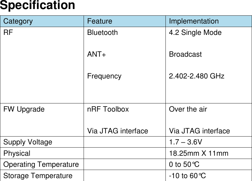 Specification Category Feature Implementation RF Bluetooth  ANT+  Frequency  4.2 Single Mode  Broadcast    2.402-2.480 GHz   FW Upgrade nRF Toolbox  Via JTAG interface  Over the air  Via JTAG interface Supply Voltage  1.7 – 3.6V Physical  18.25mm X 11mm Operating Temperature  0 to 50°C Storage Temperature  -10 to 60°C                      