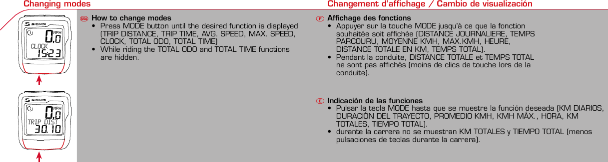 Contents / Contenu / ContenudoInstallation / Montage / MontajeInstallation of mounting bracketMontage du support / Montaje del soporte de bicicleta12Installation of mounting bracketInstallation of magnet / Montage de l&apos;aimant / Montaje del imán5Installation of speed transmitterMontage de l&apos;émett. Vit. / Montaje del emisor de velocidad1Installation of speed transmitter5Mode / Reset Pairing / Connection / Apareado Pairing / Connection / Apareado34612 1KMH/MPH entry Réglage KMH/MPH / Introducción KMH/MPHU FEWheel size entry Circonférence de roue / Dimensiones de la ruedaU FEMeasure wheel size Mesurer la roue / Dimensiones de la ruedaU FETime entry Réglage heure / Introducir la horaU FETotal data entry Réglage des valeurs totales / Datos totalesU FEContrast entry Réglage contraste / Introducción contrasteU FELanguage Entry Réglage langue / Introducir el idiomaU FEWheel size entry Circonférence de roue / Dimensiones de la ruedaU FE42 mm32 mmBasic settings Réglages de base / Ajustes básicosU FEWheel Size Chart (Wheel Size) Wheel Size Chart (Circonférence de roue / Tamaño de rueda)A CBChanging modes Changement d’affichage / Cambio de visualizaciónU FEInstallation of speed transmitter Montage de l&apos;émett. Vit. / Montaje del emisor de velocidad3 42xLeft side Right sideGrey, grisoptional Bike 2Ref. No. 00405Pairing / Connection / Apareado Pairing / Connection / Apareado Pairing / Connection / ApareadoInstallation of Bike ComputerUFEF EUFEPairing / Connection / ApareadoObservaciones generales ECambio de la pila Solución de problemas ERemarques générales FChangement de batterie Solution aux problèmes FGeneral remarks UTrouble Shooting UChange batteryTechnical Data / Données techniques / Datos técnicosUF ETechnical data / Données techniques / Datos técnicosComparison speed Comparaison de la vitesse / Comparación velocidadU FEResetRemise à zéro / Puesta a ceroUFEAssembly 2nd wheelMontage 2ème roue / Montaje 2ª ruedaUFEoptional Bike 2Ref. No. 00405Grey, grisBike 1+2. KMH / MPH• Press MODE button until KMH / MPH is displayed.• Press SET button briefly, KMH or MPH is displayed andflashing.• Select MPH or KMH with MODE button.• Confirm by pressing SET button briefly.2. KMH / MPH• A l&apos;aide de la touche MODE changer le réglage KMH/MPH.• Appuyer brièvement sur la touche SET.• KMH ou MPH apparaît sur l&apos;écran et clignote.• Régler MPH ou KMH à l&apos;aide de la touche MODE.• Confirmer par la touche SET.2. KMH / MPH• Con la tecla MODE cambiar a la introducción de KMH/MPH• Pulsar la tecla SET brevemente.• En la pantalla aparece KMH o MPH y parpadea.• Con la tecla MODE ajustar MPH o KMH.• Confirmar con la tecla SET.3. Wheel size BIKE 1• Press MODE button to change to WS BIKE 1.• Press SET button briefly and the first digit flashes.• Change the number by pressing RESET button, change tonext digit by pressing mode. Repeat with next 3 numbersuntil desired wheel size is entered.• Confirm by pressing SET button briefly.3. Circonférence de la roue VELO 1• A l&apos;aide de la touche MODE passer à VELO 1.• Appuyer brièvement sur la touche SET, le premier chiffreà entrer clignote.• Régler la valeur à l&apos;aide de la touche REMISE A ZERO,passer au prochain chiffre à l&apos;aide de la touche MODE.• Le vélo 1 est toujours celui avec l&apos;emetteur vélo 13. Dimensiones de la rueda BICICLETA 1• Con la tecla MODE cambiar a BICICLETA 1.• Pulsar brevemente la tecla SET, la primera cifra deintroducción parpadea.• Con la tecla RESET ajustar el valor, con la tecla MODEcambiar a la siguiente cifra.• La bicicleta 1 es siempre la bicicleta con emisor rueda 1• A partir de la tabla C &quot;Wheel Size Chart&quot; (véase la páginasiguiente) determinar el valor correspondiente al tamañode la rueda. Introducir este valor.• Alternativa: calcular/ determinar el tamaño de la rueda(tabla A o tabla B)• Tras la última cifra confirmar con la tecla SET.• Determine the correct value for your wheel size fromTable C “Wheel Size Chart” (refer to next page).• Alternative: calculate wheel size using formula Tab A orTab B.• Déterminer la valeur correspondant à votre circonférencede roue à partir du tableau C &quot;Wheel Size Chart&quot; (voirpage suivante). Entrer cette valeur.• Alternative: calculer/déterminer WS (Tab. A ou tab. B).• Après le dernier chiffre, confirmer par la touche SET.You can enter TOTAL ODO (miles) miles and TOTAL timesfrom your previous computer.Note – This step is not necessary if previous data fromanother computer is not desired(skip to step 8).6. Enter TOTAL ODO (miles)• Press MODE button until TOTAL ODO is displayed.• Press SET button briefly and the first digit will flash.• Press RESET button to change each digit.• Press MODE button to advance to next number.• Repeat until desired number is entered.• Confirm by pressing the SET button briefly.7. Enter TOTAL TIME• Press MODE button until TOTAL TIME is displayed• Press SET button briefly and the first digit will flash.• Press RESET button to change each digit.• Press MODE button to advance to next number.• Repeat until desired number is entered• Confirm by pressing the SET button briefly.6. KM-VELO 1/27. TEMPS VELO 1/2• Réglage identique à la circonférence de la roue. Ici, vouspouvez transférer la distance totale en km, par exemplelors de l&apos;achat de cet appareil, à partir d&apos;un autrecompteur.6. KM RUEDA 1/27. TIEMPO RUEDA 1/2• Introducción como en las dimensiones de la rueda. Aquí sepuede transferir el número total de km p.ej. en caso decompra del aparato de otro ordenador de bicicleta.8. Contrast• Press MODE button until contrast is displayed.• Press SET button briefly and the display flashes.• Set the value by pressing RESET button.1 = light  3 = dark• Confirm by pressing the SET button.When you are finished entering the basic setting, press andhold SET button for 3 seconds to exit set-up mode.8. Contraste• Appuyer sur la touche MODE1 jusqu&apos;à ce que CONTRASTEapparaisse.• Appuyer brièvement sur la touche SET, le réglage clignote.• A l&apos;aide de la touche REMISE A ZERO/MODE2 régler lavaleur (1 = faible, 3 = fort). Confirmer avec la touche SET.8. Contraste• Pulsar la tecla MODE1 hasta que aparezca CONTRASTE.• Pulsar brevemente la tecla SET, la introducción parpadea.• Con la tecla RESET/MODE2 ajustar el valor (1=débil3= fuerte). Confirmar con la tecla SET.1. Set language• Press MODE button until LANGUAGE is displayed• Press the SET button briefly, the display flashes. Set thedesired language using the MODE button and confirm bypressing SET button briefly.4. Wheel size BIKE 2This computer can be programmed for two bikes, if you areonly using this computer for one bike, skip this step and goto step 5.Changing between WHEEL SIZE  1 and WHEEL SIZE 2occurs automatically simply by changing from bike 1transmitter (grey button) to the optional Bike 2 transmitter(red button).• Press MODE button to change to WS BIKE 2.• Press SET button briefly and the first digit flashes.• Change the number by pressing RESET button.• Change to next digit by pressing MODE button. Repeatwith next 3 numbers until desired wheel size is entered.• Confirm by pressing SET button briefly.4. Circonférence de la roue VELO 2• A l&apos;aide de la touche MODE passer au VELO 2.• Appuyer brièvement sur la touche SET, le premier chiffre àentrer clignote.• Réglage comme pour le VELO 1 : régler les valeurs à l&apos;aidede la touche RESET, passer au prochain chiffre à l&apos;aide de latouche MODE.• Le vélo 2 est toujours celui avec l&apos;émetteur vélo 24. Dimensiones de la rueda BICICLETA 2• Con la tecla MODE cambiar a BICICLETA 2.• Pulsar brevemente la tecla SET, la primera cifra de introducción parpadea.• Introducción como en RUEDA 1: Con las teclas RESET ajustar los valores,con la tecla MODE cambiar a la cifra siguiente, etc.• La bicicleta 2 es siempre la bicicleta con emisor rueda 2SETBI KE  CO MPUT ERTO PLI NEB C   1 1 0 6 L   D T SSIGMA  B IK E  CO MPU TERBC 110 6 L  DT SW W W. S I G MA S P O RT. CO MW W W. S I G MA S P O RT. CO MSIGMA USA:North America1067 Kingsland DriveBatavia, IL 60510, US ATel. +1-630-761-1106Fax +1-6 30-761-1107Toll Free: 888-744-6 277SIGMA EUROPA:SIGMA Elektro GmbHDr.- Julius-Leber-Straße 15D-67433 Neustadt a.d.W.Tel. +49-(0)63 21-9120-11 8Fax +49- (0)6321-9120 -34SIGMA ASIA:Asia, Australia, South Ame rica7F-1, No. 193, Ta-Tun 6th Street,Taichung City, TaiwanTel. +886-4-2475 35 77Fax +886 -4-2475  356332-63028-63040-62247-62240-63537-62218-62220-62223-62225-62228-62232-62237-62240-62227x1 1/427x1 1/4 Fifty28x1.528x1.7528x1 1/228x1 3/8x1 5/8700x18C700x20C700x23C700x25C700x28C700x32C700x35C700x40C21992174222422682265220521022114213321462149217422052224kmhmph47-30547-40637-54047-50723-57140-55944-55947-55950-55954-55957-55937-59037-58420-57116x1.75x220x1.75x224x1 3/8 A24x1.75x226x126x1.526x1.626x1.75x226x1.926x2.0026x2.12526x1 3/826x1 3/8x1 1/226x3/412721590194819071973202620512070208921142133210520861954ETRTOkmhmphETRTOkm/h:WS = mm x 3.14mph:WS = mm x 3.14km/h:WS = mmmph:WS = mmPrinted in USA~20 sec A Test: BatteryMax. 20 mm• MODE: appel des fonctions• RESET: remise à zéro des fonctionsDISTANCE JOURNALIERE, TEMPS PARCOURU, Ø KMH et MAX. KMH• MODE: Activar las funciones• RESET: Restablecimiento de las funcion.KM DIARIOS, DURACIÓN DEL TRAYECTO, PROMEDIO KMH y KMH MÁX. a cero• MODE: Change the functions• RESET: Reset the functionsDAILY KM/M, TRIP TIME, AVERAGE SPEED and MAX SPEED to zeroMODE&gt;3 sec = RESETTRIP DISTTRIP TIMEAVG. SPEEDMAX. SPEEDCLOCKTOTAL ODO*TOTAL TIME*TRIP DISTTRIP TIMEAVG. SPEEDMAX. SPEEDMODE&gt;3 sec = RESETKM JOURTEMPS PARCVIT MOYEN.VIT MAXIHEUREKM TOTAL*TEMPSTOTAL*KM JOURTEMPS PARCVIT MOYEN.VIT MAXIMODE&gt;3 sec = RESETKM DIATIEMPO PARVEL MEDIAVEL MAXIMAHORAKM TOTAL*TIEMPO TOT*KM DIATIEMPO PARVEL MEDIAVEL MAXIMAHow to change modes• Press MODE button until the desired function is displayed(TRIP DISTANCE, TRIP TIME, AVG. SPEED, MAX. SPEED,CLOCK, TOTAL ODO, TOTAL TIME)• While riding the TOTAL ODO and TOTAL TIME functionsare hidden.Affichage des fonctions• Appuyer sur la touche MODE jusqu&apos;à ce que la fonctionsouhaitée soit affichée (DISTANCE JOURNALIERE, TEMPSPARCOURU, MOYENNE KMH, MAX.KMH, HEURE,DISTANCE TOTALE EN KM, TEMPS TOTAL).• Pendant la conduite, DISTANCE TOTALE et TEMPS TOTALne sont pas affichés (moins de clics de touche lors de laconduite).Indicación de las funciones• Pulsar la tecla MODE hasta que se muestre la función deseada (KM DIARIOS,DURACIÓN DEL TRAYECTO, PROMEDIO KMH, KMH MÁX., HORA, KMTOTALES, TIEMPO TOTAL).• durante la carrera no se muestran KM TOTALES y TIEMPO TOTAL (menospulsaciones de teclas durante la carrera).SET &gt; 3 sec • Press SET button for 3 sec. to enter set-up mode (SETwill appear in upper right hand corner of display when inset-up mode, you must be in set-mode to perform steps1-8).• Use the set-up mode to change language, KMH/MPH,wheel size, time, total odo, total time, and contrast.• After changing the battery, only the time and contrasthave to be entered.• Appuyer sur la touche SET 3 sec pour effectuer les réglages de basesuivants : langue, changement entre kmh/mph, circonférence de laroue 1 et 2, heure, distance totale, temps total et contraste de l&apos;écran.Fin du menu réglage en appuyant 3 sec sur la touche SET. Après lechangement de la pile, seule l&apos;heure et le contraste de l&apos;écran doiventêtre à nouveau rentrés.• Pulsar la tecla Set durante 3 segundos para realizar los siguientes ajustesbásicos: idioma, cambio entre kmh/mph, dimensiones de la rueda 1 y 2,hora, km totales, hora total y contraste de pantalla. Finalice el menú deintroducción pulsando durante 3 segundos la tecla SET. Tras un cambio dela pila deben introducirse solo la hora y el contraste de la pantalla.1. Régler la langue• Appuyer sur la touche MODE jusqu&apos;à ce que LANGUEapparaisse sur l&apos;écran.• Appuyer brièvement sur la touche SET, l&apos;affichage clignote.Régler la langue souhaitée à l&apos;aide de la touche MODE etconfirmer par la touche SET.1. Ajustar el idioma• Pulsar la tecla MODE hasta que aparezca IDIOMA en lapantalla.• Pulsar brevemente la tecla SET, la indicación parpadea.Con la tecla MODE ajustar el idioma seleccionado yconfirmar con la tecla SET.MODE MODEMODERESET RESET5. Time(24 hr clock will display when using KMH, 12 hr clock willdisplay when using MPH)• Press MODE button until TIME is displayed.• Press the SET button briefly and the hour digit flashes.• Change the hour with the RESET button.• Advance to minutes by pressing MODE button.• Change the minutes with the RESET button.• Confirm by pressing the SET button briefly.5. Heure (kmh = 24 h / mph = 12 h)• Appuyer sur la touche MODE jusqu&apos;à ce qu&apos;HEURE apparaisse.• Appuyer brièvement sur la touche SET, l&apos;entrée clignote.• Régler les heures à l&apos;aide de la touche REMISE A ZERO. Al&apos;aide de la touche MODE passer au réglage des minutes.• Régler les minutes à l&apos;aide de la touche REMISE A ZERO.Confirmer par la touche SET.5. Hora (kmh = 24 h / mph = 12 h)• Pulsar la tecla MODE hasta que aparezca HORA.• Pulsar brevemente la tecla SET, la introducción parpadea.• Con la tecla RESET ajustar el valor, con la tecla MODEcambiar a la siguiente cifra.• Con la tecla RESET ajustar los minutos. Confirmar con latecla SET.MODEMODE• After installing the bike computer into mounting bracket, SPEED display willblink ZERO.• There are two ways to pair your transmitter and computer.• 1. Ride. After 20 seconds (max 5 min.) the receiver will pair withtransmitter and data will be displayed.• 2. Spin front wheel until speed display stops blinking (A).• After 5 min. without transmission, BC 1106 DTS will go into sleep mode.(Time of Day and Model name shown in the display).  Press any button tore-activate the computer.  A short pairing will find the transmitter.• Removing the BC 1106 DTS from the mounting bracket will end the pairedconnection.• If “TOO MANY SIGNALS” message is displayed: lengthen the distance of alltransmitters and press any button to continue.  Pairing will begin again.• Monter le compteur sur son support. Le zéro de la vitesse clignote• Il y a deux possibilités pour connecter la vitesse et la cadence:1. Rouler, après env. 20 secondes (max. 5 min.) le récepteur s&apos;est connectéavec l&apos;émetteur, les données sont affichées.2. Fiare tourner la roue avant jusqu&apos;à ce que l&apos;affichage de la vitesse neclignote plus (A).ATTENTION:• Après plus de 5 minutes de pause le BC 1106 DTS se met en mode repos(affichage de l&apos;heure et du nom du modèle). Pour ré-activer le compteurappuyer sur une touche quelconque, il s&apos;établit alors une connection courtepour rechercher le(s) émetteur(s)• Lorsque l&apos;on sort le BC 1106 DTS de son support, la connection est arrêtée.• TOO MANY SIGNALS s&apos;affiche: Augmenter la distance par rapport auxautres vélos et appuyer sur une touche quelconque. La connectionrecommence.• Encajar el BC 1106 DTS sobre el soporte. El cero de las indicaciones develocidad parpadea• Hay dos posibilidades de emparejar la velocidad:1. Arrancar, después de aprox. 20 segundos (max. 5 min) el receptor se hasincronizado con el receptor y se muestran los datos.2. Girar la rueda delantera hasta que deje de parpadear la indicación de KMH(A).ATENCIÓN:• Después de 5 minutos de pausa, el BC 1106 DTS pasa al modo deespera (la hora y el nombre del modelo en la pantalla). Al pulsar cualquiertecla se inicia un apareado corto para encontrar el emisor.• Al retirar el BC 1106 DTS del soporte se desconecta la desconexión.• Indicación TOO MANY SIGNALS (demasiadas señales): Aumentar ladistancia con otros emisores y pulsar cualquier tecla. El apareado se iniciade nuevo.~20 sec A~20 sec Amm x 3.14note: 1 inch = 25.4 mmPila:1 pila de litio tipo botón 2032, 3VEl cambio de pila se muestra en la pantalla.Cambio de pila• Si se cambia la pila DIMENSIONES DE LARUEDA, IDIOMA, KMH/MPH, KMTOTALES y TIEMPO TOTAL permanecenguardadas y no deben ser introducidasde nuevo.• Respetar el + y el -. Con elcompartimento de la batería abiertotiene que verse el + de la pila.• Si la junta de estanquidad estádesplazada, volver a colocarla.• Tras el cambio de pila debe introducirsede nuevo la hora.GarantíaNos responsabilizamos de las deficienciasfrente a nuestro socio contractual segúnlo dispuesto en los reglamentos legales.Ordenador:Abrir la tapa con una moneda.¡Prestar atencióna la polaridad&quot;Emisor:Abrir la tapa con una herramienta.¡Retirar la pila de la tapa!¡Prestar atención a la polaridad!KMH sin indicación• ¿Se utiliza el soporte antiguo del manillarcon la transmisión por radio (RDS)?• ¿Está el ordenador correctamenteencajado sobre el soporte?• ¿Se han comprobado la oxidación /corrosión de los contactos?• ¿Distancia entre imán y sensor?(máx. 20 mm)• ¿Se ha comprobado si el imán estáimantado?• ¿2 imanes montados?• ¿Imán posicionado correctamente?• ¿Dimensiones de la rueda (WS) malajustadas?• ¿Se ha montado el emisor correcto en elcambio de bicicleta?Los KMH están mal indicadosIndicación en pantalla oscura o lenta• Temperatura demasiado alta (&gt;60° C) odemasiado baja (&lt;0° C)Sin indicación en pantalla(indicación vacía)• Comprobar la pila• Pila bien colocada (+ y -)• ¿Es correcto el contacto de la pila?(comprobar con cuidado)Ningún apareado• Comprobar la distancia emisor/imán• Pila del emisor vacía• Activar el ordenador pulsando• Comprobar alcance• Modificar la posición del emisor alemplear un dínamo de cuboIndicación TOO MANY SIGNALS(demasiadas señales):• Aumentar la distancia con otrosemisores y pulsar una teclaPile:1 pile-bouton lithium 2032, 3VLe changement de pile est affiché estaffiché sur l&apos;écran.Changement de pile• En cas de changement de pile,CIRCONFERENCE DE LA ROUE 1/2,LANGUE, KMH/MPH, DISTANCE TOTALEet TEMPS TOTAL restent en mémoire etne doivent pas être à nouveau rentrés.• Faire attention au plus et au moins, lorsquele compartiment de la pile est ouvert,vous devez voir le côté PLUS de la pile !• En cas de déplacement du jointd&apos;étanchéité, le remettre en place.• Après le changement de la pile, seull&apos;heure et le contraste doivent êtreà nouveau rentrés.GarantieNous sommes responsables, vis-à-vis denotre partenaire contractuel respectif, desvices conformément aux prescriptions légales.Les piles sont exclues de la garantie.Compteur:Ouvrir le couvercle avec une pièceAttention à lapolarité!Emetteur:Ouvrir le couvercle avecl&apos;outil prévu à cet effet.Enlever la pile du couvercle!Attention à la polarité!Pas d&apos;affichage kmh• Ancien système sans fil sur le vélo?• Compteur bien enclenché sur le support?• Corrosion/oxidation sur les contacts?• Distance aimant/émetteur?(max. 20 mm)• Aimant magnétisé?• 2 aimant montés?• Aimant bien positionné?• Circonférence de la roue (WS) bienprogrammè?• Montage du bon émetteur lors d&apos;unchangement de vélo?Mauvais affichage de la vitesseAffichage noir/lent• Température trop haute (&gt;60°C)ou trop basse (&lt;0°C)Pas d&apos;affichage (écran vide)• Vérifier l&apos;état de la pile• Pile bien mise (plus et moins)• Contacts ok? (tordre en faisant attention)Pas de connection• Vérifier la distance aimant/émetteur• Les piles de l&apos;émetteur sont vides• Activer le compteur en appuyant surune touche• Vérifier la distance émetteur/récepteur• Si vous utilisez une dynamo-moyeu,changer la position de l&apos;émetteurAffichage TOO MANY SIGNALS• Augmenter la distance avec les autresvélos et appuyer sur une touchequelconque.Battery:1 lithium button cell 2032, 3VBattery change is displayed on screen.Change batteries:• WHEEL SIZES 1+2, LANGUAGE,KMH/MPH, TOTAL KM and TOTALTIME remain saved even when thebattery is changed.• Observe direction of plus and minuspoles; when the compartment is openyou must see the PLUS side of thebattery!• If sealing ring is loose, re-insert it.• After changing the battery only thetime and the contrast must be re-entered.WarrantyWe are liable to our contracting partnersfor defects as defined by law. Batteriesare excluded from the guarantee.No display of MPH• Using an old RDS mounting bracket?• Check that the Bike Computer is properlyengaged in the bracket.• Check contacts for corrosion/oxidation.• Check distance between magnet and sensor(max. 20 mm using Sigma&apos;s Power Magnet)• Check if magnet is magnetized• 2 magnets installed?• Magnet in the right position?• Wheel size programmed incorrectly?• In case of you switched bikes - are you mountingthe correct transmitter?False display of MPHDisplay is black or weaken?• Temperature too high (&gt;60 °C) or too low (&lt;0°C)No Display (screen blank)• Check Battery• Check plus and minus poles• Battery contact ok? (bend carefully!)No Pairing• Check distance between transmitter /magnet (20mm or less with powermagnet)• Press battery check button ontransmitter• Activate computer by pressing anybutton• Check distance between transmitterand receiver (max distance 90cm)• If using a dynamo hub, change locationof transmitter.TOO MANY SIGNALS is shown:• Extend the distance betweentransmitters and press any buttonon computer to continueComputer:Open the top cover with a coinPay attention topolarity!Transmitter:Open top cover with toolTake the battery out of the top cover!Pay attention to polarity!SpeedTRIP DISTTRIP TIMEODO BIKETIME BIKEWS BIKE 1/2VitesseKM JOURTEMPS PARCKM TOTALTEMPSTOTALCIRCONFERENCEDE LA ROUE 1/2VelocidadKM DIATIEMPO PARKM TOTALTIEMPO TOTDIMENSIONESDE LA RUEDA1/20.00.000:00:0000:002,155Default Max Units199.59,999.9999:5999,9999,9993,999kmh/mphkm/mih:mm:ss hh:mm hhh:mmkm/mih:mm hh:mm hhh:m h.hhhmmSpeed Comparison (pace arrow)Comparison of current speed to average speed.• If your current speed is equal to your average speed   isshown, if lower   is shown, and if higher   is shown.Vitesse/vitesse moyenne• En cas de vitesse à peu près similaire   s&apos;affiche, en casde vitesse plus faible   et plus élevée  .• L&apos;affichage est effectué pour toutes les fonctions saufdans les réglages de base.Velocidad / velocidad media• En caso de velocidad casi igual se muestra  , en caso develocidad menor   y velocidad mayor  .• La indicación se realiza en todas las funciones excepto enlos ajustes básicos.ResetReset Trip distance, Trip time, Average speed, andMax speed to zero.•Press MODE button until the desired function to zero outdisplayed.•Press and hold RESET button.  The display will flash andafter 2 seconds the displayed function will clear.•Holding RESET button longer than 4 seconds will zero outTrip distance, Trip time, Average speed, and Max speedfunctions at the same time.Remise à zéro de l&apos;affichage•Appuyer sur la touche MODE jusqu&apos;à ce que la fonctionsouhaitée apparaisse. Maintenir appuyée la touche REMISEA ZERO. L&apos;affichage clignote. Au bout de 2 sec, seule lafonction affichée est remise à 0.•Appuyer sur la touche REMISE A ZERO pendant plus de 4sec remet à zéro les affichages de DISTANCEJOURNALIERE, TEMPS PARCOURU, Ø KMH, MAX KMH.Restablecer las indicaciones•Pulsar la tecla MODE hasta que aparezca la funcióndeseada.•Mantener pulsada la tecla RESET. La indicación parpadea.Tras 2 segundos se restablece la función indicada a 0.•Pulsar la tecla RESET durante más de 4 segundosestablece las indicaciones de KM DIARIOS, DURACIÓN DELTRAYECTO, PROMEDIO KMH, KMH MÁX. en cero.&gt; 2 sec&gt; 3,5 secSwitching between WHEEL 1 and WHEEL 2 is automatic.You must install (optional) transmitter of Bike 2 (redbutton).•It is no longer possible to change by making an entry.Le changement entre la ROUE 1 et la ROUE 2 est effectuéautomatiquement. Il faut utiliser l&apos;émetteur vélo 2 (enoption) avec la touche rouge.•Un changement manuel n&apos;est plus possible.El cambio entre la RUEDA 1 y RUEDA 2 se realizaautomáticamente. Debe emplearse el emisor (opcional)rueda 2 (tecla roja).•Ya no es posible un cambio por introducción.4 x90°4 xBike 1Wheel Size Chartgo tostep 3go tostep 2The harness comes ready to mount on your handlebars.To mount on a stem, remove the 4 screws on the back of the harness, turn base 90 degrees.stem mountremove yellow tapethe SIGMA logo on the harness mustalways face the front of the bike.Foam pad included foruse with bladed spokesTo reach the required 20mm or less, move magnetand transmitter towards center of wheel.Note: 20mm = 3/4 inches3242?handlebarorstemRed, rouge2 m mRed, rouge* not while riding * pas pendantla conduite *no durantela carrera0,0MPH CLOCK 15:230,0MPHTRIP DIST 30.10 12:23 12:23 12:2500.20000.000 00.200  3  2Bike 1+