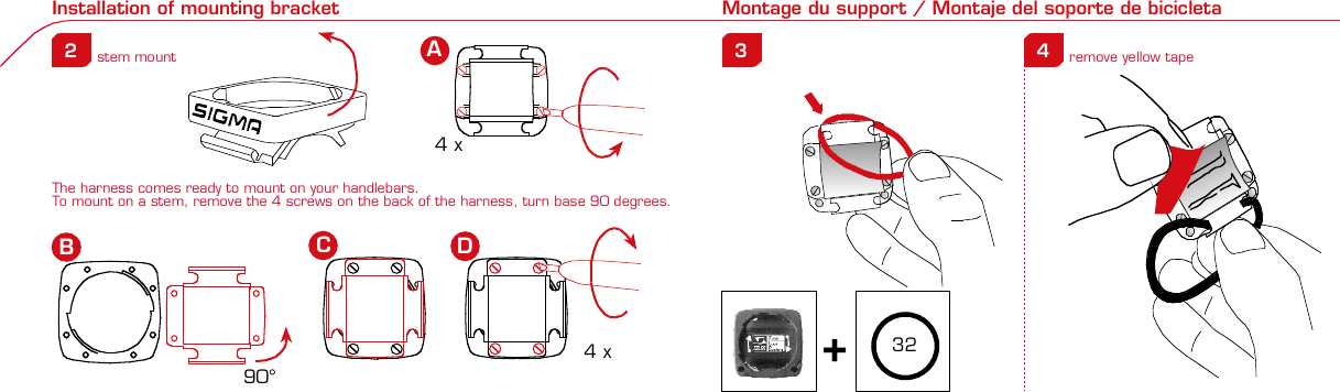 Contents / Contenu / Contenudo Installation / Montage / Montaje Installation of mounting bracket Montage du support / Montaje del soporte de bicicleta1 2Installation of mounting bracket Installation of magnet / Montage de l&apos;aimant / Montaje del imán5Installation of speed transmitter Montage de l&apos;émett. Vit. / Montaje del emisor de velocidad1Installation of speed transmitter5Mode / Reset Pairing / Connection / Apareado Pairing / Connection / Apareado3 4 6 12 1KMH/MPH entryRéglage KMH/MPH / Introducción KMH/MPHUFEWheel size entry Circonférence de roue / Dimensiones de la ruedaU FEMeasure wheel size Mesurer la roue / Dimensiones de la ruedaU FETime entryRéglage heure / Introducir la horaUFETotal data entryRéglage des valeurs totales / Datos totalesUFEContrast entryRéglage contraste / Introducción contrasteUFELanguage EntryRéglage langue / Introducir el idiomaUFEWheel size entryCirconférence de roue / Dimensiones de la ruedaUFE42 mm32 mmBasic settingsRéglages de base / Ajustes básicosUFEWheel Size Chart (Wheel Size) Wheel Size Chart (Circonférence de roue / Tamaño de rueda)A CBChanging modesChangement d’affichage / Cambio de visualizaciónUFEInstallation of speed transmitter Montage de l&apos;émett. Vit. / Montaje del emisor de velocidad3 42xLeft side Right sideGrey, grisoptional Bike 2Ref. No. 00405Pairing / Connection / Apareado Pairing / Connection / ApareadoPairing / Connection / ApareadoInstallation of Bike ComputerUFEF EU FEPairing / Connection / ApareadoObservaciones generalesECambio de la pilaSolución de problemasERemarques générales FChangement de batterie Solution aux problèmes FGeneral remarks UTrouble Shooting UChange batteryTechnical Data / Données techniques / Datos técnicosU F ETechnical data / Données techniques / Datos técnicosComparison speedComparaison de la vitesse / Comparación velocidadUFEReset Remise à zéro / Puesta a ceroU FEAssembly 2nd wheel Montage 2ème roue / Montaje 2ª ruedaU FEoptional Bike 2Ref. No. 00405Grey, grisBike 1+2. KMH / MPH•Press MODE button until KMH / MPH is displayed.•Press SET button briefly, KMH or MPH is displayed andflashing.•Select MPH or KMH with MODE button.•Confirm by pressing SET button briefly.2. KMH / MPH•A l&apos;aide de la touche MODE changer le réglage KMH/MPH.•Appuyer brièvement sur la touche SET.•KMH ou MPH apparaît sur l&apos;écran et clignote.•Régler MPH ou KMH à l&apos;aide de la touche MODE.•Confirmer par la touche SET.2. KMH / MPH•Con la tecla MODE cambiar a la introducción de KMH/MPH•Pulsar la tecla SET brevemente.•En la pantalla aparece KMH o MPH y parpadea.•Con la tecla MODE ajustar MPH o KMH.•Confirmar con la tecla SET.3. Wheel size BIKE 1• Press MODE button to change to WS BIKE 1.• Press SET button briefly and the first digit flashes.• Change the number by pressing RESET button, change tonext digit by pressing mode. Repeat with next 3 numbersuntil desired wheel size is entered.• Confirm by pressing SET button briefly.3. Circonférence de la roue VELO 1• A l&apos;aide de la touche MODE passer à VELO 1.• Appuyer brièvement sur la touche SET, le premier chiffreà entrer clignote.• Régler la valeur à l&apos;aide de la touche REMISE A ZERO,passer au prochain chiffre à l&apos;aide de la touche MODE.• Le vélo 1 est toujours celui avec l&apos;emetteur vélo 13. Dimensiones de la rueda BICICLETA 1• Con la tecla MODE cambiar a BICICLETA 1.• Pulsar brevemente la tecla SET, la primera cifra deintroducción parpadea.• Con la tecla RESET ajustar el valor, con la tecla MODEcambiar a la siguiente cifra.• La bicicleta 1 es siempre la bicicleta con emisor rueda 1• A partir de la tabla C &quot;Wheel Size Chart&quot; (véase la páginasiguiente) determinar el valor correspondiente al tamañode la rueda. Introducir este valor.• Alternativa: calcular/ determinar el tamaño de la rueda(tabla A o tabla B)• Tras la última cifra confirmar con la tecla SET.• Determine the correct value for your wheel size fromTable C “Wheel Size Chart” (refer to next page).• Alternative: calculate wheel size using formula Tab A orTab B.• Déterminer la valeur correspondant à votre circonférencede roue à partir du tableau C &quot;Wheel Size Chart&quot; (voirpage suivante). Entrer cette valeur.• Alternative: calculer/déterminer WS (Tab. A ou tab. B).• Après le dernier chiffre, confirmer par la touche SET.You can enter TOTAL ODO (miles) miles and TOTAL timesfrom your previous computer.Note – This step is not necessary if previous data fromanother computer is not desired(skip to step 8).6. Enter TOTAL ODO (miles)•Press MODE button until TOTAL ODO is displayed.•Press SET button briefly and the first digit will flash.•Press RESET button to change each digit.•Press MODE button to advance to next number.•Repeat until desired number is entered.•Confirm by pressing the SET button briefly.7. Enter TOTAL TIME•Press MODE button until TOTAL TIME is displayed•Press SET button briefly and the first digit will flash.•Press RESET button to change each digit.•Press MODE button to advance to next number.•Repeat until desired number is entered•Confirm by pressing the SET button briefly.6. KM-VELO 1/27. TEMPS VELO 1/2•Réglage identique à la circonférence de la roue. Ici, vouspouvez transférer la distance totale en km, par exemplelors de l&apos;achat de cet appareil, à partir d&apos;un autrecompteur.6. KM RUEDA 1/27. TIEMPO RUEDA 1/2•Introducción como en las dimensiones de la rueda. Aquí sepuede transferir el número total de km p.ej. en caso decompra del aparato de otro ordenador de bicicleta.8. Contrast•Press MODE button until contrast is displayed.•Press SET button briefly and the display flashes.•Set the value by pressing RESET button.1 = light  3 = dark•Confirm by pressing the SET button.When you are finished entering the basic setting, press andhold SET button for 3 seconds to exit set-up mode.8. Contraste•Appuyer sur la touche MODE1 jusqu&apos;à ce que CONTRASTEapparaisse.•Appuyer brièvement sur la touche SET, le réglage clignote.•A l&apos;aide de la touche REMISE A ZERO/MODE2 régler lavaleur (1 = faible, 3 = fort). Confirmer avec la touche SET.8. Contraste•Pulsar la tecla MODE1 hasta que aparezca CONTRASTE.•Pulsar brevemente la tecla SET, la introducción parpadea.•Con la tecla RESET/MODE2 ajustar el valor (1=débil3= fuerte). Confirmar con la tecla SET.1. Set language•Press MODE button until LANGUAGE is displayed•Press the SET button briefly, the display flashes. Set thedesired language using the MODE button and confirm bypressing SET button briefly.4. Wheel size BIKE 2This computer can be programmed for two bikes, if you areonly using this computer for one bike, skip this step and goto step 5.Changing between WHEEL SIZE  1 and WHEEL SIZE 2occurs automatically simply by changing from bike 1transmitter (grey button) to the optional Bike 2 transmitter(red button).•Press MODE button to change to WS BIKE 2.•Press SET button briefly and the first digit flashes.•Change the number by pressing RESET button.•Change to next digit by pressing MODE button. Repeatwith next 3 numbers until desired wheel size is entered.•Confirm by pressing SET button briefly.4. Circonférence de la roue VELO 2•A l&apos;aide de la touche MODE passer au VELO 2.•Appuyer brièvement sur la touche SET, le premier chiffre àentrer clignote.•Réglage comme pour le VELO 1 : régler les valeurs à l&apos;aidede la touche RESET, passer au prochain chiffre à l&apos;aide de latouche MODE.•Le vélo 2 est toujours celui avec l&apos;émetteur vélo 24. Dimensiones de la rueda BICICLETA 2•Con la tecla MODE cambiar a BICICLETA 2.•Pulsar brevemente la tecla SET, la primera cifra de introducción parpadea.•Introducción como en RUEDA 1: Con las teclas RESET ajustar los valores,con la tecla MODE cambiar a la cifra siguiente, etc.•La bicicleta 2 es siempre la bicicleta con emisor rueda 2SETBI KE CO MPUT ERTO PLI N EB C   1 1 0 6 L  D T SSIG MA B IK E  COMPU TERBC 110 6L  DT SW W W. S I G M A S P O R T. C O MW W W. S I G M A S P O R T. C O MSIGMA USA:North America1067 Kingsland DriveBatavia, IL 60510, US ATel. +1-630-761-1106Fax +1-6 30-761-1107Toll Free: 888-744-6 277SIGMA EUROPA:SIGMA Elektro GmbHDr.- Juliu s - Leber - Straße 15D-67433 Ne ustadt a.d.W.Tel. +49-(0)63 21-9120-11 8Fax +49- (0)6321-9120 -34SIGMA ASIA:Asia, Australia, South Ame rica7F-1, No. 193, Ta-Tun 6th Street,Taichung City, TaiwanTel. +886-4-2475 35 77Fax +886 -4-2475  356332-63028-63040-62247-62240-63537-62218-62220-62223-62225-62228-62232-62237-62240-62227x1 1/427x1 1/4 Fifty28x1.528x1.7528x1 1/228x1 3/8x1 5/8700x18C700x20C700x23C700x25C700x28C700x32C700x35C700x40C21992174222422682265220521022114213321462149217422052224kmhmph47-30547-40637-54047-50723-57140-55944-55947-55950-55954-55957-55937-59037-58420-57116x1.75x220x1.75x224x1 3/8 A24x1.75x226x126x1.526x1.626x1.75x226x1.926x2.0026x2.12526x1 3/826x1 3/8x1 1/226x3/412721590194819071973202620512070208921142133210520861954ETRTOkmhmphETRTOkm/h:WS = mm x 3.14mph:WS = mm x 3.14km/h:WS = mmmph:WS = mmPrinted in USA~20 sec A Test: BatteryMax. 20 mm• MODE: appel des fonctions• RESET: remise à zéro des fonctionsDISTANCE JOURNALIERE, TEMPS PARCOURU, Ø KMH et MAX. KMH• MODE: Activar las funciones• RESET: Restablecimiento de las funcion.KM DIARIOS, DURACIÓN DEL TRAYECTO, PROMEDIO KMH y KMH MÁX. a cero• MODE: Change the functions• RESET: Reset the functionsDAILY KM/M, TRIP TIME, AVERAGE SPEED and MAX SPEED to zeroMODE&gt;3 sec = RESETTRIP DISTTRIP TIMEAVG. SPEEDMAX. SPEEDCLOCKTOTAL ODO*TOTAL TIME*TRIP DISTTRIP TIMEAVG. SPEEDMAX. SPEEDMODE&gt;3 sec = RESETKM JOURTEMPS PARCVIT MOYEN.VIT MAXIHEUREKM TOTAL*TEMPSTOTAL*KM JOURTEMPS PARCVIT MOYEN.VIT MAXIMODE&gt;3 sec = RESETKM DIATIEMPO PARVEL MEDIAVEL MAXIMAHORAKM TOTAL*TIEMPO TOT*KM DIATIEMPO PARVEL MEDIAVEL MAXIMAHow to change modes•Press MODE button until the desired function is displayed(TRIP DISTANCE, TRIP TIME, AVG. SPEED, MAX. SPEED,CLOCK, TOTAL ODO, TOTAL TIME)•While riding the TOTAL ODO and TOTAL TIME functionsare hidden.Affichage des fonctions•Appuyer sur la touche MODE jusqu&apos;à ce que la fonctionsouhaitée soit affichée (DISTANCE JOURNALIERE, TEMPSPARCOURU, MOYENNE KMH, MAX.KMH, HEURE,DISTANCE TOTALE EN KM, TEMPS TOTAL).•Pendant la conduite, DISTANCE TOTALE et TEMPS TOTALne sont pas affichés (moins de clics de touche lors de laconduite).Indicación de las funciones•Pulsar la tecla MODE hasta que se muestre la función deseada (KM DIARIOS,DURACIÓN DEL TRAYECTO, PROMEDIO KMH, KMH MÁX., HORA, KMTOTALES, TIEMPO TOTAL).•durante la carrera no se muestran KM TOTALES y TIEMPO TOTAL (menospulsaciones de teclas durante la carrera).SET &gt; 3 sec•Press SET button for 3 sec. to enter set-up mode (SETwill appear in upper right hand corner of display when inset-up mode, you must be in set-mode to perform steps1-8).•Use the set-up mode to change language, KMH/MPH,wheel size, time, total odo, total time, and contrast.•After changing the battery, only the time and contrasthave to be entered.•Appuyer sur la touche SET 3 sec pour effectuer les réglages de basesuivants : langue, changement entre kmh/mph, circonférence de laroue 1 et 2, heure, distance totale, temps total et contraste de l&apos;écran.Fin du menu réglage en appuyant 3 sec sur la touche SET. Après lechangement de la pile, seule l&apos;heure et le contraste de l&apos;écran doiventêtre à nouveau rentrés.•Pulsar la tecla Set durante 3 segundos para realizar los siguientes ajustesbásicos: idioma, cambio entre kmh/mph, dimensiones de la rueda 1 y 2,hora, km totales, hora total y contraste de pantalla. Finalice el menú deintroducción pulsando durante 3 segundos la tecla SET. Tras un cambio dela pila deben introducirse solo la hora y el contraste de la pantalla.1. Régler la langue•Appuyer sur la touche MODE jusqu&apos;à ce que LANGUEapparaisse sur l&apos;écran.•Appuyer brièvement sur la touche SET, l&apos;affichage clignote.Régler la langue souhaitée à l&apos;aide de la touche MODE etconfirmer par la touche SET.1. Ajustar el idioma•Pulsar la tecla MODE hasta que aparezca IDIOMA en lapantalla.•Pulsar brevemente la tecla SET, la indicación parpadea.Con la tecla MODE ajustar el idioma seleccionado yconfirmar con la tecla SET.MODEMODEMODERESET RESET5. Time(24 hr clock will display when using KMH, 12 hr clock willdisplay when using MPH)•Press MODE button until TIME is displayed.•Press the SET button briefly and the hour digit flashes.•Change the hour with the RESET button.•Advance to minutes by pressing MODE button.•Change the minutes with the RESET button.•Confirm by pressing the SET button briefly.5. Heure (kmh = 24 h / mph = 12 h)•Appuyer sur la touche MODE jusqu&apos;à ce qu&apos;HEURE apparaisse.•Appuyer brièvement sur la touche SET, l&apos;entrée clignote.•Régler les heures à l&apos;aide de la touche REMISE A ZERO. Al&apos;aide de la touche MODE passer au réglage des minutes.•Régler les minutes à l&apos;aide de la touche REMISE A ZERO.Confirmer par la touche SET.5. Hora (kmh = 24 h / mph = 12 h)•Pulsar la tecla MODE hasta que aparezca HORA.•Pulsar brevemente la tecla SET, la introducción parpadea.•Con la tecla RESET ajustar el valor, con la tecla MODEcambiar a la siguiente cifra.•Con la tecla RESET ajustar los minutos. Confirmar con latecla SET.MODEMODE• After installing the bike computer into mounting bracket, SPEED display willblink ZERO.• There are two ways to pair your transmitter and computer.• 1. Ride. After 20 seconds (max 5 min.) the receiver will pair withtransmitter and data will be displayed.• 2. Spin front wheel until speed display stops blinking (A).• After 5 min. without transmission, BC 1106 DTS will go into sleep mode.(Time of Day and Model name shown in the display).  Press any button tore-activate the computer.  A short pairing will find the transmitter.• Removing the BC 1106 DTS from the mounting bracket will end the pairedconnection.• If “TOO MANY SIGNALS” message is displayed: lengthen the distance of alltransmitters and press any button to continue.  Pairing will begin again.•Monter le compteur sur son support. Le zéro de la vitesse clignote•Il y a deux possibilités pour connecter la vitesse et la cadence:1.Rouler, après env. 20 secondes (max. 5 min.) le récepteur s&apos;est connectéavec l&apos;émetteur, les données sont affichées.2.Fiare tourner la roue avant jusqu&apos;à ce que l&apos;affichage de la vitesse neclignote plus (A).ATTENTION:•Après plus de 5 minutes de pause le BC 1106 DTS se met en mode repos(affichage de l&apos;heure et du nom du modèle). Pour ré-activer le compteurappuyer sur une touche quelconque, il s&apos;établit alors une connection courtepour rechercher le(s) émetteur(s)•Lorsque l&apos;on sort le BC 1106 DTS de son support, la connection est arrêtée.•TOO MANY SIGNALS s&apos;affiche: Augmenter la distance par rapport auxautres vélos et appuyer sur une touche quelconque. La connectionrecommence.•Encajar el BC 1106 DTS sobre el soporte. El cero de las indicaciones develocidad parpadea•Hay dos posibilidades de emparejar la velocidad:1.Arrancar, después de aprox. 20 segundos (max. 5 min) el receptor se hasincronizado con el receptor y se muestran los datos.2.Girar la rueda delantera hasta que deje de parpadear la indicación de KMH(A).ATENCIÓN:•Después de 5 minutos de pausa, el BC 1106 DTS pasa al modo deespera (la hora y el nombre del modelo en la pantalla). Al pulsar cualquiertecla se inicia un apareado corto para encontrar el emisor.•Al retirar el BC 1106 DTS del soporte se desconecta la desconexión.•Indicación TOO MANY SIGNALS (demasiadas señales): Aumentar ladistancia con otros emisores y pulsar cualquier tecla. El apareado se iniciade nuevo.~20 sec A~20 secAmm x 3.14note: 1 inch = 25.4 mmPila:1 pila de litio tipo botón 2032, 3VEl cambio de pila se muestra en la pantalla.Cambio de pila• Si se cambia la pila DIMENSIONES DE LARUEDA, IDIOMA, KMH/MPH, KMTOTALES y TIEMPO TOTAL permanecenguardadas y no deben ser introducidasde nuevo.• Respetar el + y el -. Con elcompartimento de la batería abiertotiene que verse el + de la pila.•Si la junta de estanquidad estádesplazada, volver a colocarla.• Tras el cambio de pila debe introducirsede nuevo la hora.GarantíaNos responsabilizamos de las deficienciasfrente a nuestro socio contractual segúnlo dispuesto en los reglamentos legales.Ordenador:Abrir la tapa con una moneda.¡Prestar atencióna la polaridad&quot;Emisor:Abrir la tapa con una herramienta.¡Retirar la pila de la tapa!¡Prestar atención a la polaridad!KMH sin indicación•¿Se utiliza el soporte antiguo del manillarcon la transmisión por radio (RDS)?•¿Está el ordenador correctamenteencajado sobre el soporte?•¿Se han comprobado la oxidación /corrosión de los contactos?•¿Distancia entre imán y sensor?(máx. 20 mm)•¿Se ha comprobado si el imán estáimantado?•¿2 imanes montados?•¿Imán posicionado correctamente?•¿Dimensiones de la rueda (WS) malajustadas?•¿Se ha montado el emisor correcto en elcambio de bicicleta?Los KMH están mal indicadosIndicación en pantalla oscura o lenta•Temperatura demasiado alta (&gt;60° C) odemasiado baja (&lt;0° C)Sin indicación en pantalla(indicación vacía)•Comprobar la pila•Pila bien colocada (+ y -)•¿Es correcto el contacto de la pila?(comprobar con cuidado)Ningún apareado•Comprobar la distancia emisor/imán•Pila del emisor vacía•Activar el ordenador pulsando•Comprobar alcance•Modificar la posición del emisor alemplear un dínamo de cuboIndicación TOO MANY SIGNALS(demasiadas señales):•Aumentar la distancia con otrosemisores y pulsar una teclaPile:1 pile-bouton lithium 2032, 3VLe changement de pile est affiché estaffiché sur l&apos;écran.Changement de pile• En cas de changement de pile,CIRCONFERENCE DE LA ROUE 1/2,LANGUE, KMH/MPH, DISTANCE TOTALEet TEMPS TOTAL restent en mémoire etne doivent pas être à nouveau rentrés.• Faire attention au plus et au moins, lorsquele compartiment de la pile est ouvert,vous devez voir le côté PLUS de la pile !• En cas de déplacement du jointd&apos;étanchéité, le remettre en place.• Après le changement de la pile, seull&apos;heure et le contraste doivent êtreà nouveau rentrés.GarantieNous sommes responsables, vis-à-vis denotre partenaire contractuel respectif, desvices conformément aux prescriptions légales.Les piles sont exclues de la garantie.Compteur:Ouvrir le couvercle avec une pièceAttention à lapolarité!Emetteur:Ouvrir le couvercle avecl&apos;outil prévu à cet effet.Enlever la pile du couvercle!Attention à la polarité!Pas d&apos;affichage kmh• Ancien système sans fil sur le vélo?• Compteur bien enclenché sur le support?• Corrosion/oxidation sur les contacts?• Distance aimant/émetteur?(max. 20 mm)• Aimant magnétisé?• 2 aimant montés?• Aimant bien positionné?• Circonférence de la roue (WS) bienprogrammè?• Montage du bon émetteur lors d&apos;unchangement de vélo?Mauvais affichage de la vitesseAffichage noir/lent• Température trop haute (&gt;60°C)ou trop basse (&lt;0°C)Pas d&apos;affichage (écran vide)• Vérifier l&apos;état de la pile• Pile bien mise (plus et moins)• Contacts ok? (tordre en faisant attention)Pas de connection• Vérifier la distance aimant/émetteur• Les piles de l&apos;émetteur sont vides• Activer le compteur en appuyant surune touche• Vérifier la distance émetteur/récepteur• Si vous utilisez une dynamo-moyeu,changer la position de l&apos;émetteurAffichage TOO MANY SIGNALS• Augmenter la distance avec les autresvélos et appuyer sur une touchequelconque.Battery:1 lithium button cell 2032, 3VBattery change is displayed on screen.Change batteries:• WHEEL SIZES 1+2, LANGUAGE,KMH/MPH, TOTAL KM and TOTALTIME remain saved even when thebattery is changed.• Observe direction of plus and minuspoles; when the compartment is openyou must see the PLUS side of thebattery!• If sealing ring is loose, re-insert it.• After changing the battery only thetime and the contrast must be re-entered.WarrantyWe are liable to our contracting partnersfor defects as defined by law. Batteriesare excluded from the guarantee.No display of MPH• Using an old RDS mounting bracket?• Check that the Bike Computer is properlyengaged in the bracket.• Check contacts for corrosion/oxidation.• Check distance between magnet and sensor(max. 20 mm using Sigma&apos;s Power Magnet)• Check if magnet is magnetized• 2 magnets installed?• Magnet in the right position?• Wheel size programmed incorrectly?• In case of you switched bikes - are you mountingthe correct transmitter?False display of MPHDisplay is black or weaken?• Temperature too high (&gt;60 °C) or too low (&lt;0°C)No Display (screen blank)• Check Battery• Check plus and minus poles• Battery contact ok? (bend carefully!)No Pairing• Check distance between transmitter /magnet (20mm or less with powermagnet)• Press battery check button ontransmitter• Activate computer by pressing anybutton• Check distance between transmitterand receiver (max distance 90cm)• If using a dynamo hub, change locationof transmitter.TOO MANY SIGNALS is shown:• Extend the distance betweentransmitters and press any buttonon computer to continueComputer:Open the top cover with a coinPay attention topolarity!Transmitter:Open top cover with toolTake the battery out of the top cover!Pay attention to polarity!SpeedTRIP DISTTRIP TIMEODO BIKETIME BIKEWS BIKE 1/2VitesseKM JOURTEMPS PARCKM TOTALTEMPSTOTALCIRCONFERENCEDE LA ROUE 1/2VelocidadKM DIATIEMPO PARKM TOTALTIEMPO TOTDIMENSIONESDE LA RUEDA1/20.00.000:00:0000:002,155Default Max Units199.59,999.9999:5999,9999,9993,999kmh/mphkm/mih:mm:ss hh:mm hhh:mmkm/mih:mm hh:mm hhh:m h.hhhmmSpeed Comparison (pace arrow)Comparison of current speed to average speed.•If your current speed is equal to your average speed  isshown, if lower  is shown, and if higher  is shown.Vitesse/vitesse moyenne•En cas de vitesse à peu près similaire  s&apos;affiche, en casde vitesse plus faible  et plus élevée .•L&apos;affichage est effectué pour toutes les fonctions saufdans les réglages de base.Velocidad / velocidad media•En caso de velocidad casi igual se muestra , en caso develocidad menor  y velocidad mayor .•La indicación se realiza en todas las funciones excepto enlos ajustes básicos.ResetReset Trip distance, Trip time, Average speed, andMax speed to zero.• Press MODE button until the desired function to zero outdisplayed.• Press and hold RESET button.  The display will flash andafter 2 seconds the displayed function will clear.• Holding RESET button longer than 4 seconds will zero outTrip distance, Trip time, Average speed, and Max speedfunctions at the same time.Remise à zéro de l&apos;affichage• Appuyer sur la touche MODE jusqu&apos;à ce que la fonctionsouhaitée apparaisse. Maintenir appuyée la touche REMISEA ZERO. L&apos;affichage clignote. Au bout de 2 sec, seule lafonction affichée est remise à 0.• Appuyer sur la touche REMISE A ZERO pendant plus de 4sec remet à zéro les affichages de DISTANCEJOURNALIERE, TEMPS PARCOURU, Ø KMH, MAX KMH.Restablecer las indicaciones• Pulsar la tecla MODE hasta que aparezca la funcióndeseada.• Mantener pulsada la tecla RESET. La indicación parpadea.Tras 2 segundos se restablece la función indicada a 0.• Pulsar la tecla RESET durante más de 4 segundosestablece las indicaciones de KM DIARIOS, DURACIÓN DELTRAYECTO, PROMEDIO KMH, KMH MÁX. en cero.&gt; 2 sec &gt; 3,5 secSwitching between WHEEL 1 and WHEEL 2 is automatic.You must install (optional) transmitter of Bike 2 (redbutton).• It is no longer possible to change by making an entry.Le changement entre la ROUE 1 et la ROUE 2 est effectuéautomatiquement. Il faut utiliser l&apos;émetteur vélo 2 (enoption) avec la touche rouge.• Un changement manuel n&apos;est plus possible.El cambio entre la RUEDA 1 y RUEDA 2 se realizaautomáticamente. Debe emplearse el emisor (opcional)rueda 2 (tecla roja).• Ya no es posible un cambio por introducción.4 x90°4 xBike 1Wheel Size Chartgo tostep 3 go tostep 2The harness comes ready to mount on your handlebars.To mount on a stem, remove the 4 screws on the back of the harness, turn base 90 degrees.stem mount remove yellow tape the SIGMA logo on the harness mustalways face the front of the bike.Foam pad included foruse with bladed spokesTo reach the required 20mm or less, move magnetand transmitter towards center of wheel.Note: 20mm = 3/4 inchesDB3242AC?handlebarorstemRed, rouge2 mmRed, rouge* not while riding * pas pendantla conduite *no durantela carrera 12:23 12:23 12:2500.20000.00000.200  3  2Bike 1+