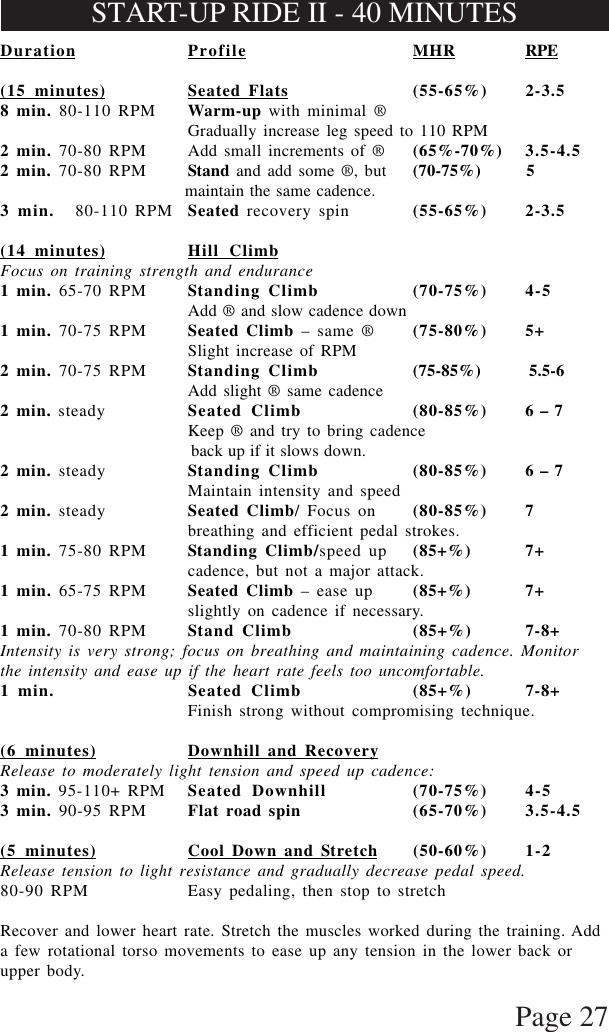 Page 27Duration Profile MHR RPE(15 minutes) Seated Flats (55-65%) 2-3.58 min. 80-110 RPM Warm-up with minimal ®Gradually increase leg speed to 110 RPM2 min. 70-80 RPM Add small increments of ® (65%-70%) 3.5-4.52 min. 70-80 RPM Stand and add some ®, but (70-75%)        5                    maintain the same cadence.3 min. 80-110 RPM Seated recovery spin (55-65%) 2-3.5(14 minutes) Hill ClimbFocus on training strength and endurance1 min. 65-70 RPM Standing Climb (70-75%) 4-5Add ® and slow cadence down1 min. 70-75 RPM Seated Climb – same ® (75-80%) 5+Slight increase of RPM2 min. 70-75 RPM Standing Climb (75-85%)        5.5-6Add slight ® same cadence2 min. steady Seated Climb (80-85%) 6 – 7Keep ® and try to bring cadence                       back up if it slows down.2 min. steady Standing Climb (80-85%) 6 – 7Maintain intensity and speed2 min. steady Seated Climb/ Focus on (80-85%) 7breathing and efficient pedal strokes.1 min. 75-80 RPM Standing Climb/speed up (85+%) 7+cadence, but not a major attack.1 min. 65-75 RPM Seated Climb – ease up (85+%) 7+slightly on cadence if necessary.1 min. 70-80 RPM Stand Climb (85+%) 7-8+Intensity is very strong; focus on breathing and maintaining cadence. Monitorthe intensity and ease up if the heart rate feels too uncomfortable.1 min. Seated Climb (85+%) 7-8+Finish strong without compromising technique.(6 minutes) Downhill and RecoveryRelease to moderately light tension and speed up cadence:3 min. 95-110+ RPM Seated Downhill (70-75%) 4-53 min. 90-95 RPM Flat road spin (65-70%) 3.5-4.5(5 minutes) Cool Down and Stretch (50-60%) 1-2Release tension to light resistance and gradually decrease pedal speed.80-90 RPM Easy pedaling, then stop to stretchRecover and lower heart rate. Stretch the muscles worked during the training. Adda few rotational torso movements to ease up any tension in the lower back orupper body.START-UP RIDE II - 40 MINUTES