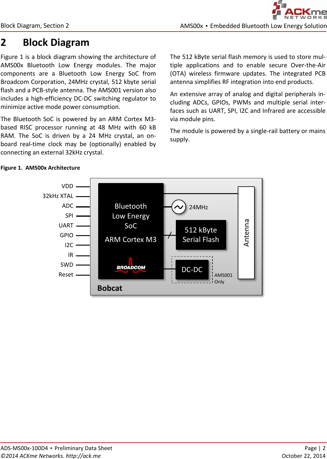 AMS00x • Embedded Bluetooth Low Energy Solution  Block Diagram, Section 2 ADS-MS00x-100D4 • Preliminary Data Sheet    Page | 2 ©2014 ACKme Networks. http://ack.me    October 22, 2014 2 Block DiagramFigure 1 is a block diagram showing the architecture of AMS00x  Bluetooth  Low  Energy  modules.  The  major components  are  a  Bluetooth  Low  Energy  SoC  from Broadcom Corporation, 24MHz crystal, 512xkbyte serial flash and a PCB-style antenna. The AMS001 version also includes a high-efficiency DC-DC switching regulator to minimize active mode power consumption. The  Bluetooth  SoC  is  powered by  an  ARM  Cortex  M3-based  RISC  processor  running  at  48  MHz  with  60  kB RAM.  The  SoC  is  driven  by  a  24  MHz  crystal,  an  on-board  real-time  clock  may  be  (optionally)  enabled  by connecting an external 32kHz crystal.  The 512 kByte serial flash memory is used to store mul-tiple  applications  and  to  enable  secure  Over-the-Air (OTA)  wireless  firmware  updates.  The  integrated  PCB antenna simplifies RF integration into end products. An extensive array of analog and digital peripherals in-cluding  ADCs,  GPIOs,  PWMs  and  multiple  serial  inter-faces such as UART, SPI, I2C and Infrared are accessible via module pins.  The module is powered by a single-rail battery or mains supply.   Figure 1.  AMS00x Architecture        VDD  32kHz XTAL ADC SPI UART GPIO I2C IR SWD Reset 512 kByte  Serial Flash Bobcat  Antenna DC-DC AMS001 Only   24MHz  Bluetooth Low Energy SoC  ARM Cortex M3    