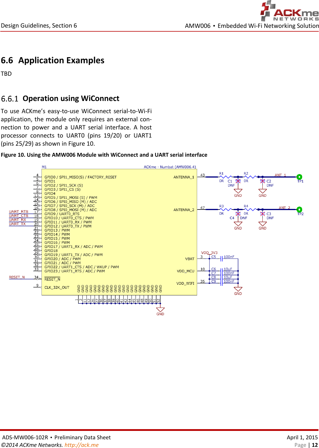 AMW006 • Embedded Wi-Fi Networking Solution  Design Guidelines, Section 6  ADS-MW006-102R • Preliminary Data Sheet    April 1, 2015 ©2014 ACKme Networks. http://ack.me    Page | 12  6.6 Application Examples TBD   Operation using WiConnect To  use  ACKme’s  easy-to-use WiConnect  serial-to-Wi-Fi application, the module only  requires an external con-nection  to  power  and  a  UART  serial  interface.  A  host processor  connects  to  UART0  (pins  19/20)  or  UART1 (pins 25/29) as shown in Figure 10.  Figure 10. Using the AMW006 Module with WiConnect and a UART serial interface   