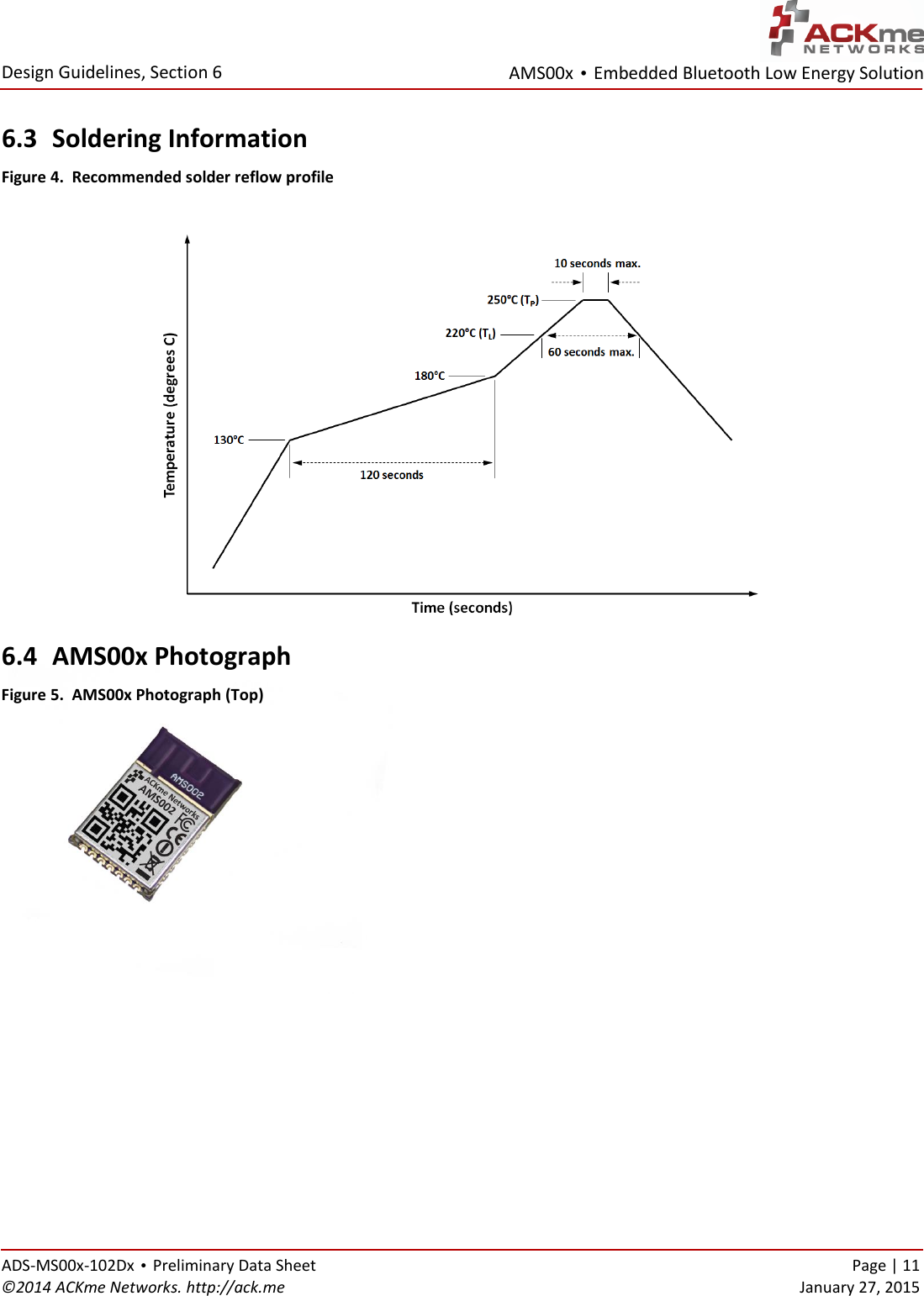 AMS00x • Embedded Bluetooth Low Energy Solution  Design Guidelines, Section 6 ADS-MS00x-102Dx • Preliminary Data Sheet    Page | 11 ©2014 ACKme Networks. http://ack.me    January 27, 2015 6.3 Soldering Information Figure 4.  Recommended solder reflow profile   6.4 AMS00x Photograph Figure 5.  AMS00x Photograph (Top)       
