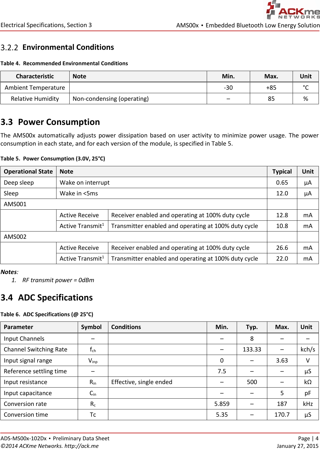 AMS00x • Embedded Bluetooth Low Energy Solution  Electrical Specifications, Section 3 ADS-MS00x-102Dx • Preliminary Data Sheet    Page | 4 ©2014 ACKme Networks. http://ack.me    January 27, 2015  Environmental Conditions Table 4.  Recommended Environmental Conditions Characteristic Note Min. Max. Unit Ambient Temperature  -30 +85 °C Relative Humidity Non-condensing (operating) – 85 %  3.3 Power Consumption The  AMS00x  automatically adjusts  power  dissipation  based  on  user  activity to  minimize  power  usage.  The  power consumption in each state, and for each version of the module, is specified in Table 5. Table 5.  Power Consumption (3.0V, 25°C) Operational State Note Typical Unit Deep sleep Wake on interrupt 0.65 µA Sleep Wake in &lt;5ms 12.0 µA AMS001    Active Receive Receiver enabled and operating at 100% duty cycle 12.8 mA Active Transmit1 Transmitter enabled and operating at 100% duty cycle 10.8 mA AMS002    Active Receive Receiver enabled and operating at 100% duty cycle 26.6 mA Active Transmit1 Transmitter enabled and operating at 100% duty cycle 22.0 mA Notes:  1. RF transmit power = 0dBm 3.4 ADC Specifications Table 6.  ADC Specifications (@ 25°C) Parameter Symbol Conditions Min. Typ. Max. Unit Input Channels –  – 8 – – Channel Switching Rate fch  – 133.33 – kch/s Input signal range Vinp  0 – 3.63 V Reference settling time –  7.5 – – µS Input resistance Rin Effective, single ended – 500 – kΩ Input capacitance Cin  – – 5 pF Conversion rate Rc  5.859 – 187 kHz Conversion time Tc  5.35 – 170.7 µS 