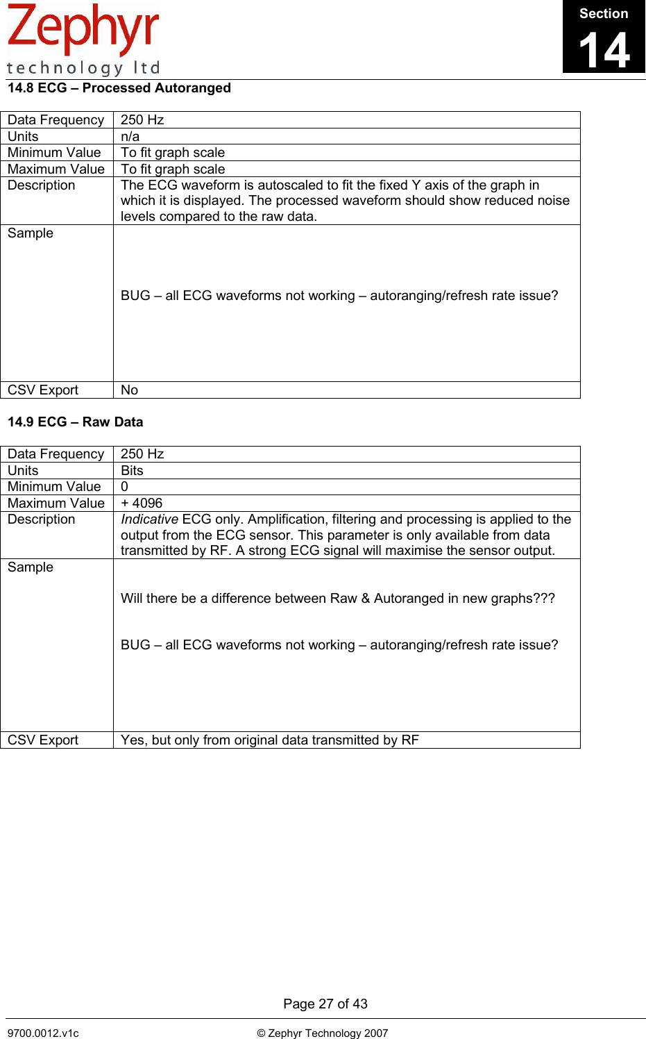      Page 27 of 43 9700.0012.v1c                                                           © Zephyr Technology 2007                                                            14.8 ECG – Processed Autoranged  Data Frequency  250 Hz Units n/a Minimum Value  To fit graph scale Maximum Value  To fit graph scale Description  The ECG waveform is autoscaled to fit the fixed Y axis of the graph in which it is displayed. The processed waveform should show reduced noise levels compared to the raw data. Sample     BUG – all ECG waveforms not working – autoranging/refresh rate issue?      CSV Export  No  14.9 ECG – Raw Data  Data Frequency  250 Hz Units Bits Minimum Value  0 Maximum Value  + 4096 Description  Indicative ECG only. Amplification, filtering and processing is applied to the output from the ECG sensor. This parameter is only available from data transmitted by RF. A strong ECG signal will maximise the sensor output. Sample    Will there be a difference between Raw &amp; Autoranged in new graphs???   BUG – all ECG waveforms not working – autoranging/refresh rate issue?      CSV Export  Yes, but only from original data transmitted by RF Section14