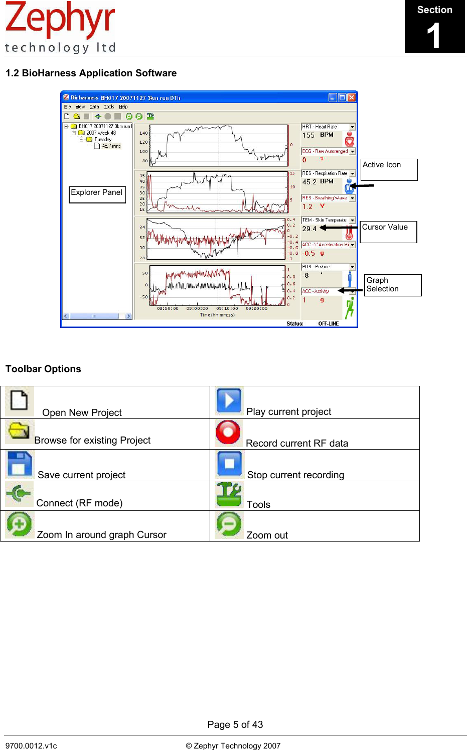      Page 5 of 43 9700.0012.v1c                                                           © Zephyr Technology 2007                                                              1.2 BioHarness Application Software      Toolbar Options     Open New Project   Play current project Browse for existing Project   Record current RF data  Save current project   Stop current recording  Connect (RF mode)   Tools  Zoom In around graph Cursor   Zoom out Explorer Panel Graph Selection Cursor Value Active Icon Section1